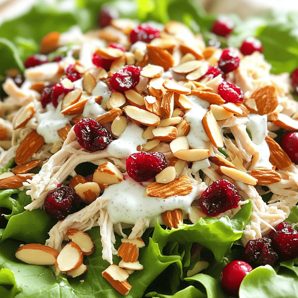 - 2 cups cooked chicken, shredded - 1/2 cup dried cranberries - 1/2 cup sliced almonds - 1/2 cup plain Greek yogurt The main ingredients in this salad create a great mix of flavors and textures. The chicken is the star here, providing a hearty base. I love using shredded chicken because it blends well with the other ingredients. Dried cranberries add a sweet touch that brightens the dish. The sliced almonds bring a nice crunch that contrasts with the creaminess of the Greek yogurt. - 2 tablespoons honey - 1 tablespoon Dijon mustard The dressing is simple but powerful. Honey gives a hint of sweetness, while the Dijon mustard adds a tangy zing. Together, they make the salad taste fresh and exciting. - 1/4 cup celery, finely chopped - 1/4 cup red onion, finely chopped - Salt and pepper to taste - Fresh greens for serving The chopped celery and red onion add a nice crispness. They also bring in some sharp flavors that balance the sweetness of the cranberries. A little salt and pepper enhance all the tastes. Finally, serving the salad on fresh greens makes it look vibrant and inviting. For the full recipe, you can check out the details above. - In a large bowl, combine 2 cups of shredded chicken, 1/2 cup of dried cranberries, and 1/2 cup of sliced almonds. This mix gives a nice crunch and sweetness. - In a separate bowl, whisk together 1/2 cup of plain Greek yogurt, 2 tablespoons of honey, and 1 tablespoon of Dijon mustard until the mixture is smooth. This dressing ties the salad together. - Next, add 1/4 cup of finely chopped celery and 1/4 cup of finely chopped red onion to the chicken mixture. These ingredients add fresh flavor. - Pour the yogurt dressing over the salad and gently fold everything together. This helps coat each ingredient evenly without breaking them apart. - Taste the salad and adjust seasoning with salt and pepper. Mix lightly again to blend the flavors. - Chill the salad for at least 30 minutes before serving. This step enhances the taste, making it even more delightful. For the complete recipe, check out the Full Recipe. To make your cranberry almond chicken salad shine, chilling is key. I recommend letting it rest in the fridge for at least 30 minutes. This allows all the flavors to blend well. You can also adjust the honey and mustard to fit your taste. If you like it sweeter, add more honey. For a tangy kick, increase the Dijon mustard. Serving this salad is also an art. You can present it on a large platter for sharing or in individual bowls for a personal touch. Adding extra sliced almonds and cranberries on top makes it look appealing. This not only enhances the look but also adds a nice crunch. Each serving of this salad packs a punch. You get about 300 calories, with 25 grams of protein. It also contains healthy fats from the almonds and yogurt. The dried cranberries add natural sweetness along with vitamins. This dish is balanced and tasty, making it a great choice for lunch or dinner. {{image_2}} You can easily swap ingredients to suit your taste. Use chicken thighs instead of chicken breast for a richer flavor. Thighs bring more moisture and depth to the dish. If you want a creamier texture, replace Greek yogurt with mayonnaise. This change gives the salad a different, smooth feel. To make this salad gluten-free, always check the labels on your ingredients. Some sauces and dressings might contain gluten. You can also add more veggies, like bell peppers or carrots. These add extra crunch and color, making the dish even more appealing. Herbs can boost the taste. Try adding fresh dill or parsley for a bright flavor. These herbs enhance the overall freshness of the salad. Another fun idea is to add a splash of citrus, like lemon or lime juice. This zesty twist brightens the dish and balances the sweetness of the cranberries. For the full recipe, check the original section. Store your cranberry almond chicken salad in an airtight container in the fridge. This keeps it fresh and tasty. For the best flavor and texture, eat it within 3 days. Freezing this salad is not the best idea. It can change the texture and make it mushy. If you must freeze it, keep the chicken separate. You can mix it back when you are ready to eat. If you freeze the chicken, thaw it overnight in the fridge. This helps keep the salad fresh when you mix it all together again. For the full recipe, check the earlier section. You can prepare the ingredients in advance. Chop and mix everything shortly before serving. This keeps the salad fresh and tasty. Yes, shredded turkey works great as a substitute. It adds a nice twist to the dish. Pair it with crackers, bread, or a light side salad. This makes for a complete meal. Yes, this salad is packed with protein and healthy fats. It is also low in carbs, making it a smart choice. This blog post covered how to make a tasty Cranberry Almond Chicken Salad. We discussed the main ingredients, step-by-step instructions, and tips for perfecting flavors. You learned about variations for dietary needs and storage tips to keep your salad fresh. In conclusion, this salad is delicious and easy to customize. Whether for lunch or a gathering, it’s sure to be a hit. Enjoy making this meal your own!