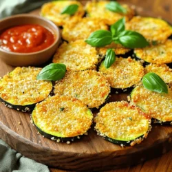 To make Zucchini Parmesan Crisps, you need just a few simple ingredients. Here’s what you'll need: - 2 medium zucchinis - 1 cup grated Parmesan cheese - 1 cup panko breadcrumbs - 1 teaspoon garlic powder - 1 teaspoon onion powder - 1 teaspoon Italian seasoning - Salt and pepper to taste - Olive oil spray Using fresh zucchinis makes a big difference. Look for ones that are firm and shiny. The Parmesan cheese gives a rich flavor, while panko breadcrumbs create that perfect crunch. For the spices, garlic powder and onion powder add warmth. Italian seasoning brings all those great flavors together. Don't forget to season with salt and pepper! When you have everything ready, you're set to create a delicious snack. For the full recipe, follow the steps ahead and enjoy your crunchy treats! First, you need to preheat your oven to 425°F (220°C). This step helps your crisps turn out golden and crunchy. Next, line a baking sheet with parchment paper. This makes cleanup easy and keeps the crisps from sticking. For slicing the zucchinis, aim for thin rounds about 1/4 inch thick. Use a sharp knife for clean cuts. If the slices are too thick, they won't crisp well. Pat the slices dry with paper towels. This step helps remove excess moisture, leading to a better crunch. In a large bowl, mix the grated Parmesan cheese, breadcrumbs, garlic powder, onion powder, and Italian seasoning together. Add salt and pepper to your taste. Stir well until everything is fully mixed. This blend is key for flavor and helps the zucchini crisps taste amazing. Take each zucchini slice and coat it in the cheese mixture. Press lightly to make sure the coating sticks. Lay the coated slices on the baking sheet in a single layer. Make sure to leave some space between each slice. This helps them crisp up evenly during baking. Bake the zucchini crisps in your preheated oven for about 20-25 minutes. Keep an eye on them. You want them golden brown and crispy. Halfway through baking, flip the slices for even cooking. This step is crucial for that perfect crunch. Following these steps will lead you to delicious Zucchini Parmesan Crisps. For the full recipe, check the earlier section. Enjoy your tasty snack! To get the best crunch, use fresh zucchinis. Slice them thin, about 1/4 inch thick. Patting them dry is key. Moisture will make them soft. After you slice the zucchinis, use paper towels to soak up extra water. This step is crucial for crispy results. For dips, marinara sauce works perfectly. It adds a nice flavor. You can also try ranch or a yogurt dip. To impress guests, serve the crisps on a colorful platter. Add fresh basil leaves for a pop of color. It makes your dish look fancy. You can change the cheese for a new taste. Try mozzarella or cheddar for something different. Adding spices like paprika or cumin can also spice things up. If you want to cook differently, use an air fryer. It will give you a nice crunch with less oil. A skillet works too; just watch the heat to avoid burning. For the full recipe, check out the ingredients and steps I provided earlier. {{image_2}} You can make Zucchini Parmesan Crisps even more tasty with some spices or herbs. Try adding paprika for a bit of heat. A pinch of cayenne can boost the flavor too. If you like fresh herbs, toss in some chopped basil or oregano. These additions bring new life to each bite. You can also change the cheese to switch things up. While Parmesan is great, try using Pecorino Romano for a saltier kick. Mozzarella gives a gooey texture that pairs well with the crispiness. Experimenting with cheese lets you find your favorite taste. If you need a gluten-free option, you can swap breadcrumbs. Use ground almonds or crushed cornflakes. Both work well and keep the crispiness. Just ensure the substitute is certified gluten-free. For a vegan version, use plant-based cheese. Brands offer styles that melt well and taste great. Nutritional yeast is another option that adds a cheesy flavor without dairy. You can also skip the cheese entirely and focus on herbs and spices for a bold flavor. To keep your Zucchini Parmesan Crisps fresh, place them in an airtight container. Use a container that fits the crisps without stacking them too high. This helps avoid moisture buildup. Store in the fridge for up to three days. If you notice any moisture, lay a paper towel inside the container. This will absorb extra moisture and keep them crisp. To reheat your crisps while keeping them crunchy, use the oven. Preheat your oven to 375°F (190°C). Spread the crisps on a baking sheet in a single layer. Heat for about 10 minutes. Check them often to avoid burning. This method restores their crunch without making them soggy. Avoid using the microwave, as it makes them soft. Zucchini Parmesan Crisps can stay fresh for about 3 days in the fridge. Store them in an airtight container to keep them dry. If you want to keep them longer, you can freeze them. Frozen crisps last up to 2 months. Just remember to let them cool completely before freezing. Yes, you can make these crisps ahead of time. Prepare the zucchini and coat them in the cheese mixture. You can store them in the fridge for a few hours before baking. This way, they stay fresh and tasty. Bake them just before serving for the best crunch. If your crisps aren’t crispy, check a few things. First, make sure you sliced the zucchini thinly. Thick slices hold more moisture. Next, pat them dry before coating. This step helps reduce sogginess. Also, ensure you bake them long enough and flip them halfway through cooking. Absolutely! You can use other veggies like eggplant or squash. They work well with the same coating. Just slice them thin and follow the same steps. You can even mix different veggies for a fun twist! This post covered how to make Zucchini Parmesan Crisps. We looked at ingredients, step-by-step instructions, and tips for perfecting the dish. You learned how to mix, coat, and bake zucchini for a crunchy snack. We also explored variations and storage advice. In the end, these crisps are fun to make and delicious to eat. Enjoy experimenting with flavors and serving ideas! Your kitchen will never be the same once you try this recipe.