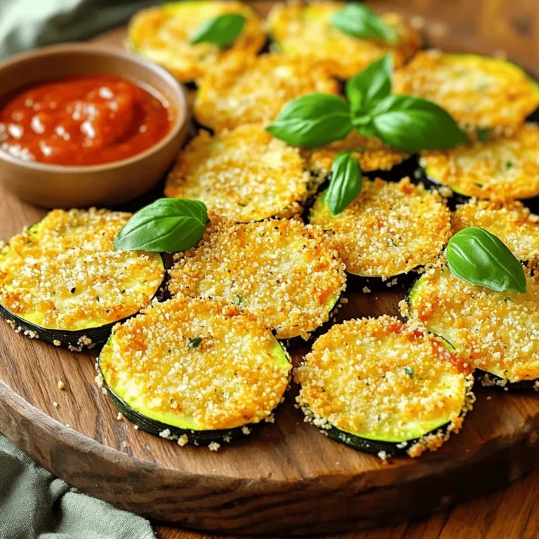 To make Zucchini Parmesan Crisps, you need just a few simple ingredients. Here’s what you'll need: - 2 medium zucchinis - 1 cup grated Parmesan cheese - 1 cup panko breadcrumbs - 1 teaspoon garlic powder - 1 teaspoon onion powder - 1 teaspoon Italian seasoning - Salt and pepper to taste - Olive oil spray Using fresh zucchinis makes a big difference. Look for ones that are firm and shiny. The Parmesan cheese gives a rich flavor, while panko breadcrumbs create that perfect crunch. For the spices, garlic powder and onion powder add warmth. Italian seasoning brings all those great flavors together. Don't forget to season with salt and pepper! When you have everything ready, you're set to create a delicious snack. For the full recipe, follow the steps ahead and enjoy your crunchy treats! First, you need to preheat your oven to 425°F (220°C). This step helps your crisps turn out golden and crunchy. Next, line a baking sheet with parchment paper. This makes cleanup easy and keeps the crisps from sticking. For slicing the zucchinis, aim for thin rounds about 1/4 inch thick. Use a sharp knife for clean cuts. If the slices are too thick, they won't crisp well. Pat the slices dry with paper towels. This step helps remove excess moisture, leading to a better crunch. In a large bowl, mix the grated Parmesan cheese, breadcrumbs, garlic powder, onion powder, and Italian seasoning together. Add salt and pepper to your taste. Stir well until everything is fully mixed. This blend is key for flavor and helps the zucchini crisps taste amazing. Take each zucchini slice and coat it in the cheese mixture. Press lightly to make sure the coating sticks. Lay the coated slices on the baking sheet in a single layer. Make sure to leave some space between each slice. This helps them crisp up evenly during baking. Bake the zucchini crisps in your preheated oven for about 20-25 minutes. Keep an eye on them. You want them golden brown and crispy. Halfway through baking, flip the slices for even cooking. This step is crucial for that perfect crunch. Following these steps will lead you to delicious Zucchini Parmesan Crisps. For the full recipe, check the earlier section. Enjoy your tasty snack! To get the best crunch, use fresh zucchinis. Slice them thin, about 1/4 inch thick. Patting them dry is key. Moisture will make them soft. After you slice the zucchinis, use paper towels to soak up extra water. This step is crucial for crispy results. For dips, marinara sauce works perfectly. It adds a nice flavor. You can also try ranch or a yogurt dip. To impress guests, serve the crisps on a colorful platter. Add fresh basil leaves for a pop of color. It makes your dish look fancy. You can change the cheese for a new taste. Try mozzarella or cheddar for something different. Adding spices like paprika or cumin can also spice things up. If you want to cook differently, use an air fryer. It will give you a nice crunch with less oil. A skillet works too; just watch the heat to avoid burning. For the full recipe, check out the ingredients and steps I provided earlier. {{image_2}} You can make Zucchini Parmesan Crisps even more tasty with some spices or herbs. Try adding paprika for a bit of heat. A pinch of cayenne can boost the flavor too. If you like fresh herbs, toss in some chopped basil or oregano. These additions bring new life to each bite. You can also change the cheese to switch things up. While Parmesan is great, try using Pecorino Romano for a saltier kick. Mozzarella gives a gooey texture that pairs well with the crispiness. Experimenting with cheese lets you find your favorite taste. If you need a gluten-free option, you can swap breadcrumbs. Use ground almonds or crushed cornflakes. Both work well and keep the crispiness. Just ensure the substitute is certified gluten-free. For a vegan version, use plant-based cheese. Brands offer styles that melt well and taste great. Nutritional yeast is another option that adds a cheesy flavor without dairy. You can also skip the cheese entirely and focus on herbs and spices for a bold flavor. To keep your Zucchini Parmesan Crisps fresh, place them in an airtight container. Use a container that fits the crisps without stacking them too high. This helps avoid moisture buildup. Store in the fridge for up to three days. If you notice any moisture, lay a paper towel inside the container. This will absorb extra moisture and keep them crisp. To reheat your crisps while keeping them crunchy, use the oven. Preheat your oven to 375°F (190°C). Spread the crisps on a baking sheet in a single layer. Heat for about 10 minutes. Check them often to avoid burning. This method restores their crunch without making them soggy. Avoid using the microwave, as it makes them soft. Zucchini Parmesan Crisps can stay fresh for about 3 days in the fridge. Store them in an airtight container to keep them dry. If you want to keep them longer, you can freeze them. Frozen crisps last up to 2 months. Just remember to let them cool completely before freezing. Yes, you can make these crisps ahead of time. Prepare the zucchini and coat them in the cheese mixture. You can store them in the fridge for a few hours before baking. This way, they stay fresh and tasty. Bake them just before serving for the best crunch. If your crisps aren’t crispy, check a few things. First, make sure you sliced the zucchini thinly. Thick slices hold more moisture. Next, pat them dry before coating. This step helps reduce sogginess. Also, ensure you bake them long enough and flip them halfway through cooking. Absolutely! You can use other veggies like eggplant or squash. They work well with the same coating. Just slice them thin and follow the same steps. You can even mix different veggies for a fun twist! This post covered how to make Zucchini Parmesan Crisps. We looked at ingredients, step-by-step instructions, and tips for perfecting the dish. You learned how to mix, coat, and bake zucchini for a crunchy snack. We also explored variations and storage advice. In the end, these crisps are fun to make and delicious to eat. Enjoy experimenting with flavors and serving ideas! Your kitchen will never be the same once you try this recipe.