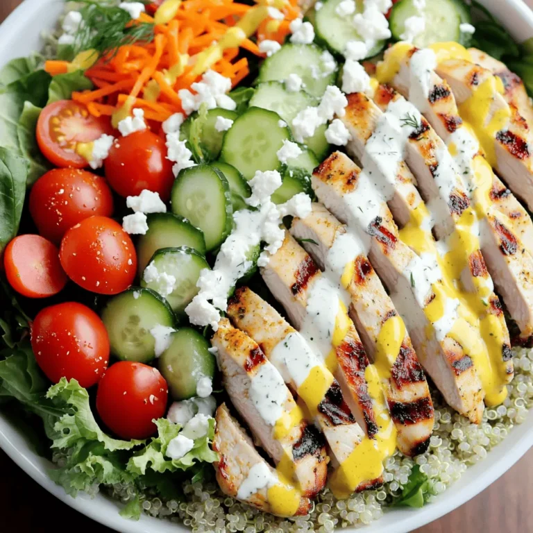- 2 boneless, skinless chicken breasts - 1 cup dill pickles, chopped - 1/2 cup ranch dressing - 1 cup quinoa, rinsed and drained - 2 cups vegetable broth (or water) - 1 cup cherry tomatoes, halved - 1 cucumber, diced - 1 cup shredded carrots - 2 cups mixed greens (spinach, arugula, etc.) - Optional: 1/4 cup feta cheese, crumbled - Salt and pepper to taste - Fresh dill for garnish - Additional toppings or variations - Different types of greens - Calories per serving - Macronutrient breakdown When I create a Pickle Ranch Chicken Buddha Bowl, I focus on fresh ingredients. The chicken breasts soak up the flavor from the dill pickles and ranch dressing. This adds tanginess and zest. The quinoa serves as a hearty base. It absorbs the broth well and gives a great texture. Each bite offers a mix of flavors. The cherry tomatoes bring sweetness while the cucumber adds crunch. Shredded carrots provide color and a slight earthiness. The mixed greens give a refreshing balance. You can even add feta cheese for a salty kick. This dish is not just tasty but also nutritious. It is filled with proteins, good fats, and fiber. You can adjust the greens and toppings to your liking. This makes it versatile for all eaters. For the full recipe, check out the detailed instructions. This will guide you step by step for a delicious meal. Start by marinating the chicken. In a bowl, mix chopped dill pickles and ranch dressing. Add the chicken breasts and coat them well. Cover the bowl and place it in the fridge for at least 30 minutes. This step infuses the chicken with great flavor. While the chicken marinates, cook the quinoa. In a saucepan, bring 2 cups of vegetable broth (or water) to a boil. Once boiling, add 1 cup of rinsed and drained quinoa. Reduce the heat, cover, and let it simmer for 15-20 minutes. The quinoa is done when it is fluffy and the liquid is absorbed. To check doneness, taste a small spoonful. It should be tender but not mushy. After cooking, fluff it with a fork and set it aside. Next, preheat your grill or grill pan over medium-high heat. Take the marinated chicken out of the fridge and shake off any extra dressing. Place the chicken on the grill. Cook each side for about 6-7 minutes. The chicken is ready when it reaches an internal temperature of 165°F (75°C). Once cooked, remove it from the grill and let it rest for a few minutes before slicing. This resting period keeps the chicken juicy. For all the details, check the Full Recipe. To make your bowl pop, use large, shallow bowls. Start with a base of quinoa. Then, layer each ingredient neatly. Place the mixed greens first, followed by grilled chicken, cherry tomatoes, cucumber, and carrots. This way, every bite has a bit of everything. Top it off with a sprinkle of fresh dill. It adds color and flavor. For the best flavor, marinate your chicken well. Mix the chopped dill pickles and ranch dressing in a bowl. Coat your chicken breasts evenly. Marinate for at least 30 minutes. If you have time, try to marinate for a few hours. This gives the chicken time to soak up all the flavors. To avoid dry chicken, ensure your grill is hot before cooking. Grill the chicken for about 6-7 minutes on each side. Use a meat thermometer to check the internal temperature. It should reach 165°F (75°C). For the quinoa, bring vegetable broth to a boil, then reduce heat and cover. Cook until fluffy, about 15-20 minutes. Fluff it with a fork for the best texture. {{image_2}} If you want to mix things up, try different dressings instead of ranch. You can use yogurt-based dressings or a homemade vinaigrette. These will give your bowl a fresh twist. For protein, chicken is great, but you can also use tofu or shrimp. Tofu absorbs flavors well, making it a perfect match for your bowl. Shrimp adds a nice seafood touch and cooks quickly. If you follow a low-carb or keto diet, swap quinoa for cauliflower rice. Cauliflower rice is low in carbs and still provides a nice base. You can also use leafy greens instead of grains for a lighter option. For a vegan twist, replace chicken with chickpeas or a plant-based protein. Use vegan ranch dressing to keep the flavors. This way, everyone can enjoy a tasty meal. To boost the taste, add spices or herbs. Paprika, garlic powder, or fresh parsley will elevate the dish. You can also try adding some red pepper flakes for a little heat. If you want to change the sauce, go for a tahini dressing or a spicy sriracha sauce. These can add depth and excitement to your bowl. With these variations, you can make each meal unique and tasty. For the full recipe, check out [Full Recipe]. You can keep Pickle Ranch Chicken Buddha Bowls in the fridge for up to four days. To store them properly, place the chicken and veggies in separate airtight containers. This keeps everything fresh and tasty. Always let the food cool to room temperature before sealing it. This helps avoid moisture buildup, which can spoil your meal faster. If you want to freeze these bowls, it’s best to separate the components. Cooked chicken and quinoa freeze well. Place them in freezer-safe bags or containers. Be sure to squeeze out as much air as possible before sealing. You can freeze them for up to three months. To reheat, simply thaw in the fridge overnight. Then, warm the chicken and quinoa in a microwave or skillet until hot. To save time, you can prep the ingredients ahead. Cook the quinoa and grill the chicken in advance. Both keep well in the fridge for a few days. Store the quinoa and chicken in separate containers. Use clear glass containers for easy viewing. Chopped veggies like cucumber and carrots can also be prepped and stored. This makes it easy to mix and match for quick meals. Yes, you can use many proteins. Try tofu for a vegetarian option. Grilled shrimp adds a nice touch too. If you prefer beef, thin strips of flank steak work well. You can also use pork tenderloin for a different flavor. Each of these proteins pairs nicely with the pickle ranch flavors. To add heat, consider these options: - Mix in some cayenne pepper or chili powder with the ranch dressing. - Add sliced jalapeños to the bowl for fresh heat. - Use spicy ranch dressing instead of the regular kind. These tweaks will bring a kick to your Pickle Ranch Chicken Buddha Bowls. Pair these bowls with a light side salad for a fresh crunch. Roasted veggies also make a great match. For something heartier, serve warm bread or artisan rolls. You can add a glass of iced tea or lemonade to complete the meal. Each of these sides enhances the main dish's bright flavors. For the full recipe, check out the details above. This blog post covered a delicious chicken buddha bowl recipe packed with flavor and nutrients. We explored the required ingredients, tips for cooking, and creative variations. You learned how to prepare and cook the chicken and quinoa perfectly. Remember, you can adapt this dish to fit your tastes. Feel free to switch ingredients or adjust flavors. This recipe offers endless possibilities and easy meal prep. Enjoy your cooking adventure and make it your own!