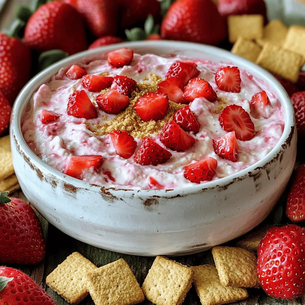 To make a tasty strawberry cheesecake dip, gather these key ingredients: - 8 ounces cream cheese, softened - 1/2 cup powdered sugar - 1 teaspoon vanilla extract - 1/4 cup sour cream - 1 cup fresh strawberries, hulled and diced - 1/2 cup whipped cream (store-bought or homemade) - Graham cracker crumbs for garnish - Extra fresh strawberries for serving These ingredients blend together to create a creamy and sweet dip that everyone will love. The cream cheese gives it a rich base, while the strawberries add fresh flavor. When choosing cream cheese, I suggest brands like Philadelphia or Kraft. They both offer a smooth texture. For whipped cream, I like using Cool Whip. If you want to make whipped cream at home, heavy cream from brands like Horizon or Organic Valley works great too. Using high-quality brands ensures the best taste for your dip. If you have dietary needs, some easy swaps work well. For a dairy-free option, use vegan cream cheese and coconut whipped cream. If you want less sugar, try a sugar substitute in place of powdered sugar. You can also use Greek yogurt instead of sour cream for a tangy twist. These options keep the dip delicious while catering to your needs. For the full recipe, check out the complete instructions. To start, gather your ingredients. You need 8 ounces of cream cheese, 1/2 cup powdered sugar, 1 teaspoon vanilla extract, 1/4 cup sour cream, 1 cup diced fresh strawberries, and 1/2 cup whipped cream. This will create a rich, creamy dip. First, place the softened cream cheese in a medium bowl. Use an electric mixer to beat it until smooth. This will make the base of your dip. Next, add the powdered sugar and vanilla extract. Mix until it is well combined. Then, pour in the sour cream. Continue to mix until the dip is fluffy and smooth. Finally, gently fold in the diced strawberries. This adds fresh flavor and texture to your dip. Keeping your dip smooth is key. When mixing, start at a low speed to avoid splatters. Gradually increase the speed until everything blends well. Use a spatula to scrape the sides of the bowl. This ensures that all ingredients mix evenly. When adding the whipped cream, fold it in gently. This keeps the dip light and airy. A folding motion helps to maintain that fluffy texture. You want it to be creamy, not runny. For serving, choose a nice bowl. A clear bowl shows off the dip's creamy texture and strawberry pieces. Sprinkle graham cracker crumbs on top for a fun touch. I like to arrange extra fresh strawberries and graham crackers around the bowl. It makes the dish look inviting. Guests can dip strawberries or crackers right into the dip. This adds a fresh crunch to every bite. For the full recipe, check out the details above. Enjoy! To get the best texture for your dip, start with softened cream cheese. It mixes easily and makes the dip smooth. Use an electric mixer for a creamy blend. Mix until there are no lumps left. After adding the sugar and vanilla, keep mixing. When you add sour cream, blend it well. Finally, fold in the whipped cream gently. This keeps the dip light and fluffy. You can boost the flavor in your dip with a few extras. Consider adding lemon juice for a tangy kick. A pinch of salt can balance the sweetness nicely. You might also try mixing in finely chopped nuts for a crunch. If you love chocolate, add cocoa powder or chocolate chips. Fresh mint can give your dip a fresh taste too. Each add-in can change the flavor and make it special. Avoid these common mistakes for the best dip. First, don’t skip softening the cream cheese. Hard cream cheese will not mix well and create lumps. Second, be careful with mixing speed. If you mix too fast, you can lose that fluffy texture. Also, don’t over-mix after adding strawberries. This can break them down too much. Lastly, remember to serve it cold. A warm dip will not taste as good and can spoil quickly. {{image_2}} You can easily twist the classic dip by adding chocolate. Just mix in 1/4 cup of cocoa powder or melted chocolate into the cream cheese blend. This makes a rich, tasty dip. You can also layer it. Start with a layer of chocolate dip, then add the strawberry dip on top. It looks great and tastes even better! If you want a fruity twist, swap strawberries for other fruits. Blueberries, raspberries, or peaches work well in this dip. Just use the same method. Dice the fruit and fold it into the mixture. You can also use fruit preserves for extra flavor. This way, each bite has a burst of fruit goodness. You can make a vegan version of this dip too! Use vegan cream cheese and coconut whipped cream instead. This keeps the dip creamy and light. You can also use maple syrup instead of powdered sugar for sweetness. This makes a plant-based dip that everyone can enjoy. To keep your Strawberry Cheesecake Dip fresh, store it in an airtight container. Make sure the container is sealed tightly. This helps prevent air from getting in and keeps your dip creamy. Place it in the fridge right after serving. This dip tastes best cold, so chilling is key. When stored properly, this dip lasts about three to five days in the fridge. After that, the taste and texture may change. I recommend checking for any changes in smell or look before serving leftovers. If it seems off, it’s best to toss it. You usually don’t need to reheat Strawberry Cheesecake Dip. It’s meant to be served cold. If you want it a bit softer, let it sit at room temperature for about 15 minutes. This helps bring back its creamy texture. If you are looking for the full recipe, refer to the Full Recipe. Yes, you can make Strawberry Cheesecake Dip ahead of time. I often prepare it a few hours before serving. Just store it in the fridge. This gives the flavors time to blend. The best way to serve this dip is chilled. Use a nice bowl and add fresh strawberries and graham crackers around it. This makes it look pretty and fun. Guests can dip in at their own pace. I don’t recommend freezing this dip. Freezing can change the texture. The cream cheese and whipped cream may separate when thawed. It’s best to enjoy it fresh or chilled. If you want to switch things up, try using pretzels or sliced apples. Both add a tasty contrast. You can also use vanilla wafers for a different flavor. They work well with the dip too. This blog post covered how to make a delicious strawberry cheesecake dip. We discussed key ingredients and brands to consider. I shared tips for texture, serving ideas, and common mistakes to avoid. You can even try fun variations and learn about storage best practices. In the end, this dip is easy to make and a real crowd-pleaser. Enjoy experimenting with flavors and sharing it with your friends and family. You’ll impress everyone with a simple treat!