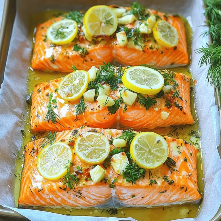 Here are the ingredients you need for garlic butter herb salmon. Each one adds great flavor. - 4 salmon fillets (about 6 oz each) - 4 tablespoons unsalted butter - 4 cloves garlic, minced - 2 tablespoons fresh parsley, chopped - 1 tablespoon fresh dill, chopped - 1 tablespoon fresh lemon juice - Zest of 1 lemon - Salt and pepper to taste - Lemon slices for garnish Using fresh herbs makes a big difference. They add brightness and flavor. I love using parsley and dill. They pair well with salmon. You can also adjust the garlic to your taste. Want more? Just add another clove! Lemon juice and zest give a nice tang. They brighten up the dish. Don’t forget the salt and pepper. They enhance all the flavors. You can find the full recipe for this dish at the end. Enjoy cooking and tasting this delightful meal! - Preheat your oven to 375°F (190°C). - Prepare a baking dish with parchment paper. This helps with easy cleanup. - Pat the salmon dry using paper towels. - Place the salmon in the baking dish, skin-side down. - Season with salt and pepper to taste. - Melt the butter in a small saucepan over low heat. - Add minced garlic and sauté for 1-2 minutes until it smells good. - Remove from heat and mix in parsley, dill, lemon juice, lemon zest, salt, and pepper. - Coat the salmon fillets with the garlic butter mixture. - Bake in the preheated oven for 12-15 minutes. The salmon is ready when it flakes easily. - For extra crispiness, broil the salmon for 2-3 minutes at the end. Make sure to check the [Full Recipe] for detailed steps and flavor tips! When you shop for salmon, you have two main choices: fresh or frozen. - Fresh salmon is often best for taste and texture. Look for bright color and firm flesh. - Frozen salmon can be just as good if it was frozen right after catch. Check for clear eyes and no ice crystals. You can also choose between skin-on and skinless fillets. - Skin-on fillets add flavor and help keep the fish moist. The skin crisps up nicely when cooked. - Skinless fillets offer a clean look and are easy to eat. They can dry out quicker, so watch your cooking time. The garlic butter flavor makes this dish shine. Adjust the garlic to fit your taste. - For a strong garlic flavor, use all four cloves as in the recipe. - If you want a milder taste, reduce the garlic to two cloves. You can also add spices to boost the flavor. - Try a pinch of red pepper flakes for heat. - A dash of smoked paprika can add depth. Experiment to find your favorite mix! Salmon fillets come in different thicknesses, which affects cooking time. - A thin fillet (about 1 inch) cooks in 12 minutes. - A thicker cut (1.5 inches) may need 15 minutes or more. To check for doneness, use a fork to see if the fish flakes easily. - If it looks slightly translucent in the middle, it’s not done yet. - Don’t overcook; salmon is best when it’s moist and tender. For the full recipe, look back at the ingredients and instructions! {{image_2}} You can add your favorite herbs to this dish. Substitute basil or thyme for a new twist. Both herbs add a fresh taste. You can also try sage or tarragon. Sage gives a warm flavor, while tarragon offers a slight anise taste. Mix and match until you find your favorite herb blend. If you want a different zing, try lime or orange juice. These juices can brighten the dish. Lime adds a tartness, while orange brings sweetness. You can also add zest from other citrus fruits. Lemon, lime, or orange zest will deepen the flavor. This small change can surprise your taste buds. Pair your garlic butter herb salmon with tasty sides. Roasted vegetables bring color and nutrition. You can also serve it with grains like rice or quinoa. Both options help soak up the garlic butter sauce. For a light touch, serve a simple salad. A fresh salad complements the rich salmon flavors nicely. To keep your garlic butter herb salmon fresh, store it in the fridge. Place the salmon in an airtight container. This keeps out air and moisture. Use a glass or plastic container with a tight seal. Your salmon will stay fresh for up to three days. To reheat salmon, use the oven or stovetop. The oven is best for even heat. Preheat it to 275°F (135°C). Place the salmon on a baking sheet, then cover it with foil. Heat for about 15 minutes. This method helps keep the salmon moist. If you use the stovetop, keep the heat low. Add a splash of broth or water to prevent dryness. You can freeze your garlic butter herb salmon both before and after cooking. For raw salmon, wrap it tightly in plastic wrap and then in foil. This protects it from freezer burn. It can last for up to three months. For cooked salmon, cool it to room temperature first. Then place it in an airtight container. When you're ready to eat, thaw it in the fridge overnight before reheating. Yes, you can use frozen salmon. Thaw the salmon in the fridge overnight. If you're short on time, run cold water over the sealed salmon for about 20-30 minutes. Once thawed, pat it dry and follow the recipe steps. Cooking from frozen may take a few extra minutes. To check if your salmon is done, look for its color. It should be opaque and easily flake with a fork. The thickest part should reach an internal temperature of 145°F (63°C). Using an instant-read thermometer can help too. You can prep salmon ahead of time. Marinate it in the garlic butter mix and store it in the fridge for up to 24 hours. When ready to cook, just bake it straight from the fridge. This saves time for busy weeknights. If you need a dairy-free option, use olive oil or vegan butter. Both options work well and keep the dish flavorful. Olive oil adds a nice richness, while vegan butter mimics the original taste. In this blog, I covered how to make delicious garlic butter salmon. We discussed the ingredients, step-by-step instructions, and valuable tips. You learned about choosing the best salmon and perfecting the garlic flavor. I also shared tasty variations and helpful storage information. Cooking salmon can be simple and rewarding. With these steps, you can create a meal that impresses. Enjoy the flavors, and don’t hesitate to try your own twists!