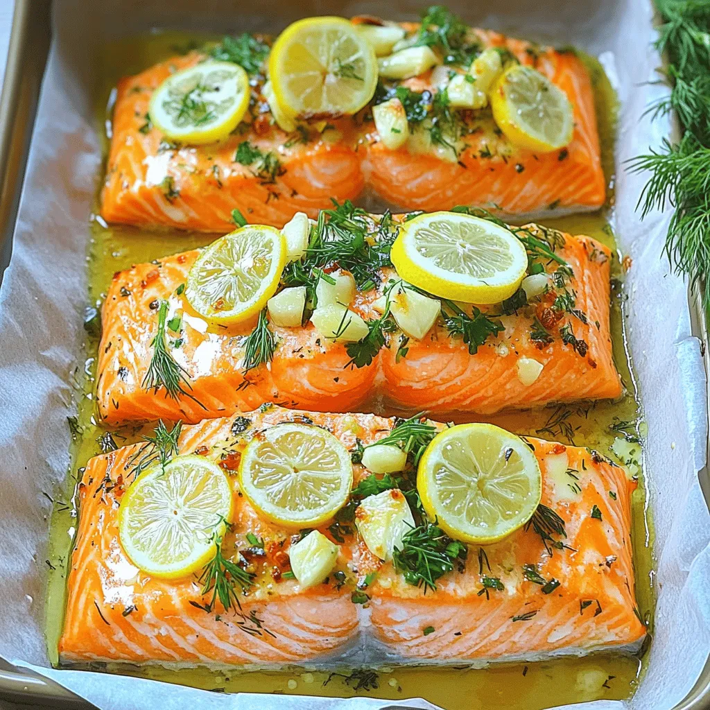 Here are the ingredients you need for garlic butter herb salmon. Each one adds great flavor. - 4 salmon fillets (about 6 oz each) - 4 tablespoons unsalted butter - 4 cloves garlic, minced - 2 tablespoons fresh parsley, chopped - 1 tablespoon fresh dill, chopped - 1 tablespoon fresh lemon juice - Zest of 1 lemon - Salt and pepper to taste - Lemon slices for garnish Using fresh herbs makes a big difference. They add brightness and flavor. I love using parsley and dill. They pair well with salmon. You can also adjust the garlic to your taste. Want more? Just add another clove! Lemon juice and zest give a nice tang. They brighten up the dish. Don’t forget the salt and pepper. They enhance all the flavors. You can find the full recipe for this dish at the end. Enjoy cooking and tasting this delightful meal! - Preheat your oven to 375°F (190°C). - Prepare a baking dish with parchment paper. This helps with easy cleanup. - Pat the salmon dry using paper towels. - Place the salmon in the baking dish, skin-side down. - Season with salt and pepper to taste. - Melt the butter in a small saucepan over low heat. - Add minced garlic and sauté for 1-2 minutes until it smells good. - Remove from heat and mix in parsley, dill, lemon juice, lemon zest, salt, and pepper. - Coat the salmon fillets with the garlic butter mixture. - Bake in the preheated oven for 12-15 minutes. The salmon is ready when it flakes easily. - For extra crispiness, broil the salmon for 2-3 minutes at the end. Make sure to check the [Full Recipe] for detailed steps and flavor tips! When you shop for salmon, you have two main choices: fresh or frozen. - Fresh salmon is often best for taste and texture. Look for bright color and firm flesh. - Frozen salmon can be just as good if it was frozen right after catch. Check for clear eyes and no ice crystals. You can also choose between skin-on and skinless fillets. - Skin-on fillets add flavor and help keep the fish moist. The skin crisps up nicely when cooked. - Skinless fillets offer a clean look and are easy to eat. They can dry out quicker, so watch your cooking time. The garlic butter flavor makes this dish shine. Adjust the garlic to fit your taste. - For a strong garlic flavor, use all four cloves as in the recipe. - If you want a milder taste, reduce the garlic to two cloves. You can also add spices to boost the flavor. - Try a pinch of red pepper flakes for heat. - A dash of smoked paprika can add depth. Experiment to find your favorite mix! Salmon fillets come in different thicknesses, which affects cooking time. - A thin fillet (about 1 inch) cooks in 12 minutes. - A thicker cut (1.5 inches) may need 15 minutes or more. To check for doneness, use a fork to see if the fish flakes easily. - If it looks slightly translucent in the middle, it’s not done yet. - Don’t overcook; salmon is best when it’s moist and tender. For the full recipe, look back at the ingredients and instructions! {{image_2}} You can add your favorite herbs to this dish. Substitute basil or thyme for a new twist. Both herbs add a fresh taste. You can also try sage or tarragon. Sage gives a warm flavor, while tarragon offers a slight anise taste. Mix and match until you find your favorite herb blend. If you want a different zing, try lime or orange juice. These juices can brighten the dish. Lime adds a tartness, while orange brings sweetness. You can also add zest from other citrus fruits. Lemon, lime, or orange zest will deepen the flavor. This small change can surprise your taste buds. Pair your garlic butter herb salmon with tasty sides. Roasted vegetables bring color and nutrition. You can also serve it with grains like rice or quinoa. Both options help soak up the garlic butter sauce. For a light touch, serve a simple salad. A fresh salad complements the rich salmon flavors nicely. To keep your garlic butter herb salmon fresh, store it in the fridge. Place the salmon in an airtight container. This keeps out air and moisture. Use a glass or plastic container with a tight seal. Your salmon will stay fresh for up to three days. To reheat salmon, use the oven or stovetop. The oven is best for even heat. Preheat it to 275°F (135°C). Place the salmon on a baking sheet, then cover it with foil. Heat for about 15 minutes. This method helps keep the salmon moist. If you use the stovetop, keep the heat low. Add a splash of broth or water to prevent dryness. You can freeze your garlic butter herb salmon both before and after cooking. For raw salmon, wrap it tightly in plastic wrap and then in foil. This protects it from freezer burn. It can last for up to three months. For cooked salmon, cool it to room temperature first. Then place it in an airtight container. When you're ready to eat, thaw it in the fridge overnight before reheating. Yes, you can use frozen salmon. Thaw the salmon in the fridge overnight. If you're short on time, run cold water over the sealed salmon for about 20-30 minutes. Once thawed, pat it dry and follow the recipe steps. Cooking from frozen may take a few extra minutes. To check if your salmon is done, look for its color. It should be opaque and easily flake with a fork. The thickest part should reach an internal temperature of 145°F (63°C). Using an instant-read thermometer can help too. You can prep salmon ahead of time. Marinate it in the garlic butter mix and store it in the fridge for up to 24 hours. When ready to cook, just bake it straight from the fridge. This saves time for busy weeknights. If you need a dairy-free option, use olive oil or vegan butter. Both options work well and keep the dish flavorful. Olive oil adds a nice richness, while vegan butter mimics the original taste. In this blog, I covered how to make delicious garlic butter salmon. We discussed the ingredients, step-by-step instructions, and valuable tips. You learned about choosing the best salmon and perfecting the garlic flavor. I also shared tasty variations and helpful storage information. Cooking salmon can be simple and rewarding. With these steps, you can create a meal that impresses. Enjoy the flavors, and don’t hesitate to try your own twists!