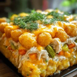 - 2 cups rotisserie chicken, shredded - 1 cup dill pickles, chopped - 1 cup ranch dressing - 1 cup shredded cheddar cheese - 1 cup frozen mixed vegetables (peas, carrots, corn) - 1 teaspoon garlic powder - 1/2 teaspoon onion powder - 1/2 teaspoon black pepper - Fresh dill for garnish (optional) Gathering these ingredients is simple and straightforward. Using rotisserie chicken saves time and adds flavor. Chopping dill pickles gives that tangy crunch we love. Ranch dressing ties it all together, making every bite creamy and zesty. For extra flavor, shredded cheddar cheese melts beautifully on top. Mixed veggies add color and nutrition. Garlic powder boosts the taste without extra effort. The onion powder and black pepper enhance the dish's overall flavor. Fresh dill is a lovely touch to finish it off. It adds a pop of color and fresh taste. If you want to explore more, check out the Full Recipe for detailed steps. This dish is perfect for family dinners or gatherings. It’s easy to make and everyone will love it! - Preheat the oven to 400°F (200°C). - In a large bowl, combine shredded rotisserie chicken, chopped dill pickles, ranch dressing, garlic powder, onion powder, and black pepper. Mix until everything is coated well. In this first step, the key is to ensure you mix the ingredients thoroughly. This allows each bite to have that rich, tangy flavor from the ranch and pickles. The rotisserie chicken adds a savory depth, making it a perfect base for the dish. - Fold in the frozen mixed vegetables and half of the shredded cheddar cheese. - Spread the mixture evenly in a greased 9x13 inch casserole dish. - Layer tater tots on top, making sure they cover the chicken mixture completely. Folding in the mixed vegetables not only adds color but also boosts nutrition. The cheese adds creaminess, balancing the tang from the pickles. Ensure the tater tots are in a single layer for even cooking. - Bake for 25 minutes, or until the tater tots are golden brown and heated through. - Remove the casserole from the oven and sprinkle the remaining shredded cheddar cheese on top. - Return to the oven and bake for an additional 5-7 minutes until bubbly. During baking, the tater tots become crispy, while the cheese melts into a gooey topping. That’s when the magic happens! The aroma fills the kitchen, promising a delightful meal. For the full recipe, you can refer to the earlier section. - Use rotisserie chicken for a quicker preparation. It saves time and adds flavor. - Ensure an even layer of tater tots for even cooking. This way, they all get crispy. - Pair with a side salad or coleslaw. The crunch balances the creamy casserole. - Serve with extra ranch dressing for dipping. It adds a fun twist to every bite. - Add fresh dill or chives for extra freshness. They brighten up the dish nicely. - Drizzle with hot sauce for a spicy kick. This step elevates the flavor profile. For the full recipe, check out the Pickle Ranch Chicken Tater Tot Casserole! {{image_2}} You can easily swap out ingredients for a fresh twist. Instead of chicken, use turkey or tofu. This change gives a nice vegetarian option. Different cheese can also change the flavor. Try mozzarella for a milder taste or pepper jack for a spicy kick. Want to boost the flavor? Add some bacon bits or jalapeños. These add a nice crunch and zest. You can also use spices like paprika or cayenne pepper. They give the dish a warm, vibrant taste. If you’re watching your calories, I have some simple swaps. Use low-fat ranch dressing to cut down on fat. Instead of tater tots, try sweet potato fries or cauliflower tots. These alternatives add great flavor while being lighter. For the full recipe, check out the section on ingredients. After enjoying your Pickle Ranch Chicken Tater Tot Casserole, store leftovers in an airtight container. Keep it in the refrigerator, and it will stay fresh for up to 3 days. When you're ready to dig in again, simply reheat it in the oven or microwave. If you want to save some for later, freeze the casserole before baking. It can last for up to 2 months in the freezer. To bake it, thaw the casserole in the refrigerator overnight. This step ensures even cooking and a tasty meal. When reheating, cover the casserole with foil. This keeps it moist and helps prevent drying out. Heat until warmed through, and make sure the cheese is just melted. This way, you get that delicious, gooey texture that makes this dish so comforting. Yes, cook and shred fresh chicken prior to using. It will work just as well. Cooking fresh chicken gives you more control over the flavors. You can season it to your liking. Just make sure it is fully cooked before adding it to the mix. Shredded rotisserie chicken is great for quick meals, but fresh chicken adds a nice touch. Add jalapeños or a few dashes of hot sauce to the mixture. Spicy pickles can also be a fun twist. This will give the casserole a nice kick. Start with a small amount if you are unsure. You can always add more heat later. It’s all about finding your perfect level of spice. Yes, it stores well and can be made ahead of time for convenience. This dish is perfect for busy weeks. You can prepare it on the weekend and reheat it later. Just store it in an airtight container. It stays tasty in the fridge for up to three days. When you’re ready, just pop it in the oven or microwave to warm it up. For best results, cover it while reheating to keep it moist. This casserole combines rotisserie chicken, pickles, and ranch dressing for a tasty dish. You layer it with cheese and tater tots before baking. Remember, you can swap out ingredients or make it spicy! Store leftovers easily or freeze for later. Enjoy this fun meal for busy nights or gatherings. It's easy, versatile, and always a hit!