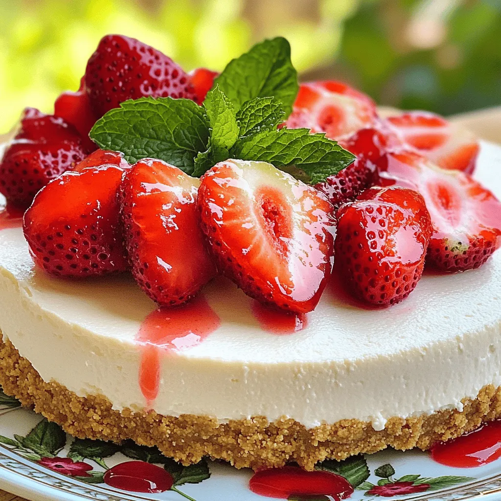 To make the no-bake strawberry cheesecake, gather these key ingredients. This sweet treat is simple yet tasty. Each item brings a unique flavor and texture to the dish. Here’s a closer look at each ingredient: - 1 ½ cups graham cracker crumbs: These form the base of your crust. They add crunch and sweetness. - ½ cup unsalted butter, melted: This binds the crumbs together, giving the crust richness. - 2 cups cream cheese, softened: This is the main filling. It offers a creamy texture and tangy taste. - 1 cup powdered sugar: This sweetens the cream cheese, making it delightful. - 1 teaspoon vanilla extract: This adds warmth and depth to the flavor. - 1 cup heavy whipping cream: This creates a light, airy texture in the filling. - 2 cups fresh strawberries, sliced: These provide the fresh fruit topping. Their natural sweetness shines through. - ¼ cup granulated sugar (for the strawberries): This enhances the strawberries' flavor. It helps them release their juices. - Fresh mint leaves for garnish (optional): This adds a pop of color and a fresh taste for presentation. You can easily adjust the recipe for different diets. Here are some ideas: - For a gluten-free option, use gluten-free graham crackers. - If you want a vegan version, swap cream cheese for a plant-based alternative. - Use maple syrup instead of powdered sugar for a healthier sweetener. - Coconut cream can replace heavy whipping cream for a dairy-free treat. These substitutions make the cheesecake more inclusive for everyone! To start, gather your ingredients for the crust. You will need: - 1 ½ cups graham cracker crumbs - ½ cup unsalted butter, melted In a medium bowl, mix the graham cracker crumbs with the melted butter. Stir until all the crumbs are fully coated. This helps the crust hold together. Next, press this mixture firmly into the bottom of a 9-inch springform pan. Make sure it is even and compact. Place the pan in the refrigerator while you make the filling. This keeps the crust firm. Now, let’s make the filling. Collect these ingredients: - 2 cups cream cheese, softened - 1 cup powdered sugar - 1 teaspoon vanilla extract - 1 cup heavy whipping cream In a large bowl, beat the softened cream cheese using an electric mixer. Mix until smooth and creamy. Gradually add the powdered sugar and vanilla extract. Blend these until well combined. In a separate bowl, whip the heavy cream until soft peaks form. This step adds lightness to your filling. Gently fold the whipped cream into the cream cheese mixture. Be careful not to deflate it. Your filling should be fluffy and smooth. Next, let’s bring it all together. Spread the cream cheese filling evenly over the crust in the springform pan. Use a spatula to smooth out the top. Now, prepare the strawberries: - 2 cups fresh strawberries, sliced - ¼ cup granulated sugar (for the strawberries) In a small bowl, toss the sliced strawberries with the granulated sugar. Let them sit for about 10 minutes. This helps draw out their juices. Once ready, layer the sweetened strawberries over the cheesecake filling. Cover the pan with plastic wrap. Refrigerate for at least 4 hours, or overnight if possible. This allows the cheesecake to set properly. When ready, carefully remove the sides of the springform pan. Slice and serve chilled for a delightful treat! Enjoy your no-bake strawberry cheesecake! For the complete recipe, check the Full Recipe section. For a smooth and creamy cheesecake, make sure your cream cheese is soft. Leave it out for about 30 minutes before mixing. Use an electric mixer to blend the cream cheese well. This step helps avoid lumps. When folding in the whipped cream, do it gently. This keeps the mixture light and airy. One common mistake is not chilling the crust long enough. If the crust is warm, it won't hold the filling well. Make sure to press the crust down firmly. Another mistake is overmixing the filling. This can make it too dense. Lastly, don’t skip letting the cheesecake set in the fridge. It's crucial for the right texture. When choosing strawberries, look for bright red ones. They should be firm and plump. Avoid berries with bruises or white tips. If possible, smell them; ripe strawberries have a sweet scent. For the best flavor, buy strawberries in season. This is usually late spring to early summer. Fresh strawberries truly elevate your no-bake strawberry cheesecake. {{image_2}} You can make a vegan version of this cheesecake. Swap the cream cheese for soaked cashews. Use coconut cream for the whipped cream. The taste stays rich and creamy. Blend soaked cashews with a bit of lemon juice and maple syrup. This gives a nice flavor. Follow the same steps as the original recipe for assembly. For a gluten-free cheesecake, use gluten-free graham crackers. You can also use almond flour or oats for the crust. Just mix them with melted coconut oil instead of butter. This keeps the crust tasty and crunchy. The filling stays the same and is still delicious. You can get creative with flavors! Try adding cocoa powder for a chocolate cheesecake. Mix in lemon zest and juice for a fresh lemon twist. You can even fold in crushed cookies like Oreos for a fun touch. Each variation makes the cheesecake unique and tasty. Enjoy experimenting and find your favorite! To keep your no-bake strawberry cheesecake fresh, cover it tightly. Use plastic wrap or aluminum foil. You can also place it in an airtight container. This will help keep the taste and texture intact. Store it in the fridge for best results. If you want to freeze your cheesecake, slice it first. Wrap each slice in plastic wrap. Then, place them in a freezer-safe bag. This way, you can easily grab a slice when you crave it. When ready to eat, let it thaw in the fridge overnight. Your cheesecake will last about 3 to 4 days in the fridge. If you freeze it, it can last up to 2 months. Just remember, the longer it stays, the more the texture may change. Enjoy it fresh for the best taste! Yes, you can use frozen strawberries. Just thaw them first. Drain off any extra juice. This way, your cheesecake won't get too watery. Frozen berries may change the texture slightly. But they will still add great flavor! The cheesecake needs at least four hours to set. If you can, let it chill overnight. This longer time helps it firm up nicely. The waiting may be hard, but it is worth it for a perfect slice. You can use mascarpone or Greek yogurt as a substitute. Softened tofu is also a good choice for a dairy-free version. Each option will give a different taste. Experiment to find the one you enjoy most! This blog covered how to make a no-bake strawberry cheesecake. We looked at core ingredients and explored smart swaps for dietary needs. We gave step-by-step instructions, from crust prep to filling assembly. The tips highlighted how to avoid common mistakes and pick great strawberries. You have options for vegan, gluten-free, and flavorful twists. Lastly, we discussed how to store leftovers and answered common questions. Follow these steps, and you'll create a delicious dessert that everyone can enjoy. Happy baking!