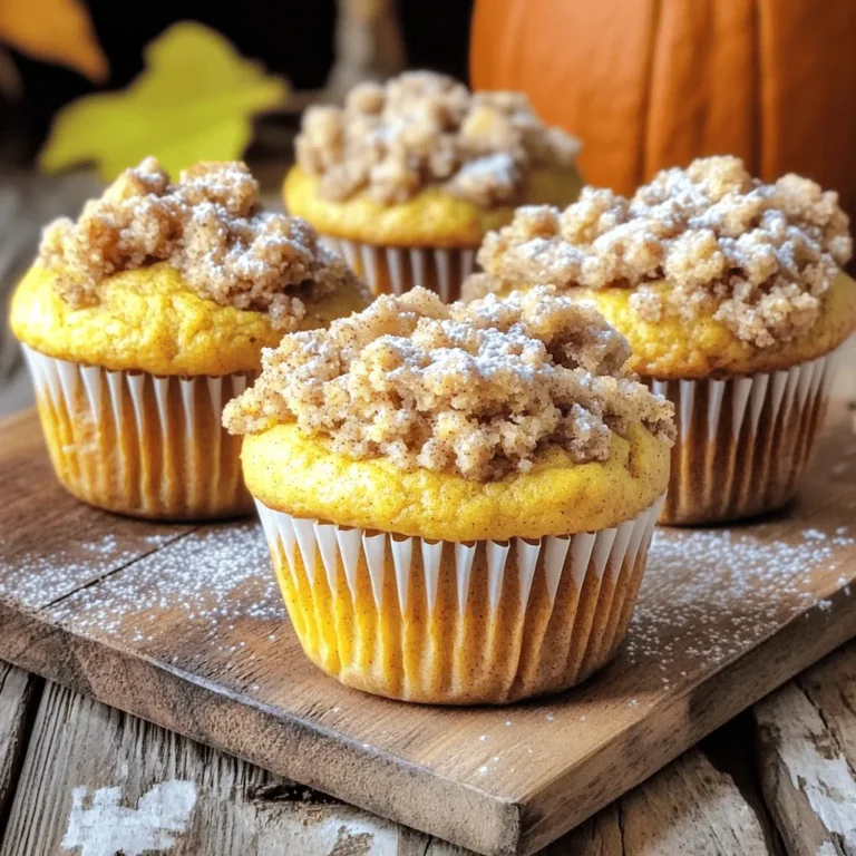 To make the perfect pumpkin streusel muffins, you need key ingredients. Here’s what you should gather: - 1 cup canned pumpkin puree - 1/2 cup vegetable oil - 1/2 cup brown sugar, packed - 1/4 cup granulated sugar - 2 large eggs - 1 teaspoon vanilla extract - 1 1/2 cups all-purpose flour - 1 teaspoon baking powder - 1 teaspoon baking soda - 1 teaspoon cinnamon - 1/2 teaspoon nutmeg - 1/4 teaspoon ginger - 1/4 teaspoon salt - 1/2 cup walnuts or pecans, chopped (optional) These ingredients work together to create a moist and flavorful muffin that sings of fall. You can boost the flavor of your muffins with a few optional ingredients. Consider adding: - 1/2 cup chocolate chips - 1/4 cup dried cranberries or raisins - 1 teaspoon pumpkin pie spice These additions can personalize your muffins and make them even more special. The streusel topping gives these muffins a delightful crunch. Here’s what you’ll need: - 1/3 cup all-purpose flour - 1/3 cup brown sugar, packed - 1 teaspoon cinnamon - 2 tablespoons unsalted butter, melted - 1/4 cup oats Mixing these ingredients creates a crumbly topping that pairs perfectly with the soft muffins. For the full recipe, check out the details above! First, preheat your oven to 350°F (175°C). This step is important for even baking. While the oven heats up, gather your ingredients. You will need canned pumpkin puree, vegetable oil, brown sugar, granulated sugar, eggs, and vanilla extract. In a large bowl, mix these wet ingredients well. Use a whisk to combine them until smooth. Next, in another bowl, combine your dry ingredients. This includes all-purpose flour, baking powder, baking soda, cinnamon, nutmeg, ginger, and salt. Stir these together to ensure an even mix. Now, it’s time to combine the wet and dry mixes. Gently add the dry ingredients to the wet ingredients. Stir carefully until just combined. You want to avoid over-mixing. A few lumps are okay; they help keep the muffins light. If you like nuts, now is the moment to fold in chopped walnuts or pecans for extra crunch. Scoop the muffin batter into your prepared muffin tin. Fill each cup about two-thirds full to allow room for rising. Sprinkle the prepared streusel topping over each muffin. Bake them in your preheated oven for 18 to 22 minutes. Check for doneness by inserting a toothpick into the center; it should come out clean. Once baked, let the muffins cool in the tin for about 5 minutes. Then, transfer them to a wire rack to cool completely. Enjoy your delicious Pumpkin Streusel Muffins! For the complete recipe, refer to the Full Recipe. To make soft and fluffy muffins, follow these steps: - Use room temperature ingredients. This helps the batter mix better. - Don’t over-mix. Stir until just combined. A few lumps are fine. - Fill the cups correctly. Fill each muffin cup about 2/3 full to allow room to rise. Baking can be tricky, but these tips can help: - Measure your ingredients correctly. Use the right tools for measuring. - Check your oven temperature. An oven thermometer ensures it’s accurate. - Watch the baking time. Start checking at 18 minutes to avoid over-baking. Make your muffins look as good as they taste: - Serve warm. This enhances the flavors. - Dust with powdered sugar. It adds a nice touch. - Use a rustic display. A wooden board or cake stand creates a cozy vibe. - Pair with coffee or tea. This makes for a delightful treat. Try these tips while making the Pumpkin Spice Streusel Muffins to ensure a great outcome! For full details, check the Full Recipe. {{image_2}} You can easily make these muffins nut-free. Just skip the walnuts or pecans in the batter. If you love a crunch, try using sunflower seeds or pumpkin seeds instead. They add great texture without any nuts. To make these muffins gluten-free, swap all-purpose flour for a gluten-free blend. Make sure the blend has xanthan gum; this helps bind the muffins. You can also use almond flour for a different texture. Both options work well, and they taste delicious. Want to mix things up? You can add chocolate chips for a sweet twist. Just fold in 1 cup of chocolate chips right before you fill the muffin cups. If you like more spice, add extra cinnamon or a pinch of cloves. You can even add some dried fruits, like cranberries or raisins, for a fruity flavor. Each tweak adds a new layer of taste to your muffins. For the full recipe, check out the Full Recipe section. To keep your pumpkin streusel muffins fresh, store them in an airtight container. This method prevents air from making them dry. You can also use plastic wrap or a resealable bag. Place a paper towel at the bottom of the container to absorb excess moisture. Enjoy your muffins at room temperature for the best taste. If you want to save some muffins for later, freezing is a great option. Wrap each muffin tightly in plastic wrap, then place them in a freezer-safe bag. Label the bag with the date. To reheat, take a muffin out and let it thaw at room temperature. You can warm it in the microwave for about 15-20 seconds. Enjoy it warm for a cozy treat! These muffins can last up to 3 days at room temperature. If you refrigerate them, they can stay fresh for about a week. However, the fridge can dry them out. For the best flavor, eat them within a few days. Always check for any off smells or signs of mold before enjoying. For more details, check the full recipe. You can easily make these muffins vegan by swapping a few ingredients. Replace the eggs with flaxseed meal or chia seeds mixed with water. Use 1 tablespoon of flaxseed meal or chia seeds with 2.5 tablespoons of water for each egg. Substitute the vegetable oil for a plant-based option like coconut oil. You can also use a vegan sugar. This way, you keep the flavor and texture while making them vegan-friendly. Yes, you can use fresh pumpkin! Start by roasting a pumpkin until it’s soft, then scoop out the flesh. Blend it until smooth. Measure out 1 cup of this fresh puree to use in the recipe. Fresh pumpkin may have a slightly different flavor and moisture level. Keep an eye on the baking time, as it may differ from using canned pumpkin. To check if the muffins are done, insert a toothpick into the center of one muffin. If it comes out clean or with a few crumbs, the muffins are ready. If it has wet batter on it, bake them a bit longer. You should also look for a golden-brown color on top. The muffins will spring back when lightly touched, indicating they are fully baked. Now you know how to make delicious pumpkin streusel muffins. We covered the ingredients, step-by-step baking, and helpful tips. You learned variations to match your taste and how to store leftovers. With these insights, you can bake muffins that impress everyone. Have fun in the kitchen and enjoy each bite!