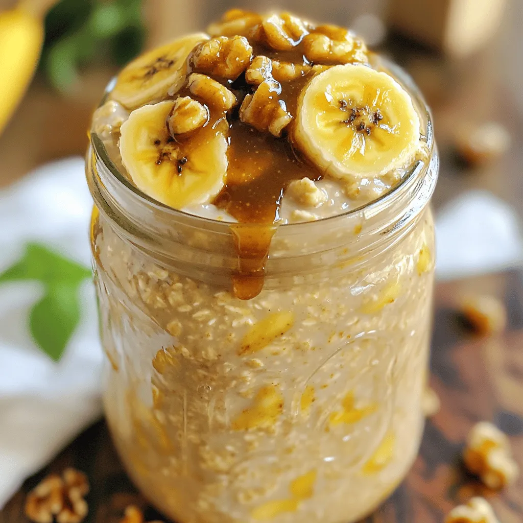 To make Banana Foster Overnight Oats, gather these simple ingredients: - 1 cup rolled oats - 2 ripe bananas, sliced - 1 cup almond milk (or any milk of your choice) - 1 tablespoon maple syrup - 1 teaspoon vanilla extract - 1 teaspoon ground cinnamon - 1 tablespoon unsalted butter - 2 tablespoons brown sugar - 1/4 cup chopped walnuts (optional) - Pinch of salt These ingredients are easy to find. The bananas give a sweet, creamy flavor. The oats soak in the milk, making them soft and tasty. Maple syrup adds a nice touch of sweetness. You can use any milk you like, such as almond, oat, or cow's milk. For the caramel sauce, butter and brown sugar work together to create a delicious topping. If you like nuts, add walnuts for a crunchy bite. You can mix and match these ingredients based on your taste. Each item plays a role in making this dish creamy and delicious. For the full recipe, check the details above. - In a bowl, combine 1 cup of rolled oats, 1 cup of almond milk, and 1 tablespoon of maple syrup. - Add 1 teaspoon of vanilla extract, 1 teaspoon of ground cinnamon, and a pinch of salt. - Stir well until all ingredients mix together. - Slice 1 banana and add half of the slices to the oat mixture. - Stir gently to ensure the banana pieces spread evenly throughout the oats. - In a small pan, melt 1 tablespoon of unsalted butter over medium heat. - Mix in 2 tablespoons of brown sugar until it dissolves. - Add the remaining banana slices and sauté for 1-2 minutes until they soften and caramelize. - Pour the oat mixture into two serving containers, like mason jars. - Top with the warm caramelized banana mixture and any sauce from the pan. - Seal the containers and refrigerate overnight or for at least 4-6 hours. This recipe is simple and allows you to enjoy a tasty breakfast with ease. For the full recipe, check the main ingredients above. To create Banana Foster Overnight Oats, you need the right ratio of oats to liquid. I recommend using 1 cup of rolled oats with 1 cup of almond milk. This balance keeps the oats creamy without being too runny. Soak the oats overnight for a soft and smooth texture. If you want them firmer, reduce the soak time to 4-6 hours. This way, you can adjust the consistency to your taste. You can easily change the sweetness of your oats. Try using honey or agave syrup instead of maple syrup for a different flavor. Explore toppings to make each bowl unique. Chopped nuts, berries, or coconut flakes can add fun textures and tastes. You can mix in some chocolate chips for a treat. The possibilities are endless, so get creative! For a creamier experience, pair your oats with yogurt. A dollop of Greek yogurt can elevate the dish. You can serve your Banana Foster Overnight Oats warm or chilled. If you prefer a warm breakfast, just heat it in the microwave for about 30 seconds. Enjoy it however you like! For the full recipe, check out the [Full Recipe]. {{image_2}} You can make this dish without nuts. Just swap the almond milk for oat or coconut milk. This keeps it creamy while being safe for nut allergies. Also, leave out the walnuts. This makes it an allergy-friendly version that everyone can enjoy. Want a vegan option? Use plant-based butter instead of regular butter. Also, switch the maple syrup for agave if you prefer. For yogurt, try almond or coconut yogurt. This will keep the dish rich and plant-based. You can get creative with this recipe. Add chocolate chips for a sweet twist. Other fruits like berries or peaches can work well too. Want to spice it up? Try adding a dash of nutmeg or ginger. These spices bring a unique flavor that makes your oats special. To keep your Banana Foster Overnight Oats fresh, store them in airtight containers. This helps maintain flavor and texture. Your oats are best enjoyed within 3-5 days. After this time, they might lose some creaminess and taste. Always check for any off smells before eating. You can freeze prepared oats if you want to save some for later. To freeze, place the oats in freezer-safe containers. Leave some space at the top for expansion. When you're ready to eat, thaw them in the fridge overnight. Reheat in the microwave for about 30 seconds before serving. This will help restore the creamy texture. Enjoy your delicious oats even when you’re busy! Yes, you can make Banana Foster Overnight Oats the night before. Just mix everything in a jar. The oats will soak up the flavors as they chill in the fridge. You should eat your overnight oats within 3-5 days for the best taste. After that, they may not be as fresh or tasty. Yes, quick oats will work. However, the texture will be softer and less chewy. If you want more bite, stick with rolled oats. Yes, if you use certified gluten-free oats, this recipe is gluten-free. Always check labels if you have a gluten sensitivity. Yes, you can warm them up. Just pop them in the microwave for about 30 seconds. This makes for a cozy breakfast! For the full recipe, you can check the earlier section. Enjoy making these delicious oats! Banana Foster Overnight Oats are easy and fun to make. You combine simple ingredients like oats, bananas, and almond milk. You can customize the recipe to fit your taste. Adding caramelized bananas makes it special. These oats are great for breakfast or a snack. They last for days and can easily be made ahead of time. Try it warm or chilled! Enjoy making this tasty dish in your kitchen. You can impress friends and family with your new skills.
