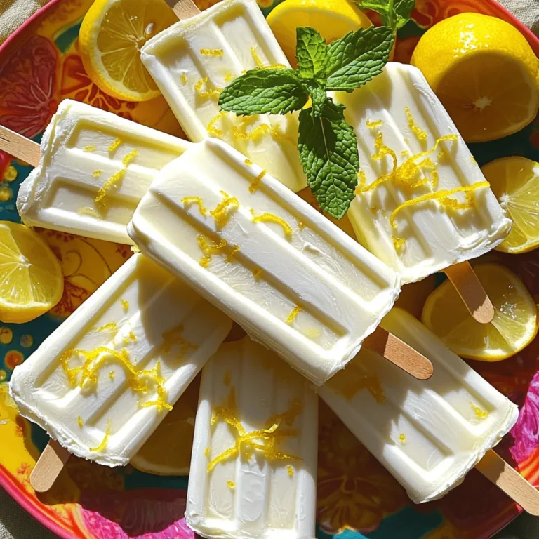 - 2 cups Greek yogurt - 1/2 cup fresh lemon juice - 1/2 cup honey or maple syrup - Zest of 2 lemons - 1 teaspoon vanilla extract - A pinch of salt - Optional: Fresh mint leaves for garnish Greek yogurt lemon popsicles need fresh, simple ingredients. The Greek yogurt gives a creamy base. For the tart flavor, fresh lemon juice is key. Honey or maple syrup adds sweetness. The zest of lemons brings out more flavor. You can also add vanilla extract for depth. A pinch of salt helps balance the taste. If you want to add a touch of color, fresh mint leaves make a great garnish. This combination creates a refreshing treat. You’ll enjoy every bite, especially on warm days. For the full recipe, check the instructions above. To start, you need to mix your Greek yogurt with fresh lemon juice and sweetener. I love using honey or maple syrup for this recipe. They both add a nice sweetness. In a mixing bowl, combine: - 2 cups Greek yogurt - 1/2 cup fresh lemon juice - 1/2 cup honey or maple syrup Next, add some lemon zest, a splash of vanilla extract, and a pinch of salt. The zest gives a bright flavor. Whisk everything together until smooth. Taste the mix and adjust the sweetness if needed. Now it’s time to pour the mixture into your popsicle molds. Leave a little space at the top for the mixture to expand as it freezes. This step is key! After pouring, insert the popsicle sticks into each mold. If you have flexible molds, wait a few minutes before inserting. This makes it easier to insert the sticks. Place the molds in the freezer for 4-6 hours. This allows your popsicles to freeze solid. If you want easy removal, run the molds under warm water for a few seconds. This helps loosen them up. Enjoy your Greek yogurt lemon popsicles right away or store them in a freezer bag for later. Don’t forget to check the full recipe for more details! Taste is key! Start with the recipe and mix Greek yogurt, lemon juice, and sweetener. After mixing, taste it. If it’s too tart, add more honey or maple syrup. Just a little goes a long way. Keep tasting until it's just right for you. A smooth texture makes the popsicles nice. To achieve this, whisk the mixture well. Make sure there are no lumps. If you want to avoid ice crystals, freeze the mixture quickly. This helps keep the pops soft. You can also blend the mixture for an even finer texture. Presentation matters! When serving your popsicles, remove them from molds and place them on a plate. You can drizzle some honey over them for extra sweetness. Add fresh mint leaves for a nice touch. They add color and flavor. You can also cut a lemon in half and place it beside the pops for a fun look. These little details make your popsicles pop! For the complete recipe, check the [Full Recipe]. {{image_2}} You can easily change the flavor of your Greek yogurt lemon popsicles. Try adding fruits like berries or peaches. They mix well and add a sweet touch. Just chop the fruit into small pieces and stir them in. You can also use herbs like basil or mint for a fresh twist. Sweeteners are another way to change the taste. Instead of honey, try agave syrup or coconut sugar. Each brings a unique flavor to your pops. You can even mix sweeteners to find the perfect taste. If you need a vegan option, swap the Greek yogurt for a plant-based yogurt. Almond or coconut yogurt works well. These options keep the pops creamy and delicious. For a sugar-free version, use a sugar substitute like stevia or erythritol. These options keep your pops sweet without the added sugar. Just make sure to test the sweetness as you mix. Make your popsicles look fun with some creative ideas. Layer different flavors in your molds for a colorful treat. For example, pour lemon yogurt, then add a layer of berry mix. This creates a beautiful striped effect. Using unique molds can also add fun. Try star or heart-shaped molds for a festive look. You can even use ice cube trays for mini pops. Just adjust the freezing time as needed. To store your popsicles, place them in a freezer-safe bag or container. Make sure the popsicles are completely frozen before moving them. This keeps them from sticking together. If you use a plastic mold, cover it with plastic wrap. This helps prevent freezer burn. These Greek yogurt lemon popsicles stay fresh for about 2 months in the freezer. After that, they may lose flavor or texture. For best taste, enjoy them within the first month. Always check for ice crystals before eating them. When you’re ready to enjoy a popsicle, run warm water over the mold for a few seconds. This helps loosen the popsicles for easy removal. You can also leave them at room temperature for about 5 minutes. This way, they soften just enough to enjoy without melting too fast. Greek Yogurt Lemon Popsicles can last for up to two months in the freezer. They stay tasty and fresh if stored properly. I recommend sealing them in a freezer bag or container. This helps prevent freezer burn. Yes, you can. If you prefer, try agave syrup or coconut sugar. Both add sweetness with unique flavors. Just keep in mind to adjust the amount based on your taste. Honey and maple syrup work well, but you can experiment! If you lack lemon juice, use lime juice instead. The flavor will change, but it will still taste great. You can also use citric acid dissolved in water if you want a tart flavor. Remember, the goal is to keep it refreshing! Absolutely! Use coconut yogurt or almond yogurt for a dairy-free version. The texture may change slightly, but the flavor remains delightful. This option is perfect for those who avoid dairy or follow a vegan diet. To achieve a creamier texture, try adding a banana or avocado to the mixture. Blend it well with the yogurt. This will give your popsicles a smooth and rich feel, making them even more enjoyable. Yes! You can add berries, mango, or diced peaches to the mix. These fruits add flavor and color. Just blend them into the yogurt mixture or layer them in the molds for a fun look. Popsicles are ready when they feel solid to the touch. Typically, they need at least 4-6 hours in the freezer. If you’re unsure, just check after a few hours. You want them fully frozen for the best experience. Definitely! Just skip the popsicle molds and keep the mixture smooth. Pour it into a bowl and top with your favorite fruits, nuts, or seeds. It makes a refreshing and healthy breakfast or snack. For the full recipe, check out the details above and get started on these tasty treats! You now know how to make Greek yogurt lemon popsicles. We explored the main and optional ingredients and their different roles. I shared step-by-step instructions, tips for the best texture, and ideas for keeping it fresh. You also learned simple variations to suit your taste. Enjoy creating these tasty treats. They are easy to make and perfect for hot days. With your newfound skills, enjoy sharing these popsicles with family and friends!
