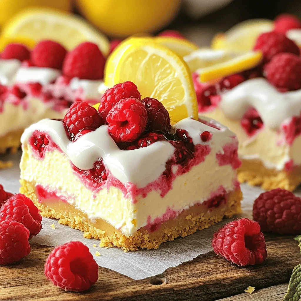 - 1 ½ cups graham cracker crumbs - ½ cup unsalted butter, melted - 16 oz cream cheese, softened - 1 cup granulated sugar - 2 large eggs - Zest of 1 lemon - ¼ cup fresh lemon juice - 1 cup fresh raspberries - Additional ingredients for garnish For the perfect Lemon Raspberry Cheesecake Bars, start with high-quality ingredients. The graham cracker crumbs form a crunchy base. Use unsalted butter for a rich flavor. Softened cream cheese ensures a smooth filling. Granulated sugar balances the tartness of the lemon and raspberries. The eggs help set the cheesecake. Fresh lemon juice and zest add bright flavor. Raspberries provide a sweet and tangy burst. For garnish, I recommend using extra raspberries and a light topping of sour cream mixed with powdered sugar. - Using gluten-free graham crackers - Alternative sweeteners for health-conscious options - Cream cheese alternatives for dairy-free versions If you need alternatives, gluten-free graham crackers work well for the crust. For those watching sugar intake, consider using honey or agave syrup. You can also swap out cream cheese for a dairy-free version made from cashews or tofu. These options still deliver a tasty result while catering to dietary needs. Check the [Full Recipe](#) for detailed instructions on how to bring all these ingredients together. 1. First, preheat your oven to 325°F (160°C). Line an 8x8 inch baking pan with parchment paper. Leave some paper hanging over the sides for easy removal. 2. In a medium bowl, mix 1 ½ cups of graham cracker crumbs, ½ cup of melted butter, and 1 tablespoon of granulated sugar. Stir until it looks like wet sand. 3. Press this mixture evenly into the bottom of the prepared pan to form the crust. Bake for 10 minutes, then take it out and let it cool. 1. In a large mixing bowl, beat 16 ounces of softened cream cheese until it is smooth. This step is key for a creamy texture. 2. Gradually add 1 cup of granulated sugar and mix well. The sugar should blend in fully. 3. Beat in 2 large eggs, one at a time. Mix well after each egg to make sure they are fully combined. 4. Add the zest of 1 lemon and ¼ cup of fresh lemon juice. Don’t forget the 1 teaspoon of vanilla extract. This will add great flavor. Mix until everything is fully combined. 1. Gently fold in 1 cup of fresh raspberries. Be careful not to break them too much; you want some whole berries in the filling. 2. Pour the cream cheese mixture over the cooled crust. Spread it evenly across the crust. 3. Bake in the preheated oven for 30 to 35 minutes. The edges should be set, but the center can be slightly jiggly. 4. Remove the pan from the oven and let it cool at room temperature for about an hour. Then, refrigerate for at least 4 hours or overnight for best results. 5. After chilling, lift the cheesecake out of the pan using the parchment paper. Cut it into bars. Enjoy! For the topping, mix ½ cup of sour cream with 2 tablespoons of powdered sugar. Spread it over the bars and garnish with extra raspberries. You can find the complete process in the [Full Recipe]. To keep your cheesecake bars smooth, avoid cracks. Mix the cream cheese slowly. Do not rush it. After adding eggs, mix just until combined. Overmixing can add air and lead to cracks. When baking, check for doneness without opening the oven door. The edges should be set, but the center should jiggle slightly. Want more zing? Add extra lemon zest or lemon extract. This small change boosts the taste. You can also try different flavors. For a twist, infuse your cheesecake with vanilla bean or almond extract. These flavors pair nicely with lemon and raspberries. Serving these bars can be fun! Use a decorative platter for an elegant touch. Drizzle raspberry sauce over the bars for color and flavor. Garnish with fresh lemon slices and extra raspberries. This adds a pop of brightness and makes the dish look fancy. For the full recipe, check the details above. {{image_2}} You can easily change the flavor of these bars. Swap raspberries for strawberries or blueberries for a fresh twist. Each fruit brings its unique taste and color to the bars. You can also add chocolate chips or swirls for a rich, sweet addition. Just fold them in gently to keep the bars creamy. For vegan options, use plant-based cream cheese and eggs. You can blend silken tofu with lemon juice as a substitute. For low-carb diets, try almond flour for the crust and a sugar alternative like erythritol. This keeps the dessert tasty while fitting your needs. Get creative based on the season! For holidays, add spices like cinnamon or nutmeg. Incorporate seasonal fruits like peaches in summer or cranberries in winter for added flair. These simple adjustments make the bars feel new and exciting all year round. To keep your Lemon Raspberry Cheesecake Bars fresh, store them in the fridge. Place the bars in an airtight container. This helps maintain their creamy texture. They last up to five days. If you want longer storage, freezing is a great option. Wrap each bar in plastic wrap, then put them in a freezer-safe container. They can stay frozen for up to three months. Just remember to label them with the date! When you want to enjoy a bar, take it out of the fridge or freezer. If frozen, let it thaw overnight in the fridge first. To reheat, use the oven. Preheat it to 300°F (150°C). Place the bars on a baking sheet. Heat them for about 10 minutes. This method warms them without making them soggy. After reheating, let them cool for a few minutes before serving. This way, they taste fresh and delightful! To check if the cheesecake bars are done, look for a few key signs. The edges should set firmly, while the center remains slightly jiggly. This slight jiggle means it will firm up as it cools. You can also insert a toothpick into the center. If it comes out mostly clean, they are done. Yes, you can make these bars gluten-free! Use gluten-free graham crackers for the crust. You can also substitute almond flour or crushed nuts for a different texture. Ensure all other ingredients are gluten-free, like the cream cheese and sugar. This way, everyone can enjoy these tasty bars! Lemon Raspberry Cheesecake Bars can last in the fridge for about five days. To keep them fresh, store them in an airtight container. Avoid leaving them out too long to ensure the best taste and texture. Absolutely! Making these cheesecake bars ahead is a great idea. You can prepare them a day or two before serving. Just bake, cool, and chill them in the fridge. This helps the flavors develop and makes your day of serving much easier. For the best results, top them just before serving. For the Full Recipe, check back to the main section. You now have all the tools to make delicious Lemon Raspberry Cheesecake Bars. From gathering essential ingredients to perfecting the texture and flavor, you can craft a treat that impresses. Remember, you can adjust ingredients for dietary needs and choose fun variations. Storing and reheating your bars properly ensures they stay fresh. Enjoy your baking journey, and don't hesitate to experiment with this recipe. Your cheesecake bars will surely be a hit with family and friends!