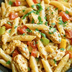 - 1 pound boneless, skinless chicken breasts, diced - 2 tablespoons Cajun seasoning - 1 onion, chopped - 1 bell pepper, diced - 3 cloves garlic, minced The chicken adds protein to this meal. Cajun seasoning gives it a spicy kick. The onion and bell pepper bring sweetness and crunch. Garlic adds depth and flavor. - 1 cup chicken broth - 1 can diced tomatoes (14 oz) - 8 ounces penne pasta The chicken broth makes the dish rich and savory. Diced tomatoes give a juicy texture. Penne pasta holds all the flavors well and cooks just right. - 1 cup heavy cream - Fresh parsley, chopped - Grated Parmesan cheese Heavy cream makes the sauce creamy and smooth. Fresh parsley adds a pop of color and freshness. Parmesan cheese brings a salty finish that ties everything together. This dish is easy and quick to make. You can find the full recipe [here](#). It’s perfect for busy weeknights. - Seasoning Process To start, take your diced chicken breasts and place them in a bowl. Sprinkle the Cajun seasoning over the chicken. Toss the chicken until it is evenly coated. This step adds a great flavor base. - Cooking the Chicken Next, heat the olive oil in a large skillet over medium-high heat. Once the oil is hot, add the seasoned chicken. Cook it for about 5-7 minutes, stirring occasionally. The chicken should turn golden brown. After cooking, remove the chicken from the skillet and set it aside. - Softening Onions and Peppers In the same skillet, add the chopped onion and bell pepper. Sauté these for about 3-4 minutes. You want them to soften but not lose their color. - Adding Garlic After the onions and peppers have softened, add the minced garlic. This will bring a lovely aroma to your dish. Cook for about 30 seconds until the garlic is fragrant. - Adding Liquids and Pasta Pour in the chicken broth and the diced tomatoes with their juices. Stir well to mix everything. Then, add the penne pasta. Bring the mixture to a boil, then reduce the heat. Let it simmer for about 10-12 minutes, stirring occasionally. - Finishing with Heavy Cream Once the pasta is al dente and most of the liquid is absorbed, return the cooked chicken to the skillet. Then, pour in the heavy cream. Mix everything well and cook for an additional 2-3 minutes until it is heated through. Adjust the taste with salt and pepper as needed. Enjoy your One-Pan Cajun Chicken Pasta! For more details, check the Full Recipe. Achieving Perfectly Cooked Pasta To get the best pasta, use a big pot of salted water. Bring it to a boil. Add the penne and stir. Cook until it's al dente, which means it has a slight bite. This usually takes about 10-12 minutes. In the one-pan method, the pasta cooks with the sauce. Stir it often so it doesn't stick. This gives the pasta great flavor. Avoiding Overcooked Chicken To keep your chicken juicy, cut it into even pieces. This helps it cook evenly. Sear the chicken for 5-7 minutes until it's brown. Then take it out of the pan. This prevents it from overcooking. When you add it back in, it will soak up all the great flavors. Customizing Spice Level Cajun seasoning can be spicy. If you like heat, add more seasoning. If you prefer mild, start with less. You can also add some cayenne pepper for extra kick. Taste as you go to find your perfect balance. Adding Extra Vegetables Feel free to mix in more veggies. Zucchini, spinach, or mushrooms work well. Add them when you sauté the onions and peppers. This not only boosts nutrition but also adds color and texture. Pairing with Side Dishes One-Pan Cajun Chicken Pasta is filling. Pair it with a simple salad or garlic bread. A fresh green salad adds crunch and brightness. Garlic bread is perfect for soaking up the sauce. Ideal Garnishes Garnish your dish with fresh parsley for color. Grated Parmesan cheese adds creaminess and saltiness. You can also squeeze a bit of lemon juice on top for a fresh zing. It makes the dish look and taste amazing. For a full recipe, check out the [Full Recipe]. {{image_2}} Using Shrimp You can swap chicken for shrimp. Shrimp cooks fast and adds a nice flavor. Just sauté the shrimp until pink, then follow the same steps as for chicken. This change makes the dish lighter and adds a seafood twist. Vegetarian Options For a vegetarian version, use tofu or chickpeas. Tofu absorbs flavors well and gives protein. Chickpeas add a hearty feel. Cook them the same way and enjoy a rich, flavorful meal without meat. Gluten-Free Pasta If you are gluten-sensitive, try gluten-free pasta. It works great in this dish. Just follow the package instructions for cooking time, as it may differ from regular pasta. Whole Wheat Options Whole wheat pasta is a healthy swap. It has more fiber and nutrients. Use it in the same amount as regular pasta for a wholesome meal. Cajun vs. Creole Seasoning Cajun seasoning is spicy and bold. Creole seasoning has more herbs and is milder. You can switch them based on your spice level preference. Experiment to find your favorite flavor! Adding Different Herbs Fresh herbs like thyme or basil add depth. Just sprinkle some in while cooking. They bring a fresh taste and brighten the dish, making it even more enjoyable. For the full recipe, check out the One-Pan Cajun Chicken Pasta. - Storing Leftovers: Keep the leftover One-Pan Cajun Chicken Pasta in an airtight container. Make sure to let it cool down before sealing. This keeps it fresh and tasty. - How Long It Lasts: In the fridge, your leftovers last about 3 to 4 days. If you want to enjoy them later, freezing could be a better option. - Freezing Instructions: To freeze, place the cooled pasta in a freezer-safe container. You can also use freezer bags. Remove as much air as you can to prevent freezer burn. - Best Practices for Thawing: When you are ready to eat, move the pasta to the fridge overnight. This allows it to thaw slowly and safely. For a quicker method, you can thaw it in the microwave, but do it in short bursts. - Stovetop vs. Microwave: For the best taste and texture, reheat on the stovetop. Add a splash of broth or cream to keep it creamy. Stir until heated through. The microwave is faster but may dry it out. - Maintaining Texture: If using the microwave, cover the bowl with a lid or plate. This traps steam and helps keep the pasta moist. Stir halfway through heating for even warmth. You can make this dish easier with meal prep. Here are some tips: - Prep the Chicken: Season your chicken ahead of time. Store it in the fridge. - Chop Veggies: Dice your onion and bell pepper before cooking. This saves time. - Cook Pasta Early: You can cook the penne pasta a bit ahead. Just undercook it for the best texture. For time-saving techniques, try these ideas: - Use Pre-Cooked Chicken: Shredded rotisserie chicken works great. Just add it in the last steps. - One-Pan Cooking: Stick to the one-pan method. It cuts down on clean-up time. - Frozen Veggies: Use frozen bell peppers and onions. They cook quickly and taste good. Yes, you can use different pasta types. Here are some good options: - Fusilli: Twists hold sauce well. - Rigatoni: Great for a hearty bite. - Spaghetti: Classic choice but may need extra cooking time. Adjust cooking times for substitutes: - Fusilli and Rigatoni: Cook for the same time as penne. - Spaghetti: Keep an eye on it. It may cook faster or slower than penne. Here are some tasty side dishes to try: - Garlic Bread: Perfect for soaking up sauce. - Caesar Salad: Fresh greens balance the meal. - Roasted Vegetables: Add color and flavor to your plate. For dessert pairings, consider these options: - Chocolate Mousse: A rich, creamy finish. - Fruit Salad: Light and refreshing after a spicy meal. - Pecan Pie: A sweet treat to end your feast. For the full recipe, check out the One-Pan Cajun Chicken Pasta. This blog showed how to make One-Pan Cajun Chicken Pasta. You learned about the main ingredients and key steps, from preparing the chicken to blending flavors. We also discussed helpful tips, variations, and storage options. Cooking can be fun and easy with the right guide. So, gather your ingredients and follow these steps. You’ll enjoy a tasty meal that suits your taste and needs. Happy cooking!