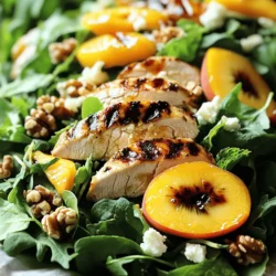 To make the Grilled Peach Chicken Salad, you will need: - 2 boneless chicken breasts - 2 ripe peaches, halved and pitted - 4 cups mixed greens (arugula, spinach, and romaine) - 1/4 cup crumbled feta cheese - 1/4 cup walnuts, toasted - 2 tablespoons olive oil - 2 tablespoons balsamic vinegar - 1 tablespoon honey - Salt and pepper to taste - Fresh mint leaves for garnish (optional) This salad is not just tasty; it's also good for you. Here are some key nutrients: - Chicken: High in protein, helps build muscle. - Peaches: Full of vitamins A and C, good for skin health. - Mixed Greens: Low in calories, high in fiber for digestion. - Feta Cheese: Adds calcium and protein, while being lower in fat than other cheeses. - Walnuts: Packed with omega-3 fatty acids, good for heart health. When picking peaches, look for these signs: - Color: Choose peaches that are golden and have a slight blush. - Feel: They should be slightly soft but not mushy. - Smell: A sweet fragrance means they are ripe. For chicken, consider the following: - Freshness: Look for chicken that is pink, moist, and has no odor. - Body: Choose breasts that feel firm and heavy. - Source: Organic or free-range options often have better flavor and texture. When you use fresh, high-quality ingredients, your salad will shine. For the complete steps to make this delightful dish, check the Full Recipe. To make grilled peach chicken salad, you need to gather all your ingredients. This salad is fresh and satisfying. You will enjoy the mix of sweet and savory flavors. First, wash your mixed greens. Halve and pit the peaches, then set them aside. Season the chicken breasts with salt, pepper, and olive oil. This adds great taste. Let the chicken marinate while you prepare the grill. Grilling chicken is simple if you follow a few steps. First, preheat the grill to medium-high heat. Clean the grates to avoid sticking. Place the chicken on the grill and cook it for 6-7 minutes on each side. Use a meat thermometer to check the internal temperature. It should reach 165°F (75°C). After grilling, let the chicken rest. This keeps it juicy and tender. Slice it into strips for your salad. Grilling peaches brings out their natural sweetness. Start by placing the peach halves cut-side down on the grill. Grill them for about 3-5 minutes. You want nice grill marks and a little softness. Remove them from the heat and let them cool. Then, slice them into wedges. Grilled peaches add a delicious twist to your salad. Their sweet flavor pairs perfectly with the savory chicken. You can find the Full Recipe to get all the details you need. Enjoy your cooking! To make your grilled peach chicken salad shine, use fresh ingredients. Choose ripe peaches for that sweet touch. You can add a squeeze of lemon juice for a zesty kick. Fresh herbs, like basil or mint, boost the flavor too. Try adding a sprinkle of smoked paprika for a unique twist. If you like it spicy, a pinch of red pepper flakes will do wonders. One big mistake is overcooking the chicken. Keep an eye on the grill. Remove the chicken when it reaches 165°F. Overcooked chicken can become dry and tough. Avoid using unripe peaches; they won’t grill well. Another mistake is not letting the chicken rest. Let it rest for a few minutes before slicing. This helps the juices stay in the meat. Also, toss the salad gently to keep the greens crisp. If you have leftover salad, store it in an airtight container. Keep the dressing separate to avoid soggy greens. The salad stays fresh for up to two days in the fridge. When ready to eat, add the dressing just before serving. If you want to enjoy it later, consider using grilled chicken cold in a wrap. This makes a quick meal with great flavor. For the full recipe, be sure to check out the details above. {{image_2}} You can switch out peaches for other fruits. Grilled nectarines add a sweet touch. Plums can also bring a nice tartness. Try using watermelon for a refreshing crunch. Berries, like strawberries or blueberries, can add color and flavor too. Chicken is great, but other proteins work well too. Shrimp gives a nice seafood twist. Grilled tofu is perfect for a plant-based choice. You can also use steak for a heartier salad. Each protein adds its own unique flavor to the dish. While balsamic dressing is tasty, other options can shine too. A lemon vinaigrette can brighten the salad. Try a yogurt-based dressing for creaminess. A honey mustard mix adds a sweet and tangy kick. Each dressing can change the whole vibe of your salad. Grilled peach chicken salad pairs well with light foods. Consider serving it with crusty bread or soft rolls. A chilled glass of white wine complements the sweetness of the peaches. You can also try sparkling water with a splash of lime for a refreshing drink. Fresh fruit on the side adds to the bright flavors. For special occasions, make your salad shine. Use a large, colorful bowl to hold the salad. Layer the ingredients for a stunning look. Place sliced peaches on top, and sprinkle feta cheese and walnuts for contrast. Garnish with fresh mint leaves for a touch of elegance. If you have extra time, serve the salad on individual plates for a fancy feel. To keep leftovers fresh, store them in an airtight container. Keep the dressing separate to avoid soggy greens. When ready to eat, toss the salad again for a fresh taste. You can also wrap the salad in a tortilla for a tasty lunch. If you want, add more grilled peaches or nuts to boost the flavor. For full instructions, check the Full Recipe. Yes, you can make this salad ahead. Cook the chicken and peaches, then chill them. Keep the salad greens separate to stay fresh. Mix it all when ready to eat for best taste. If you want a different cheese, try goat cheese or blue cheese. Both add great flavor. You can also use a dairy-free cheese if you prefer. Just pick one that you enjoy! To keep the chicken juicy, brine it in salt water for a few hours. This helps it stay moist. Also, do not overcook it. Use a meat thermometer to check that it reaches 165°F (75°C). You can find the Full Recipe for the Grilled Peach Chicken Salad in this article. Just scroll up to see all the steps and ingredients you need! This blog post explored how to create a delicious grilled peach chicken salad. We talked about choosing the right ingredients, from peaches to chicken. You learned the best grilling methods and how to enhance flavors. We also shared tips on avoiding common mistakes and ideas for serving. In conclusion, with these steps and tips, you can make a tasty salad that impresses. Enjoying fresh ingredients leads to good flavor. Have fun experimenting with your own twists!