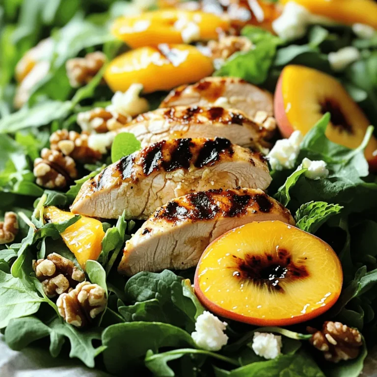 To make the Grilled Peach Chicken Salad, you will need: - 2 boneless chicken breasts - 2 ripe peaches, halved and pitted - 4 cups mixed greens (arugula, spinach, and romaine) - 1/4 cup crumbled feta cheese - 1/4 cup walnuts, toasted - 2 tablespoons olive oil - 2 tablespoons balsamic vinegar - 1 tablespoon honey - Salt and pepper to taste - Fresh mint leaves for garnish (optional) This salad is not just tasty; it's also good for you. Here are some key nutrients: - Chicken: High in protein, helps build muscle. - Peaches: Full of vitamins A and C, good for skin health. - Mixed Greens: Low in calories, high in fiber for digestion. - Feta Cheese: Adds calcium and protein, while being lower in fat than other cheeses. - Walnuts: Packed with omega-3 fatty acids, good for heart health. When picking peaches, look for these signs: - Color: Choose peaches that are golden and have a slight blush. - Feel: They should be slightly soft but not mushy. - Smell: A sweet fragrance means they are ripe. For chicken, consider the following: - Freshness: Look for chicken that is pink, moist, and has no odor. - Body: Choose breasts that feel firm and heavy. - Source: Organic or free-range options often have better flavor and texture. When you use fresh, high-quality ingredients, your salad will shine. For the complete steps to make this delightful dish, check the Full Recipe. To make grilled peach chicken salad, you need to gather all your ingredients. This salad is fresh and satisfying. You will enjoy the mix of sweet and savory flavors. First, wash your mixed greens. Halve and pit the peaches, then set them aside. Season the chicken breasts with salt, pepper, and olive oil. This adds great taste. Let the chicken marinate while you prepare the grill. Grilling chicken is simple if you follow a few steps. First, preheat the grill to medium-high heat. Clean the grates to avoid sticking. Place the chicken on the grill and cook it for 6-7 minutes on each side. Use a meat thermometer to check the internal temperature. It should reach 165°F (75°C). After grilling, let the chicken rest. This keeps it juicy and tender. Slice it into strips for your salad. Grilling peaches brings out their natural sweetness. Start by placing the peach halves cut-side down on the grill. Grill them for about 3-5 minutes. You want nice grill marks and a little softness. Remove them from the heat and let them cool. Then, slice them into wedges. Grilled peaches add a delicious twist to your salad. Their sweet flavor pairs perfectly with the savory chicken. You can find the Full Recipe to get all the details you need. Enjoy your cooking! To make your grilled peach chicken salad shine, use fresh ingredients. Choose ripe peaches for that sweet touch. You can add a squeeze of lemon juice for a zesty kick. Fresh herbs, like basil or mint, boost the flavor too. Try adding a sprinkle of smoked paprika for a unique twist. If you like it spicy, a pinch of red pepper flakes will do wonders. One big mistake is overcooking the chicken. Keep an eye on the grill. Remove the chicken when it reaches 165°F. Overcooked chicken can become dry and tough. Avoid using unripe peaches; they won’t grill well. Another mistake is not letting the chicken rest. Let it rest for a few minutes before slicing. This helps the juices stay in the meat. Also, toss the salad gently to keep the greens crisp. If you have leftover salad, store it in an airtight container. Keep the dressing separate to avoid soggy greens. The salad stays fresh for up to two days in the fridge. When ready to eat, add the dressing just before serving. If you want to enjoy it later, consider using grilled chicken cold in a wrap. This makes a quick meal with great flavor. For the full recipe, be sure to check out the details above. {{image_2}} You can switch out peaches for other fruits. Grilled nectarines add a sweet touch. Plums can also bring a nice tartness. Try using watermelon for a refreshing crunch. Berries, like strawberries or blueberries, can add color and flavor too. Chicken is great, but other proteins work well too. Shrimp gives a nice seafood twist. Grilled tofu is perfect for a plant-based choice. You can also use steak for a heartier salad. Each protein adds its own unique flavor to the dish. While balsamic dressing is tasty, other options can shine too. A lemon vinaigrette can brighten the salad. Try a yogurt-based dressing for creaminess. A honey mustard mix adds a sweet and tangy kick. Each dressing can change the whole vibe of your salad. Grilled peach chicken salad pairs well with light foods. Consider serving it with crusty bread or soft rolls. A chilled glass of white wine complements the sweetness of the peaches. You can also try sparkling water with a splash of lime for a refreshing drink. Fresh fruit on the side adds to the bright flavors. For special occasions, make your salad shine. Use a large, colorful bowl to hold the salad. Layer the ingredients for a stunning look. Place sliced peaches on top, and sprinkle feta cheese and walnuts for contrast. Garnish with fresh mint leaves for a touch of elegance. If you have extra time, serve the salad on individual plates for a fancy feel. To keep leftovers fresh, store them in an airtight container. Keep the dressing separate to avoid soggy greens. When ready to eat, toss the salad again for a fresh taste. You can also wrap the salad in a tortilla for a tasty lunch. If you want, add more grilled peaches or nuts to boost the flavor. For full instructions, check the Full Recipe. Yes, you can make this salad ahead. Cook the chicken and peaches, then chill them. Keep the salad greens separate to stay fresh. Mix it all when ready to eat for best taste. If you want a different cheese, try goat cheese or blue cheese. Both add great flavor. You can also use a dairy-free cheese if you prefer. Just pick one that you enjoy! To keep the chicken juicy, brine it in salt water for a few hours. This helps it stay moist. Also, do not overcook it. Use a meat thermometer to check that it reaches 165°F (75°C). You can find the Full Recipe for the Grilled Peach Chicken Salad in this article. Just scroll up to see all the steps and ingredients you need! This blog post explored how to create a delicious grilled peach chicken salad. We talked about choosing the right ingredients, from peaches to chicken. You learned the best grilling methods and how to enhance flavors. We also shared tips on avoiding common mistakes and ideas for serving. In conclusion, with these steps and tips, you can make a tasty salad that impresses. Enjoying fresh ingredients leads to good flavor. Have fun experimenting with your own twists!