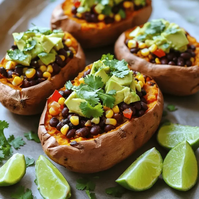 To make vegan stuffed sweet potatoes, you need: - 4 medium sweet potatoes - 1 can black beans, drained and rinsed - 1 cup corn (fresh, frozen, or canned) - 1 red bell pepper, diced - 1 small red onion, finely chopped - 2 cloves garlic, minced - 1 teaspoon cumin - 1 teaspoon smoked paprika - Salt and pepper to taste You can add extra flavor with these toppings: - 1 avocado, diced - Fresh cilantro, chopped - Lime wedges Sweet potatoes are full of vitamins and fiber. They help you feel full and support good digestion. Black beans are packed with protein and iron. They give you energy and help build muscles. Corn adds sweetness and fiber, making the dish even healthier. Red bell peppers are rich in vitamin C, which boosts your immune system. Garlic not only adds flavor but also has health benefits like reducing blood pressure. Using these ingredients makes this dish not just tasty but also good for you. For the complete recipe, check out the Full Recipe. Start by preheating your oven to 400°F (200°C). This helps the sweet potatoes cook evenly. Next, wash the sweet potatoes well. Remove any dirt and grit. Use a fork to poke a few holes in each potato. This step allows steam to escape while they bake. Place the sweet potatoes on a baking sheet. Bake for 45-60 minutes, until they are tender. A fork should easily pierce the flesh. While the sweet potatoes bake, heat a large skillet over medium heat. Add a small splash of water to the pan. Sauté the chopped red onion for about 3-4 minutes. You want them to turn translucent. Next, add minced garlic and diced bell pepper to the skillet. Sprinkle in cumin, smoked paprika, salt, and pepper. Sauté this mixture for another 5 minutes. You want the peppers to soften. Stir in the black beans and corn. Cook for another 5 minutes until everything is heated through. Remove the skillet from the heat. Once the sweet potatoes are cooked, take them out of the oven. Allow them to cool for a few minutes. When they are cool enough to handle, cut a slit down the center of each potato. Gently push the ends toward each other to open them up. Spoon the black bean and corn mixture generously into each sweet potato. Top with diced avocado. Finish by garnishing with fresh cilantro. Serve with lime wedges on the side for a zesty kick. For the full recipe, check the earlier section. To bake sweet potatoes well, start by washing them. Poke holes in each one with a fork. This helps steam escape while baking. Place them on a baking sheet. Bake at 400°F (200°C) for 45-60 minutes. Check for doneness by piercing the flesh with a fork. It should go in easily. If you want crispy skin, keep them unwrapped while baking. To boost flavor, use fresh herbs like cilantro or parsley. Adding lime juice brightens up the dish. You can also try adding spices like chili powder or oregano for extra depth. If you like heat, consider mixing in some diced jalapeños. For creaminess, toss in some avocado or top with a dollop of vegan sour cream. Serve your stuffed sweet potatoes on a colorful plate. Arrange them neatly to create a nice visual appeal. Sprinkle fresh cilantro on top for a pop of green. Serve with lime wedges on the side for squeezing. This adds color and brightens the flavors. You can also try drizzling some tahini or hot sauce over the top for extra flair. For the full recipe, check the instructions above. {{image_2}} You can switch out black beans for other beans. Try kidney beans or pinto beans. Chickpeas also work well. Each type adds its own flavor and texture. Grains like quinoa or brown rice add more fiber. They make your meal heartier. Mix and match to find what you like best. If you love heat, add jalapeños to your filling. Chop them finely and sauté them with the onions. This small change adds a nice kick. You can also sprinkle some chili flakes on top. Spice up your dish to suit your taste. Just be careful not to add too much heat! Toppings make your stuffed sweet potatoes more fun. Try adding sliced green onions for a fresh crunch. You can also use vegan cheese for a creamy touch. If you like a zesty flavor, add some salsa or hot sauce. Don't forget the lime wedges for a burst of citrus! With these options, your meal can change each time you make it. For the full recipe, check the section above. Once your vegan stuffed sweet potatoes cool, store them in a container. I recommend using an airtight container to keep them fresh. Place a piece of parchment paper between layers if you stack them. This method prevents sticking and helps maintain texture. You can keep them in the fridge for up to four days. To reheat, place the stuffed sweet potatoes in the microwave. Heat them for about two minutes, or until warm. If you prefer the oven, set it to 350°F (175°C). Wrap the sweet potatoes in foil and bake them for 15-20 minutes. This method keeps the skin crisp while warming the filling. You can freeze your stuffed sweet potatoes for later. Wrap each one in foil or plastic wrap, then store them in a freezer bag. Be sure to remove as much air as possible. They can last up to three months in the freezer. When you are ready to eat, thaw them overnight in the fridge before reheating. This way, you can enjoy a quick, hearty meal anytime! For the full recipe, check out the earlier sections. Yes, you can make vegan stuffed sweet potatoes ahead of time. Bake the sweet potatoes and prepare the filling in advance. Store them separately in the fridge. When you are ready to eat, reheat the sweet potatoes and fill them with the mixture. This method saves time and keeps the meal fresh. If you want to substitute black beans, try using pinto beans or kidney beans. Chickpeas also work well for a different texture. You can even use lentils for a unique twist. Each option adds its own flavor and nutrients to the dish. Yes, sweet potatoes are naturally gluten-free. They are a perfect base for many dishes, especially for those avoiding gluten. You can enjoy them without worry while adding delicious flavors and nutrients to your meals. Stuffed sweet potatoes are a delicious, nutritious dish you can enjoy any time. We covered the main ingredients, including key toppings that boost flavor and health. You learned how to prepare, cook, and assemble the filling for perfect results. I shared tips for baking, adding flavor, and presenting your meal beautifully. You can also customize using different grains, beans, or toppings. With proper storage and reheating methods, your meals can last. Remember, stuffed sweet potatoes are versatile and easy to make! Enjoy this healthy meal in many ways.