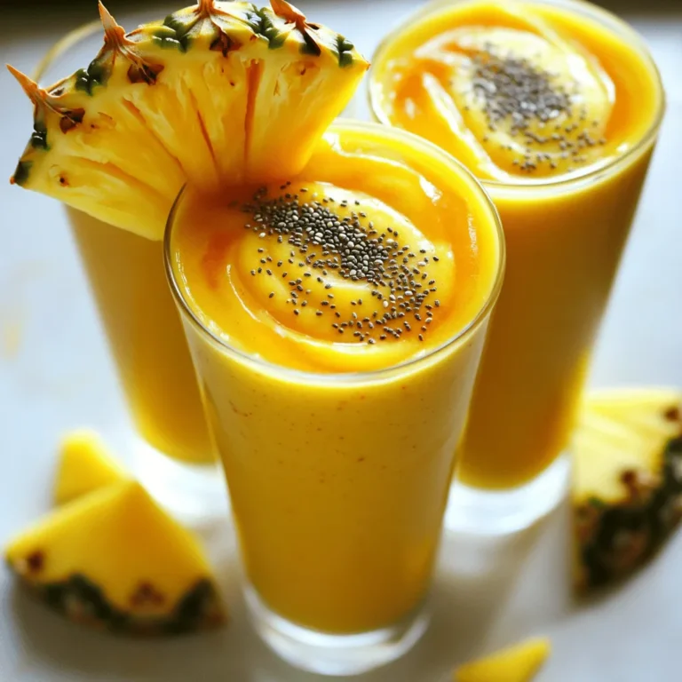 - 1 ripe mango, peeled and diced - 1 cup fresh pineapple chunks - 1 banana, sliced - 1 cup coconut milk (or almond milk) - 1 tablespoon honey or agave syrup (for sweetness) - 1/2 cup Greek yogurt (for creaminess and protein) - 1 tablespoon chia seeds (for added nutrition) - Ice cubes (as needed for desired thickness) To make the Tropical Mango Pineapple Smoothie, you start with fresh fruits. For the best taste, choose a ripe mango. Look for one that is slightly soft when you press it. The pineapple should be bright and fragrant. If you use a banana, pick one that is ripe but not overly brown. Next, you need a liquid base. I recommend coconut milk for its creamy texture and tropical flavor. If you prefer, you can use almond milk instead. For a little extra sweetness, you can add honey or agave syrup. Greek yogurt gives the smoothie a nice creaminess and adds protein. Chia seeds boost the nutrition with fiber and omega-3s. Lastly, ice cubes help to cool your smoothie and make it thick. This blend of ingredients makes for a refreshing drink on a hot day. You can find the full recipe with measurements and instructions [here](#). How to peel and dice mango: Start by cutting off the top and bottom of the mango. Hold it upright and slice off the skin with a knife. Next, cut the mango flesh away from the pit. Dice the mango into small cubes. Cutting pineapple into chunks: If you have a whole pineapple, slice off the top and bottom. Stand it upright and cut off the skin in strips. Cut the pineapple into quarters and remove the core. Finally, chop the fruit into bite-sized chunks. Slicing the banana: Peel the banana and lay it on a cutting board. Use a knife to slice it into thin rounds. This helps the banana blend easily with the other fruits. Combining fruits in the blender: Place the diced mango, pineapple chunks, and sliced banana into the blender. Make sure to add them in this order for the best blending. Adding liquid base: Pour in one cup of coconut milk or almond milk. This liquid helps the fruits blend smoothly and makes your smoothie creamy. Incorporating creaminess with yogurt: Add half a cup of Greek yogurt to the blender. This will give your smoothie a rich texture and add some protein. Sweetening and adding chia seeds: If you like your smoothie sweeter, drizzle in a tablespoon of honey or agave syrup. Then, sprinkle in a tablespoon of chia seeds for extra nutrition. Adjusting thickness with ice: Add a handful of ice cubes to the blender. This will make your smoothie cool and thick. You can adjust the amount based on your preference. Blending to desired consistency: Blend on high speed until everything is smooth. Stop the blender, taste your smoothie, and adjust sweetness or thickness if needed. Blend again if necessary. Now you're ready to enjoy this Tropical Mango Pineapple Smoothie! For the complete recipe, check out the [Full Recipe]. To make the best smoothie, you need ripe fruits. Signs of a ripe mango: - Look for a mango that feels slightly soft when you press it. - The skin should have a rich, golden color. - A sweet aroma near the stem is a good sign. Choosing fresh pineapples: - Pick a pineapple that feels heavy for its size. - The leaves should be green and fresh-looking. - Smell the base; it should have a sweet scent. Blending the right way makes all the difference. Achieving the right smoothie texture: - Start with the liquids first. This helps the blades move freely. - Add the soft fruits next, like banana and mango. - Finally, add hard fruits like pineapple and ice last. Avoiding common blending mistakes: - Don’t overload the blender; too much can cause uneven blending. - If it’s too thick, add more liquid slowly. - Stop blending occasionally to scrape down the sides. How you serve your smoothie can wow your guests. Garnishing tips for smoothies: - Add a slice of mango or pineapple on the glass rim. - Sprinkle chia seeds on top for texture and style. Using chilled glasses for serving: - Chill your glasses in the freezer for a few minutes. - This keeps your smoothie cold and refreshing longer. These tips will help you create a delicious Tropical Mango Pineapple Smoothie every time! For a complete guide, check out the Full Recipe. {{image_2}} You can boost your Tropical Mango Pineapple Smoothie with fun flavors. Adding spinach or kale gives it a green twist. This adds nutrients without changing the taste much. You can also mix in other fruits. Try strawberries for sweetness or kiwi for a tangy kick. Each fruit brings its own special touch. If you follow a vegan diet, use coconut yogurt instead of Greek yogurt. This keeps the creaminess while staying plant-based. You can also lower the sugar. Use ripe fruits, which are sweet on their own. You might skip honey or agave syrup. This keeps your smoothie tasty and healthy. Fruits change with the seasons, so why not mix things up? In summer, use fresh berries. In winter, try oranges or apples. Each season offers new flavors to explore. You can also create smoothie bowls. Pour your smoothie into a bowl and top it with nuts, seeds, or fresh fruit. This makes for a fun and filling meal. For the complete recipe, check the Full Recipe section. How do you store leftover smoothies? Pour your smoothie into a clean, airtight container. Glass jars work well. If you have extra, fill it to the top. This helps keep air out. Store your smoothie in the fridge. It stays fresh for up to two days. Which containers maintain freshness? Use containers with tight lids. Avoid plastic wrap. It can let air in. A mason jar is a great choice. It seals well and keeps flavors strong. How do you freeze fruits for smoothie prep? Cut your fruits into small pieces first. Then, spread them on a baking sheet. Freeze them for about two hours. This way, they won’t stick together. After freezing, put the fruits in a bag. Label it with the date for easy use. How do you thaw frozen smoothies for later? The best way is to leave it in the fridge overnight. This keeps it safe and tasty. If you need it fast, microwave it in short bursts. Blend again to mix well after thawing. What is the difference between fresh and frozen fruit? Fresh fruit lasts a few days. Use it quickly to enjoy the best flavor. Frozen fruit can last for months. It's picked at peak ripeness, keeping nutrients intact. How do you keep dairy products fresh? Always check the expiration date. Store yogurt and milk in the fridge. Keep them at the back, where it’s coldest. For Greek yogurt, use it within a week of opening. This ensures your smoothie stays creamy and delicious. To make your smoothie thicker, try these tips: - Add more frozen fruits, like bananas or mango. - Use less liquid. Start with half a cup. - Include Greek yogurt or avocado for creaminess. - Blend in chia seeds. They expand when wet. - Add ice cubes. They chill and thicken your drink. Yes, frozen fruits work great! Here are some benefits: - They make your smoothie cold and refreshing. - Frozen fruits are often picked at peak ripeness. - They blend smoothly and help create a thick texture. - Using frozen fruits can cut down on prep time. This smoothie has many health perks: - Mangoes are high in vitamins A and C. - Pineapples aid digestion with bromelain. - Both fruits contain antioxidants that fight free radicals. - The Greek yogurt adds protein and probiotics. - Chia seeds offer fiber and omega-3 fatty acids. These fruits make an excellent base for a healthy smoothie. Yes, adding protein powder is great! Here are some best practices: - Use a scoop of protein powder in each smoothie. - Blend it in well to avoid clumps. - Choose a flavor that complements your fruits, like vanilla or plant-based. Recommended types include whey protein and pea protein. They mix well and boost nutrition. For a full recipe, check out the Tropical Mango Pineapple Smoothie. In this post, I covered how to make a delicious mango-pineapple smoothie. We explored the key ingredients like fresh fruits, coconut milk, and optional add-ins. I provided step-by-step instructions for prepping and blending, along with tips for selecting ripe fruits and serving ideas. Experimenting with variations and storage tips can enhance your smoothie experience. Smoothies are fun, healthy, and easy to make! Enjoy creating your perfect blend and savoring the goodness of these flavors.