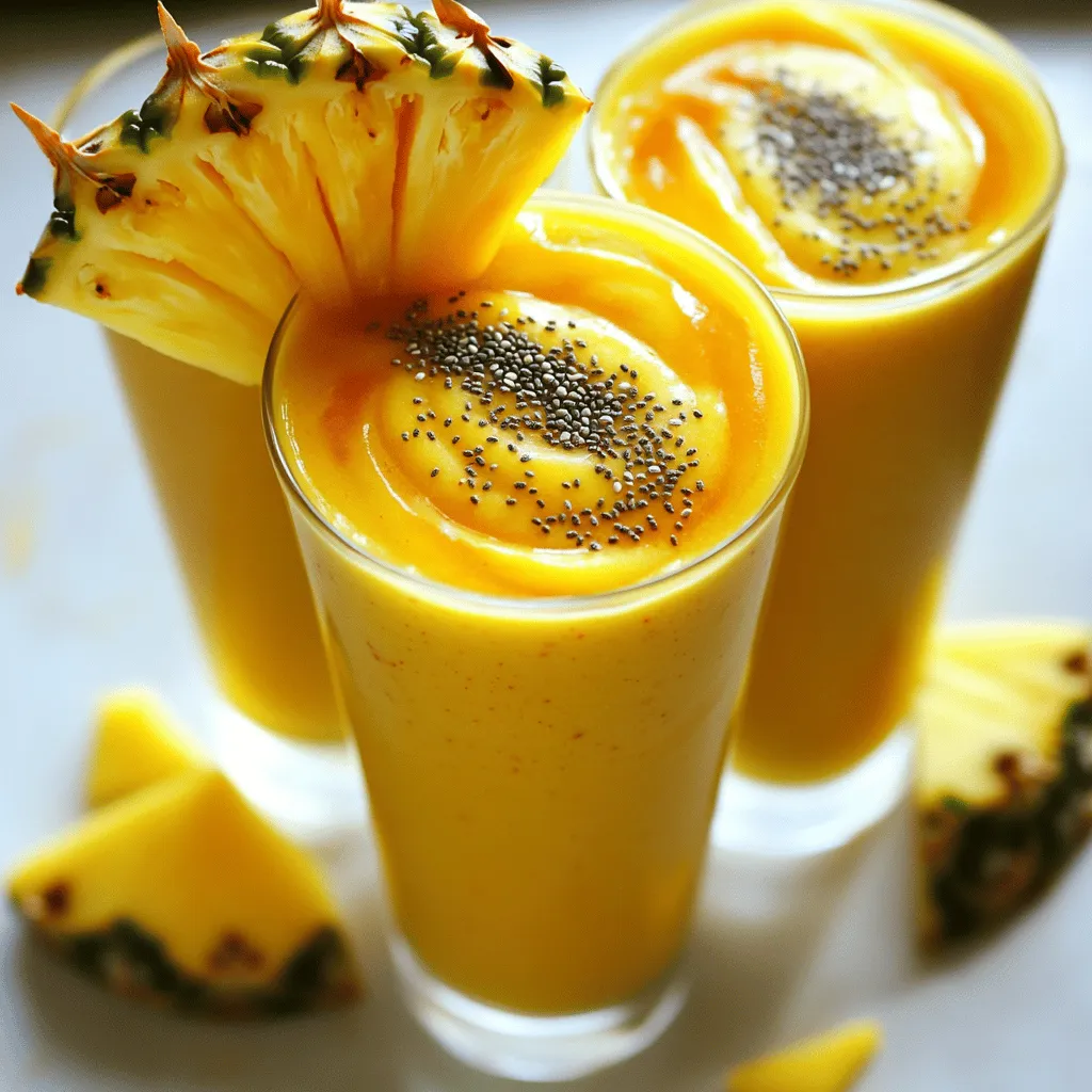 - 1 ripe mango, peeled and diced - 1 cup fresh pineapple chunks - 1 banana, sliced - 1 cup coconut milk (or almond milk) - 1 tablespoon honey or agave syrup (for sweetness) - 1/2 cup Greek yogurt (for creaminess and protein) - 1 tablespoon chia seeds (for added nutrition) - Ice cubes (as needed for desired thickness) To make the Tropical Mango Pineapple Smoothie, you start with fresh fruits. For the best taste, choose a ripe mango. Look for one that is slightly soft when you press it. The pineapple should be bright and fragrant. If you use a banana, pick one that is ripe but not overly brown. Next, you need a liquid base. I recommend coconut milk for its creamy texture and tropical flavor. If you prefer, you can use almond milk instead. For a little extra sweetness, you can add honey or agave syrup. Greek yogurt gives the smoothie a nice creaminess and adds protein. Chia seeds boost the nutrition with fiber and omega-3s. Lastly, ice cubes help to cool your smoothie and make it thick. This blend of ingredients makes for a refreshing drink on a hot day. You can find the full recipe with measurements and instructions [here](#). How to peel and dice mango: Start by cutting off the top and bottom of the mango. Hold it upright and slice off the skin with a knife. Next, cut the mango flesh away from the pit. Dice the mango into small cubes. Cutting pineapple into chunks: If you have a whole pineapple, slice off the top and bottom. Stand it upright and cut off the skin in strips. Cut the pineapple into quarters and remove the core. Finally, chop the fruit into bite-sized chunks. Slicing the banana: Peel the banana and lay it on a cutting board. Use a knife to slice it into thin rounds. This helps the banana blend easily with the other fruits. Combining fruits in the blender: Place the diced mango, pineapple chunks, and sliced banana into the blender. Make sure to add them in this order for the best blending. Adding liquid base: Pour in one cup of coconut milk or almond milk. This liquid helps the fruits blend smoothly and makes your smoothie creamy. Incorporating creaminess with yogurt: Add half a cup of Greek yogurt to the blender. This will give your smoothie a rich texture and add some protein. Sweetening and adding chia seeds: If you like your smoothie sweeter, drizzle in a tablespoon of honey or agave syrup. Then, sprinkle in a tablespoon of chia seeds for extra nutrition. Adjusting thickness with ice: Add a handful of ice cubes to the blender. This will make your smoothie cool and thick. You can adjust the amount based on your preference. Blending to desired consistency: Blend on high speed until everything is smooth. Stop the blender, taste your smoothie, and adjust sweetness or thickness if needed. Blend again if necessary. Now you're ready to enjoy this Tropical Mango Pineapple Smoothie! For the complete recipe, check out the [Full Recipe]. To make the best smoothie, you need ripe fruits. Signs of a ripe mango: - Look for a mango that feels slightly soft when you press it. - The skin should have a rich, golden color. - A sweet aroma near the stem is a good sign. Choosing fresh pineapples: - Pick a pineapple that feels heavy for its size. - The leaves should be green and fresh-looking. - Smell the base; it should have a sweet scent. Blending the right way makes all the difference. Achieving the right smoothie texture: - Start with the liquids first. This helps the blades move freely. - Add the soft fruits next, like banana and mango. - Finally, add hard fruits like pineapple and ice last. Avoiding common blending mistakes: - Don’t overload the blender; too much can cause uneven blending. - If it’s too thick, add more liquid slowly. - Stop blending occasionally to scrape down the sides. How you serve your smoothie can wow your guests. Garnishing tips for smoothies: - Add a slice of mango or pineapple on the glass rim. - Sprinkle chia seeds on top for texture and style. Using chilled glasses for serving: - Chill your glasses in the freezer for a few minutes. - This keeps your smoothie cold and refreshing longer. These tips will help you create a delicious Tropical Mango Pineapple Smoothie every time! For a complete guide, check out the Full Recipe. {{image_2}} You can boost your Tropical Mango Pineapple Smoothie with fun flavors. Adding spinach or kale gives it a green twist. This adds nutrients without changing the taste much. You can also mix in other fruits. Try strawberries for sweetness or kiwi for a tangy kick. Each fruit brings its own special touch. If you follow a vegan diet, use coconut yogurt instead of Greek yogurt. This keeps the creaminess while staying plant-based. You can also lower the sugar. Use ripe fruits, which are sweet on their own. You might skip honey or agave syrup. This keeps your smoothie tasty and healthy. Fruits change with the seasons, so why not mix things up? In summer, use fresh berries. In winter, try oranges or apples. Each season offers new flavors to explore. You can also create smoothie bowls. Pour your smoothie into a bowl and top it with nuts, seeds, or fresh fruit. This makes for a fun and filling meal. For the complete recipe, check the Full Recipe section. How do you store leftover smoothies? Pour your smoothie into a clean, airtight container. Glass jars work well. If you have extra, fill it to the top. This helps keep air out. Store your smoothie in the fridge. It stays fresh for up to two days. Which containers maintain freshness? Use containers with tight lids. Avoid plastic wrap. It can let air in. A mason jar is a great choice. It seals well and keeps flavors strong. How do you freeze fruits for smoothie prep? Cut your fruits into small pieces first. Then, spread them on a baking sheet. Freeze them for about two hours. This way, they won’t stick together. After freezing, put the fruits in a bag. Label it with the date for easy use. How do you thaw frozen smoothies for later? The best way is to leave it in the fridge overnight. This keeps it safe and tasty. If you need it fast, microwave it in short bursts. Blend again to mix well after thawing. What is the difference between fresh and frozen fruit? Fresh fruit lasts a few days. Use it quickly to enjoy the best flavor. Frozen fruit can last for months. It's picked at peak ripeness, keeping nutrients intact. How do you keep dairy products fresh? Always check the expiration date. Store yogurt and milk in the fridge. Keep them at the back, where it’s coldest. For Greek yogurt, use it within a week of opening. This ensures your smoothie stays creamy and delicious. To make your smoothie thicker, try these tips: - Add more frozen fruits, like bananas or mango. - Use less liquid. Start with half a cup. - Include Greek yogurt or avocado for creaminess. - Blend in chia seeds. They expand when wet. - Add ice cubes. They chill and thicken your drink. Yes, frozen fruits work great! Here are some benefits: - They make your smoothie cold and refreshing. - Frozen fruits are often picked at peak ripeness. - They blend smoothly and help create a thick texture. - Using frozen fruits can cut down on prep time. This smoothie has many health perks: - Mangoes are high in vitamins A and C. - Pineapples aid digestion with bromelain. - Both fruits contain antioxidants that fight free radicals. - The Greek yogurt adds protein and probiotics. - Chia seeds offer fiber and omega-3 fatty acids. These fruits make an excellent base for a healthy smoothie. Yes, adding protein powder is great! Here are some best practices: - Use a scoop of protein powder in each smoothie. - Blend it in well to avoid clumps. - Choose a flavor that complements your fruits, like vanilla or plant-based. Recommended types include whey protein and pea protein. They mix well and boost nutrition. For a full recipe, check out the Tropical Mango Pineapple Smoothie. In this post, I covered how to make a delicious mango-pineapple smoothie. We explored the key ingredients like fresh fruits, coconut milk, and optional add-ins. I provided step-by-step instructions for prepping and blending, along with tips for selecting ripe fruits and serving ideas. Experimenting with variations and storage tips can enhance your smoothie experience. Smoothies are fun, healthy, and easy to make! Enjoy creating your perfect blend and savoring the goodness of these flavors.