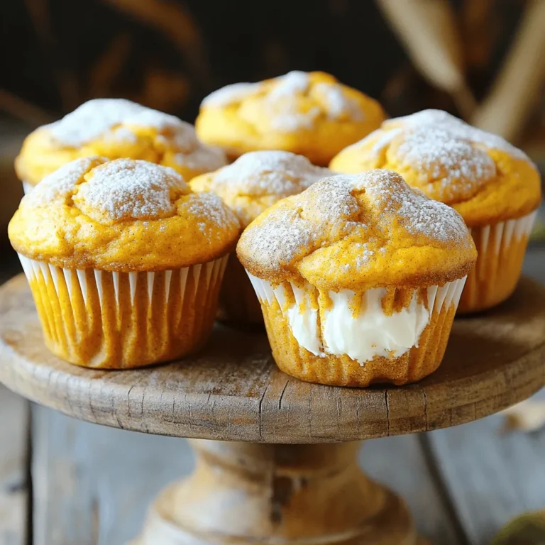 In this section, I will share the ingredients you need for Pumpkin Cream Cheese Muffins. Each ingredient adds flavor and texture to the muffins. Here’s the list: - 1 cup canned pumpkin puree - 1/2 cup cream cheese, softened - 1/3 cup vegetable oil - 2 large eggs - 1 teaspoon vanilla extract - 1 1/2 cups all-purpose flour - 1 cup granulated sugar - 1 teaspoon baking powder - 1/2 teaspoon baking soda - 1 teaspoon ground cinnamon - 1/2 teaspoon ground nutmeg - 1/4 teaspoon ground ginger - 1/4 teaspoon salt - Optional: 1/2 cup chopped nuts (such as walnuts or pecans) Using canned pumpkin puree is easy and saves time. Cream cheese gives the muffins a creamy texture. Vegetable oil keeps them moist. The eggs help bind everything together. Vanilla adds a nice flavor, while flour gives structure. Sugar sweetens the muffins, and baking powder and baking soda help them rise. Spices like cinnamon, nutmeg, and ginger give a warm taste. Salt balances the sweetness. If you like, add nuts for a crunchy bite. You can find the full recipe with detailed steps to make these delicious muffins. Enjoy making them! First, preheat your oven to 350°F (175°C). This step makes sure your muffins bake evenly. Next, line your muffin tin with paper liners. This helps with easy removal later. In a bowl, beat the cream cheese, granulated sugar, and pumpkin until smooth. This creates a creamy base for your muffins. Then, add the vegetable oil, eggs, and vanilla extract. Mix until everything is well combined. In another bowl, whisk together the all-purpose flour, baking powder, baking soda, and spices. This helps evenly distribute the leavening agents. It also makes sure the spices blend well in every bite. Gradually add the dry ingredients to the wet mixture. Stir gently until just combined. Do not overmix! If you like, fold in the chopped nuts for added crunch. Then, spoon the batter into the muffin tin, filling each cup about three-quarters full. Now, place the muffin tin in the oven. Bake for 18-20 minutes or until a toothpick comes out clean. This tells you the muffins are ready. After baking, let them cool in the pan for 5 minutes. Then, transfer them to a wire rack to cool completely. For more detailed instructions, check the Full Recipe. - Avoid overmixing the batter. This keeps the muffins soft and fluffy. - Use room temperature ingredients. They blend better and create a smoother batter. - Check for doneness with a toothpick test. Insert a toothpick into the center. If it comes out clean, your muffins are ready. - Adjust baking time based on muffin size. Mini muffins will bake faster, while larger ones may need more time. - Serve warm muffins with whipped cream or a sprinkle of powdered sugar. This adds a nice touch. - For a beautiful display, use a cake stand or decorative plates. It makes your muffins look even more inviting. For detailed instructions, refer to the Full Recipe. Enjoy your baking! {{image_2}} You can make these muffins even better! Adding chocolate chips gives a sweet surprise. If you want, try dried fruits like raisins or cranberries. They add a nice chew and taste. You can also mix in spices like allspice or cloves. These spices will warm up your muffins and make them special. If you need a gluten-free option, use gluten-free flour. It works well and keeps the muffins soft. For a different flavor, replace vegetable oil with coconut oil. This swap adds a hint of coconut that pairs nicely with pumpkin. Around the holidays, you can add cranberries for a tart kick. They brighten up the muffins and make them festive. Another fun idea is to top your muffins with a streusel. This adds extra texture and sweetness that everyone will love. To keep your muffins fresh at room temperature, store them in an airtight container. This helps prevent them from drying out. You can also use a resealable plastic bag. It’s best to consume them within three days for ideal taste. For long-term storage, freezing is a great option. Wrap each muffin tightly in plastic wrap, then place them in a freezer bag. This keeps them fresh for up to three months. When you're ready to eat, you can thaw them at room temperature for a few hours. This method helps maintain moisture and texture. To enjoy your muffins warm, you can reheat them in several ways. The microwave is quick but may dry them out slightly. Heat them for about 10 to 15 seconds. For a better option, use an oven. Preheat it to 350°F (175°C) and heat for about 5 to 10 minutes. This method keeps them moist and delicious. To make your muffins moist, use these tips: - Add an extra egg for richness. - Mix in some sour cream or yogurt. - Include a bit of applesauce for added moisture. - Do not overbake. Check for doneness early. These steps help keep your muffins soft and tasty. Yes, you can use fresh pumpkin. Here are the pros and cons: - Pros: Fresh pumpkin has a bright flavor. It also offers great nutrition. - Cons: It takes time to cook and puree. Canned pumpkin is quicker and easier. Using fresh pumpkin can be fun, but canned makes it simple. If you need a cream cheese substitute, try these options: - Mascarpone cheese gives a rich flavor. - Greek yogurt offers a healthy twist. - Silken tofu blends well for a dairy-free choice. Each option changes the flavor slightly but still tastes great. These muffins can stay fresh for about 3 days at room temperature. To keep them longer: - Store them in an airtight container. - You can freeze them for up to 3 months. Just thaw them before enjoying, and they will taste fresh. Yes, you can double the recipe easily! Just follow these steps: - Double all the ingredients listed in the Full Recipe. - Use two muffin tins if you have them. - Bake in batches if needed to avoid overcrowding. This way, you can share these tasty muffins with more friends! Consider these mix-ins to enhance your muffins: - Chocolate chips add a sweet twist. - Chopped nuts like pecans or walnuts give crunch. - Dried fruits, such as cranberries or raisins, add sweetness. These mix-ins make your muffins even more fun to eat! For those eager to bake Pumpkin Cream Cheese Muffins, I have a complete recipe just for you. This recipe includes all the steps and tips needed to make these tasty treats. You can find the full recipe [here](#). Start by gathering your ingredients. You will need canned pumpkin puree, cream cheese, vegetable oil, eggs, and a few spices. This recipe is straightforward and perfect for any skill level. As you prepare, remember to preheat your oven to 350°F (175°C). This is key for even baking. Line your muffin tin with paper liners for easy cleanup. Mix the cream cheese, sugar, and pumpkin first. This will create a rich base. Then, add your oil, eggs, and vanilla. Mix well until smooth. Next, whisk the dry ingredients in a separate bowl. This includes flour, baking powder, baking soda, cinnamon, nutmeg, ginger, and salt. Combining them separately helps ensure even distribution in your batter. Slowly mix the dry ingredients into the wet mixture. Be careful not to overmix; a thick batter is ideal. If you enjoy a bit of crunch, fold in some chopped nuts. Spoon the batter into your muffin tin, filling each cup about three-quarters full. Bake for 18 to 20 minutes. Use a toothpick to check for doneness; it should come out clean. Once baked, let the muffins cool for 5 minutes in the pan. Then transfer them to a wire rack. Enjoy them warm or cool, either way, they are a delight. In this blog post, we explored how to make tasty pumpkin cream cheese muffins. You learned about essential ingredients, step-by-step instructions, and helpful tips. We also discussed fun variations and storage methods. Baking these muffins is simple, and you can customize them to fit your taste. Enjoy warm muffins topped with whipped cream or a sprinkle of powdered sugar. Trust me, they will be a hit! Now, it’s time to gather your ingredients and start baking!