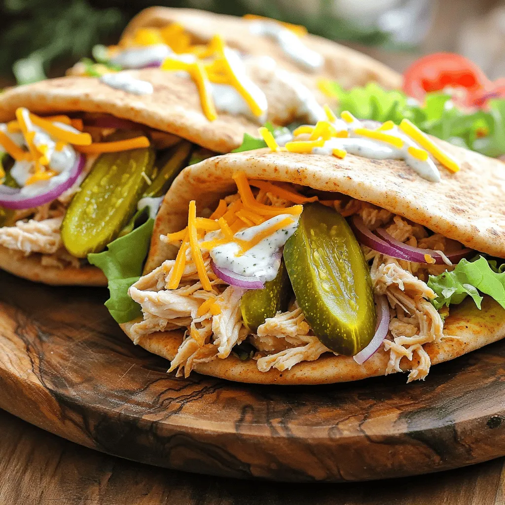 To make these tasty pita pockets, you'll need: - 2 cups cooked chicken, shredded - 1/2 cup dill pickles, chopped - 1/4 cup red onion, finely chopped - 1/2 cup plain Greek yogurt - 1/4 cup ranch dressing - 1 teaspoon garlic powder - 1 teaspoon onion powder - 1/2 teaspoon dried dill - Salt and pepper to taste - 4 whole wheat pita pockets - 1 cup mixed salad greens (spinach, arugula, etc.) - Optional: sliced tomato and shredded cheese for garnish This mix of chicken, pickles, and dressing makes a great base. The Greek yogurt adds creaminess, while the ranch dressing brings in flavor. Dill pickles give a crunchy, tangy twist. You can add more to your pita pockets for extra flavor. I like to include: - Sliced tomato for freshness - Shredded cheese for creaminess - Avocado for a creamy texture - Fresh herbs like parsley or dill for a bright finish These garnishes not only enhance taste but also add color. They make your dish more appealing and fun to eat. These pita pockets are packed with protein and nutrients. Each serving offers: - Approximately 300 calories - 25 grams of protein - 15 grams of fat - 20 grams of carbs This meal is balanced and filling. The whole wheat pita adds fiber, helping you feel full. Using Greek yogurt instead of mayo lowers calories while keeping it creamy. You can enjoy these pockets knowing they are a healthy choice. For the full recipe, check out the detailed instructions. To start, take two cups of cooked chicken and shred it into small pieces. This chicken gives the pita a nice texture. Next, chop half a cup of dill pickles. The pickles add a tangy crunch. Then, finely chop a quarter cup of red onion. This onion brings sweetness to the dish. Combine all these ingredients in a large bowl. Mix them well, so every bite has flavor. In a separate bowl, mix half a cup of plain Greek yogurt with a quarter cup of ranch dressing. The yogurt keeps the dressing creamy and adds protein. Add one teaspoon of garlic powder and one teaspoon of onion powder for a savory touch. Then, sprinkle in half a teaspoon of dried dill. This herb enhances the pickle flavor. Finally, add salt and pepper to taste. Stir all the ingredients until you have a smooth ranch dressing. Now it’s time to put it all together! Pour the ranch mixture over the chicken and pickle mix. Stir gently until everything is well coated. Let this sit for at least ten minutes. This resting time helps the flavors mix. While it rests, take four whole wheat pita pockets and cut them in half to make pockets. Stuff each pita generously with the chicken and pickle mix. Add a handful of mixed salad greens to each pocket for a fresh crunch. If you like, top with sliced tomato and shredded cheese. Serve them right away or chill in the fridge for up to one hour. You can find the full recipe for more details. To shred chicken well, use two forks. Hold one fork steady and pull the chicken apart with the other. This helps create nice, thin pieces. You can also use your hands if the chicken is cool enough. Make sure the chicken is cooked and warm for easier shredding. Shredded chicken mixes better with other ingredients for your pita pockets. Cut pita pockets with a sharp knife. Start at the top and slice down the side. Be gentle to keep them intact. A clean cut helps to hold the filling. You can warm the pita pockets in the oven for a few minutes. This makes them more pliable and easier to stuff. To boost flavor, add more spices. Try a pinch of paprika or cayenne for heat. Fresh herbs like parsley or cilantro can add brightness. If you like tang, add a splash of pickle juice. Mix all these into the chicken and ranch mixture. This will make your Pickle Ranch Chicken Pita Pockets even tastier. For the full recipe, refer to the section above. {{image_2}} You can mix things up with different ingredients. If you want a lighter option, try using turkey instead of chicken. You could also swap Greek yogurt for sour cream. For a tangy twist, use spicy ranch dressing instead of regular ranch. Don't forget, you can add chopped celery for extra crunch! If you prefer a meatless meal, there are great vegetarian options. Use chickpeas or black beans as your protein base. You can also mix in some diced bell peppers and cucumbers for a fresh taste. A creamy avocado spread makes a lovely replacement for ranch dressing. This adds creaminess and flavor without the meat! If you like heat, add sliced jalapeños or a dash of hot sauce. You can also mix in cayenne pepper or chili powder into the ranch dressing. For extra flavor, try adding a sprinkle of pepper jack cheese. These spicy additions will give your pita pockets a fun kick! For the full recipe, check out Pickle Ranch Chicken Pita Pockets. To store leftover pita pockets, place them in an airtight container. You can keep them in the fridge for up to three days. Make sure to separate the filling and the pita. This keeps the pita from getting soggy. If you want to save some filling, store it in a separate bowl and cover it tightly. You can freeze the filling for later use. Put the chicken and pickle mixture in a freezer bag. Squeeze out any air and seal it well. You can freeze it for up to three months. When you are ready to eat, let it thaw overnight in the fridge. This way, you can enjoy your Pickle Ranch Chicken Pita Pockets anytime! To reheat, take the filling from the fridge. Heat it in a pan over low heat. Stir it often to warm it evenly. If you freeze the filling, thaw it first. Once warm, stuff it back into your pita pockets. You can also pop the filled pitas in the oven for a few minutes to warm them up. This adds a nice crispness to the pita. Enjoy your meal! For the complete recipe, refer to the Full Recipe section above. Yes, you can make these pita pockets ahead of time. Prepare the chicken filling and store it in the fridge. This mix stays fresh for up to one day. When ready to eat, stuff the mixture into the pita pockets. This keeps the bread soft and tasty. You can use turkey or tuna instead of chicken. Both options work well with the ranch flavors. You can also try shredded pork for a different taste. Each protein adds its own twist to the dish. Store the mixed filling in the fridge for up to three days. Keep it in an airtight container for best results. If you notice any change in smell or color, it is best to discard it. For the freshest taste, use it within a day. For the full recipe, check the recipe section. In this article, I shared how to make delicious Pickle Ranch Chicken Pita Pockets. You learned about the key ingredients, preparation steps, and tasty variations. I emphasized storage tips and answered common questions to ease your cooking process. Experimenting with flavors can make this dish your own. Enjoy trying new toppings and swap ingredients for personal taste. Make these pita pockets your go-to meal for any occasion. They are simple, fun, and packed with flavor!