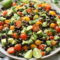 - 1 cup quinoa, rinsed - 2 cups vegetable broth - 1 can (15 oz) black beans, drained and rinsed - 1 cup cherry tomatoes, halved - 1 bell pepper (red or yellow), diced - 1 small red onion, finely chopped - 1 avocado, diced - 1/4 cup fresh cilantro, chopped - Juice of 2 limes - 3 tablespoons olive oil - 1 teaspoon cumin - 1/2 teaspoon chili powder - Salt and pepper to taste - Crumbled feta cheese - Sliced jalapeños - Additional lime wedges - Quinoa: High in protein and fiber - Black beans: Rich in antioxidants - Avocado: Healthy fats and vitamins When I make this zesty quinoa black bean salad, I focus on fresh, colorful ingredients. Each one adds taste and texture. Quinoa is my base, and it packs a protein punch. Rinsing it helps get rid of any bitter taste. I cook it in vegetable broth. This adds extra flavor without much effort. Next, I grab a can of black beans. Canned beans are a time saver and taste great. I rinse them well to remove excess sodium. Then, I cut cherry tomatoes in half. Their sweetness adds a nice balance to the dish. I also chop a bell pepper for crunch and color. Red onion brings a sharp taste. I finely chop it, so it blends well. Avocado adds creaminess, making each bite satisfying. I like to fold it in gently at the end. This way, it stays intact and looks pretty. Finally, I add fresh cilantro for a burst of flavor. Lime juice and olive oil make a simple dressing. Cumin and chili powder give it a little kick. I season with salt and pepper to taste. This zesty quinoa black bean salad is not just a dish; it's a celebration of health and flavor. For the full recipe, check the instructions above. To start, you need to prepare the quinoa. First, combine 1 cup of rinsed quinoa with 2 cups of vegetable broth in a saucepan. This combination gives the quinoa great flavor. Next, bring the mixture to a boil. Once it boils, reduce the heat to low. Cover the pan and let it simmer for about 15 minutes. The quinoa will soak up the broth and become fluffy. When it’s done, remove it from the heat and let it cool. While the quinoa cools, it’s time to mix the vegetables. In a large bowl, combine 1 can of drained and rinsed black beans, 1 cup of halved cherry tomatoes, 1 diced bell pepper, and 1 finely chopped red onion. These colorful veggies add crunch and taste. Toss them gently to mix everything well. This step ensures that every bite of your salad is full of flavor and nutrition. After the quinoa has cooled, it’s time to assemble your salad. Add the cooled quinoa into the bowl with the vegetable mixture. Now, you’ll make the dressing. In a small bowl, whisk together the juice of 2 limes, 3 tablespoons of olive oil, 1 teaspoon of cumin, and 1/2 teaspoon of chili powder. Season it with salt and pepper to taste. Pour this dressing over the salad and gently toss everything together. This step coats all the ingredients with the fresh, zesty flavor. Finally, just before serving, fold in 1 diced avocado and 1/4 cup of chopped cilantro. This adds creaminess and a fresh touch. Serve your Zesty Quinoa Black Bean Salad chilled or at room temperature for the best taste. For the full recipe, check out the instructions above. To get fluffy quinoa, rinse it well before cooking. This removes the bitter coating called saponin. Use a fine mesh strainer for best results. After cooking, let the quinoa rest for about five minutes. This step helps it become airy and light. You can adjust the lime juice and olive oil to match your taste. If you want a zesty kick, add more lime. For a richer flavor, use a touch more olive oil. Fresh herbs make a big difference too. Chopped cilantro adds a nice aroma and freshness to the salad. Pair this salad with grilled chicken or fish for a complete meal. It also works well as a light dish on its own. Serve it as a side at a picnic or barbecue. The bright colors and fresh flavors make it a hit at any gathering. For the full recipe, check out the details above and get cooking! {{image_2}} You can make your Zesty Quinoa Black Bean Salad even heartier by adding protein. Grilled shrimp or chicken works well. They add a nice flavor boost. You can also mix in nuts or seeds for crunch. Almonds or pumpkin seeds give a great texture and taste. Using seasonal ingredients makes the salad fresh and vibrant. In spring, try adding asparagus or radishes. In summer, sweet corn is a fantastic choice. It adds a pop of sweetness and color. As seasons change, feel free to swap out veggies to keep it exciting. Switching up the dressing can change the whole salad. You might try using lemon juice instead of lime. It gives a different zing. You can also experiment with spices. Adding smoked paprika or garlic powder can create new flavor profiles. Store your Zesty Quinoa Black Bean Salad in an airtight container. This keeps it fresh and tasty. It is best to eat within 3-4 days. After that, the flavors may fade, and the texture might change. You can freeze portions of the salad in sealed bags. This makes meal prep easy. To serve, thaw the salad in the refrigerator overnight. It’s a quick way to enjoy a healthy meal later. When it’s time to eat, gently toss the salad and reheat it on the stove. This helps keep the texture nice. Avoid using the microwave. Microwaving can make the salad soggy and less appealing. Enjoy your salad fresh and flavorful with every bite! For the full recipe, check out the earlier sections. Typically, quinoa cooks in about 15 minutes. First, rinse it well to remove any bitterness. Then, combine the quinoa with vegetable broth in a saucepan. Bring it to a boil. Lower the heat, cover it, and let it simmer. In no time, you will have fluffy quinoa ready for your salad. Yes, it's great prepared a day in advance; flavors meld well. Letting it sit allows the ingredients to absorb the dressing. This makes each bite even more delicious. Just be sure to add the avocado right before serving. Yes, all ingredients are naturally gluten-free. Quinoa, black beans, and veggies all fit into a gluten-free diet. This salad is perfect for anyone avoiding gluten. Absolutely, using canned beans saves time and is convenient. Drain and rinse the beans before adding them to your salad. This helps to reduce sodium and enhances their flavor. Greek yogurt or a handful of sunflower seeds can be alternatives. Greek yogurt adds creaminess, while sunflower seeds give a nice crunch. Both options keep the salad tasty and satisfying. For the full recipe, check out the Zesty Quinoa Black Bean Salad. This blog post covered a fresh quinoa salad that is both tasty and healthy. You learned about the key ingredients, simple steps to make it, and helpful tips for great results. Adding proteins and seasonal items can customize your salad to your taste. Enjoy this salad as a light meal or side dish. Keep leftovers stored right, and you can savor this dish for days. With easy adjustments, you can create a version you love. Now, go make your own delicious quinoa salad!