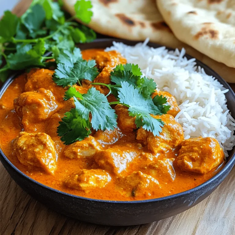 - Chicken: You need 500g of boneless chicken breasts. Cut them into bite-sized pieces. This helps the chicken cook evenly. - Spices: You'll use 2 tablespoons of tikka masala spice mix. This mix gives the dish its rich flavor. Additionally, add 1 teaspoon of garam masala for extra warmth. - Dairy and Vegetables: Use 1 cup of plain yogurt. This tenderizes the chicken and adds creaminess. You’ll also need 1 medium onion, 4 cloves of garlic, and 1 inch of grated ginger. These aromatics build a great base. Finally, use 1 can (400g) of crushed tomatoes and 1 cup of coconut milk. They create the delicious sauce. - Fresh Herbs: Fresh cilantro adds a burst of color and freshness. Chop it and sprinkle on top before serving. - Additional Flavor Enhancers: Consider adding a squeeze of lime juice for brightness. You might also try a dash of chili flakes for heat. These extras can make your dish more exciting. For a detailed list of all ingredients, check the Full Recipe. Preparing the Chicken Mixture First, grab a mixing bowl. Add bite-sized chicken pieces, one cup of plain yogurt, and two tablespoons of tikka masala spice mix. Make sure to mix it well. The chicken should be fully coated with the yogurt and spices. This mix will make your chicken tender and flavorful. Recommended Marinating Time I recommend you let the chicken marinate for at least 30 minutes. For the best taste, marinate it overnight. This extra time lets the flavors sink in deeply. Sautéing Onions and Aromatics Start by heating two tablespoons of vegetable oil in a large skillet over medium heat. Once the oil is hot, add one finely chopped medium onion. Sauté the onion until it turns translucent, about 5 to 7 minutes. Next, add four cloves of minced garlic and one inch of grated ginger. Cook these for one more minute. The kitchen will smell amazing! Browning the Chicken Now it's time for the marinated chicken. Add it to the skillet and cook until it's browned on all sides. This should take about 5 to 8 minutes. Don't rush this step; browning adds great flavor. Simmering the Sauce After browning the chicken, pour in one can of crushed tomatoes. Stir to combine everything well. Let this simmer for 10 minutes. This allows the flavors to blend. Then, reduce the heat and stir in one cup of coconut milk and one teaspoon of garam masala. Simmer for another 10 to 15 minutes. The chicken should be cooked through, and the sauce will thicken slightly. Adjust seasoning with salt and pepper to taste. Now you have a delicious chicken tikka masala ready to serve! For the full recipe, check the recipe section. Marinating for Optimal Flavor Marinating the chicken brings out the best taste. I always use plain yogurt and tikka masala spice mix. This mix gives the chicken deep flavor. Aim for at least 30 minutes to marinate. For even better taste, marinate overnight. The longer the chicken sits, the richer the flavor. Alternating Cooking Techniques I like to mix cooking methods for the best results. Start by sautéing onions, garlic, and ginger. This builds a strong base. Then, brown the marinated chicken. It adds a nice texture and flavor. Finally, simmer everything together. This helps all the flavors blend well. Best Pairings with Chicken Tikka Masala Chicken Tikka Masala shines with basmati rice or naan. The rice soaks up the sauce well. Naan is great for dipping. You can also serve it with a side of cucumber salad for freshness. Fresh cilantro on top adds a pop of color and flavor. Presentation Tips Make your dish look nice. Serve it in a warm bowl. Sprinkle chopped cilantro on top. Add a lemon wedge for a colorful touch. This makes the meal inviting and fun to eat. For a complete meal, pair it with a salad or some roasted vegetables. For a complete cooking guide, check out the [Full Recipe]. {{image_2}} If you want a meat-free meal, try using tofu or paneer. Tofu is a great choice. It soaks up flavors well. Cut the tofu into cubes and press it to remove extra water. Then, marinate it just like you would the chicken. Paneer is another tasty option. This Indian cheese adds a creamy texture to the dish. Simply cube the paneer and follow the same steps in the recipe. Both options taste great with the rich sauce. Do you like your food hot? You can adjust the spice level in your chicken tikka masala. If you want it milder, add less tikka masala spice mix. Start with one tablespoon and taste as you go. For more heat, add a pinch of cayenne pepper or red chili flakes. This lets you find the perfect level for your family. Remember, cooking is all about making it your own! After you enjoy your Easy Chicken Tikka Masala, store the leftovers properly. This dish keeps well in the fridge. - Place the chicken tikka masala in an airtight container. - Make sure it cools down before sealing. - Store it in the fridge for up to 3 days. If you want to keep it longer, freezing is a great option. - Use freezer-safe containers or bags. - Leave some space for expansion. - It can last up to 3 months in the freezer. Reheating chicken tikka masala is simple. You want to keep the flavor and texture intact. - The best method is to use the stovetop. - Pour the masala into a pan over low heat. - Stir often until it’s heated through. You can also use a microwave. - Place it in a microwave-safe dish. - Cover it loosely to avoid splatter. - Heat in short bursts, stirring in between. These methods will help your dish taste fresh and delicious! How to make Chicken Tikka Masala spicier? To make your Chicken Tikka Masala spicier, add more tikka masala spice mix. You can also add chopped fresh chilies or red pepper flakes. Start with a small amount, taste, and adjust as needed. This way, you control the heat level. Can I use chicken thighs instead of breasts? Yes, chicken thighs work well in this recipe. They stay juicy and tender. Just cut them into bite-sized pieces like the breasts. You may need to adjust the cooking time slightly, as thighs take longer to cook. What can I substitute for coconut milk? If you don't have coconut milk, use heavy cream or plain yogurt. You can also try almond milk or cashew cream for a dairy-free option. Just be aware that the flavor will change slightly. - Tips for adjusting recipe quantities: If you want to make more or less, easily scale the ingredients. For example, double the chicken and yogurt if you want to serve eight. Keep the spice levels similar, as they add the main flavor. - How to achieve the best results with a slow cooker: For slow cooking, marinate the chicken as usual. Then, add all the ingredients to your slow cooker. Cook on low for 6-8 hours or high for 3-4 hours. This method makes the chicken very tender and flavors blend well. We explored Chicken Tikka Masala, from key ingredients to cooking steps. I shared tips to enhance flavor and presented delicious variations. Proper storage and reheating ensure your meal stays tasty. With this knowledge, you can tailor the dish to your taste and preferences. Enjoy making your next Chicken Tikka Masala! Getting creative in the kitchen can lead to great meals and fun experiences.