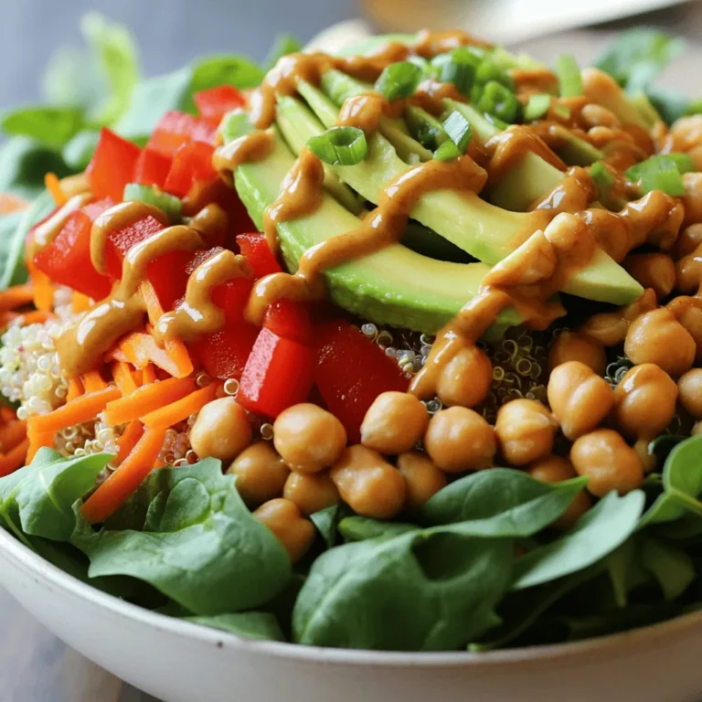 - 1 cup cooked quinoa - 1 can (15 oz) chickpeas, drained and rinsed - 1 red bell pepper, diced - 1 cup shredded carrots - 1 avocado, sliced - 2 cups mixed greens (spinach, arugula) - 1/4 cup chopped green onions - 1/4 cup roasted peanuts, roughly chopped - 1/4 cup peanut butter - 2 tablespoons soy sauce (or tamari for gluten-free) - 1 tablespoon lime juice - 1 tablespoon maple syrup - 1 teaspoon sriracha (adjust to taste) - 1-2 tablespoons water (to thin) In this recipe, I focus on fresh, whole foods. I love quinoa for its protein and fiber. Chickpeas add a nice texture and more protein. The red bell pepper and shredded carrots bring crunch and sweetness. Avocado gives creaminess, while mixed greens add a fresh touch. For the spicy peanut sauce, I choose peanut butter for a rich flavor. Soy sauce adds saltiness, and lime juice brings brightness. Maple syrup balances the heat from sriracha, making it perfect. Adjust sriracha to your spice level! You can find the full recipe in the next section. Enjoy crafting this colorful and healthy bowl! Whisk together peanut butter, soy sauce, lime juice, maple syrup, sriracha, and water until smooth. Start with 1 tablespoon of water. You can add more if needed to thin it out. This sauce is the star of the bowl. It adds a rich and spicy flavor that brings everything together. In a large bowl, mix cooked quinoa, chickpeas, diced red bell pepper, and shredded carrots. Make sure the quinoa is cooked and cooled. This mix creates a hearty base for your Buddha bowl. The chickpeas add protein, while the bell pepper and carrots bring color and crunch. Layer mixed greens in serving bowls, then place the quinoa mixture on top. This adds a nice texture contrast. Garnish with sliced avocado, chopped green onions, and roasted peanuts. These toppings elevate the dish and make it look beautiful. Finally, drizzle the remaining spicy peanut sauce over the top or serve it on the side for dipping. For the full recipe, check out the details earlier in this article. To get your spicy peanut sauce just right, start with the basics. Mix peanut butter, soy sauce, lime juice, maple syrup, and sriracha. If the sauce feels too thick, add a little water. This helps you control the texture. You can make it creamy or runny based on your taste. Want more heat? Try adding more sriracha. Adjust to find your perfect flavor balance. When serving your Buddha bowl, think about how it looks. Use a large, shallow bowl to show off the colors. Layer your ingredients so each one stands out. You can add garnishes like sesame seeds for crunch and lime wedges for a zesty touch. These little extras make your dish pop and taste even better. For more ideas, check the Full Recipe for inspiration. {{image_2}} You can easily switch chickpeas for black beans or tofu. Black beans add a rich taste and are high in fiber. Tofu brings a soft texture and absorbs flavors well. These swaps let you enjoy different flavors while keeping it healthy. Feel free to mix in your favorite greens or veggies. Kale, for example, adds a hearty crunch. You can also try cucumber for a fresh, cool bite. The beauty of this bowl is its flexibility to fit your taste. Want to change up the sauce? Try tahini for a nutty creaminess. A yogurt-based dressing can add a tangy twist. Each option brings its own unique flavor, making your meal exciting and new each time. For the full recipe, check out the details above! To keep your Spicy Peanut Chickpea Buddha Bowl fresh, store it in an airtight container. Make sure to separate the sauce from the salad mix. This helps keep the veggies crisp. The bowl will stay good for about three days in the fridge. When you want to enjoy your leftovers, gently reheat the quinoa and chickpeas. Use a microwave or a stovetop. If using a microwave, heat in short bursts. Stir in between to avoid hot spots. Add a splash of water if it seems dry. This keeps the texture nice and fluffy. You can freeze the chickpea and quinoa mix for later. Just place it in a freezer-safe bag. Remove as much air as possible before sealing. The sauce can also freeze well in ice cube trays. This way, you can use it later as needed. When ready to eat, thaw and reheat the components. Enjoy your meal prep with this easy method. For the complete recipe, check out the [Full Recipe]. Making a Spicy Peanut Chickpea Buddha Bowl is quick! It takes about 15 minutes to prep and 10 minutes to cook. The total time is just 25 minutes. You can whip this up even on a busy day! Yes, you can make this dish ahead! Prepare the quinoa and chickpeas in advance. Store them in the fridge for up to three days. Keep the spicy peanut sauce separate to avoid sogginess. You can mix everything together right before serving. You can add many tasty things! Consider these options: - Spices: A pinch of cumin or paprika adds warmth. - Herbs: Fresh cilantro or basil enhances freshness. - Toppings: Try sesame seeds or crushed red pepper for extra crunch and heat. These will make your bowl even more delicious! This Buddha bowl combines healthy ingredients like quinoa, chickpeas, and veggies. The spicy peanut sauce adds great flavor. You can mix and match with different proteins and dressings to make it your own. Remember to store leftovers correctly to keep them fresh. Enjoy experimenting with ingredients! This dish is not only tasty but also fun to personalize. Happy cooking!