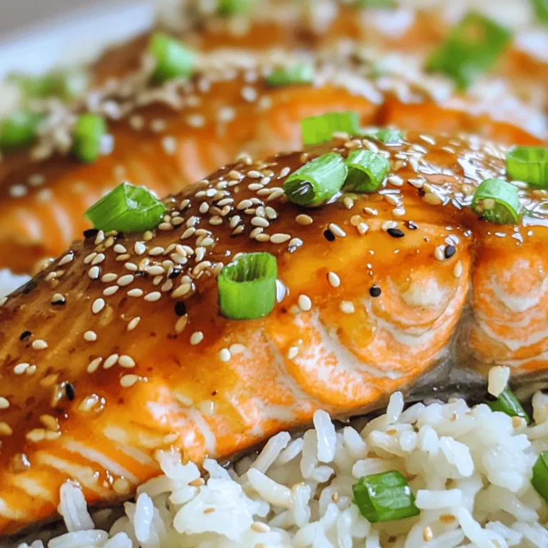 - 4 salmon fillets (6 oz each) - 1/4 cup honey - 3 cloves garlic, minced - 2 tablespoons soy sauce - 1 tablespoon Dijon mustard - 1 tablespoon fresh ginger, grated - 1 tablespoon olive oil - Salt and pepper to taste - 1 tablespoon sesame seeds (for garnish) - 2 green onions, finely chopped (for garnish) In this recipe, I focus on simple, fresh ingredients that really shine. Salmon is the star here. It's rich in protein and omega-3 fatty acids, making it a healthy choice. Honey adds sweetness. It pairs well with the savory garlic and soy sauce. The Dijon mustard brings a nice tang. Fresh ginger gives a warm spice that rounds out the flavors. For garnishing, I love to use sesame seeds and green onions. They add a pop of color and texture. You can easily find all these ingredients at your local store. For side dishes, I recommend jasmine rice or steamed broccoli. Both complement the salmon's flavors well. You can also serve it with a fresh salad for a light meal. When it comes to drinks, a chilled white wine is perfect. A Sauvignon Blanc or a light Pinot Grigio works great. If you prefer non-alcoholic, try sparkling water with a slice of lemon. Each serving has about 350 calories. It includes roughly 30 grams of protein, 10 grams of carbs, and 20 grams of fat. This makes it a balanced meal! This honey garlic glazed salmon recipe is not just tasty but also healthy. Enjoy cooking and sharing this dish with friends and family. For the complete cooking steps, check out the Full Recipe. To make the glaze, start by gathering your ingredients. You need honey, minced garlic, soy sauce, Dijon mustard, and grated ginger. 1. In a small saucepan, combine these ingredients over medium-low heat. 2. Stir well until everything is mixed. 3. Bring the mixture to a gentle simmer. 4. Let it cook for about five minutes. Stir occasionally until it thickens slightly. 5. Once done, remove it from the heat and set it aside. Now, let’s get that oven ready! 1. Preheat your oven to 400°F (200°C). 2. Line a baking sheet with parchment paper. 3. Place your salmon fillets on the sheet. 4. Drizzle olive oil over each fillet. 5. Season them with salt and pepper to taste. After preparing the salmon, it’s time for the glaze. 1. Brush the honey garlic mixture generously over the top of each fillet. 2. Reserve some glaze for later. To add a nice caramelized flavor, we’ll broil the salmon. 1. Bake the salmon in the preheated oven for 12 to 15 minutes. It’s ready when it flakes easily with a fork. 2. In the last two minutes, switch to broil mode. Watch closely to prevent burning. 3. Once it’s done, remove the salmon from the oven. Brush it with the reserved honey garlic glaze for extra flavor. 4. Lastly, sprinkle sesame seeds and chopped green onions on top for a beautiful finish. Serve your honey garlic glazed salmon hot and enjoy the delicious flavors! For the full recipe, check out the ingredients and instructions. To ensure the salmon is perfectly cooked, aim for an internal temperature of 145°F. This temperature makes the fish safe and tender. Use a meat thermometer to check the doneness. The salmon should flake easily when you use a fork. To tell when salmon is done, look for changes in color. It should turn from a bright pink to a more opaque shade. You can also check the edges; they should be slightly crisp. If it looks dry, you may have overcooked it. To enhance the flavor of your honey garlic glazed salmon, consider adding spices like paprika or cayenne for heat. Fresh herbs like cilantro or parsley can add a fresh burst. If you want to adjust the sweetness, add more honey or use brown sugar. To make it saltier, increase the soy sauce. For creative ways to serve honey garlic glazed salmon, place it on a bed of fluffy jasmine rice. You can also pair it with colorful, sautéed veggies like bell peppers or broccoli. When plating, use bright garnishes. A sprinkle of sesame seeds adds texture and looks great. Chopped green onions not only add color but also a fresh taste. Drizzle a bit of extra honey garlic glaze around the plate for a beautiful finish. {{image_2}} You can easily swap salmon for other proteins. Try using trout or halibut. Both fish have a nice taste and work well with the honey garlic glaze. If you prefer chicken, use boneless, skinless chicken breasts. Cook them the same way as the salmon for a tasty meal. For a vegetarian option, use tofu or tempeh. These plant-based proteins soak up flavors well. Marinate them in the honey garlic glaze and grill or bake until golden. This makes a delicious dish for everyone. Adding citrus zest or juice can change the flavor. Try lemon or lime for a fresh twist. Just mix in some zest with the honey garlic glaze. You’ll enjoy the bright taste it brings. You can also experiment with different sauces. For a spicy kick, add chili sauce to the glaze. If you love Asian flavors, try hoisin or teriyaki sauce. Each option gives a new taste to the dish. You can grill or bake your salmon. Grilling gives a smoky flavor and crispy skin. It also cooks faster. However, baking is easier and allows for even cooking. Both methods work well, so choose what you prefer. For a crispy texture, pan-searing is great. Heat oil in a skillet, then sear the salmon skin-side down. Cook until crispy, then flip it over. This method gives a nice crust and keeps the fish moist. Explore these variants to make honey garlic glazed salmon your way! For the complete recipe, refer to the Full Recipe. Store honey garlic glazed salmon in an airtight container. This keeps it fresh and tasty. Place it in the fridge within two hours of cooking. It lasts about 3 days. Enjoy it within this time for the best flavor. To freeze honey garlic glazed salmon, wrap each piece tightly in plastic wrap. Place the wrapped salmon in a freezer bag. Remove as much air as you can. It stays good for about 2 months. When you're ready to eat, move it to the fridge overnight to thaw. To reheat salmon, use the oven or microwave. For the oven, set it to 350°F (175°C). Place salmon on a baking sheet. Cover it with foil to keep moisture in. Heat for about 10-15 minutes. If using a microwave, heat for 30 seconds at a time. Check often to avoid drying it out. If the glaze has thickened, add a bit of water or honey to adjust it. This keeps the flavor rich and tasty. It takes about 25 minutes to make honey garlic glazed salmon. You will spend 10 minutes prepping the ingredients. Cooking the salmon takes around 15 minutes. The dish is quick and easy, perfect for weeknight meals. Yes, you can double the recipe. Just use eight salmon fillets instead of four. You will need to increase the other ingredients, like honey and garlic, too. Keep an eye on the cooking time. If you bake more salmon, it may take a few extra minutes to cook through. You can use maple syrup or agave nectar as a substitute for honey. These sweeteners work well and add their own unique flavors. If you prefer less sweetness, try brown sugar dissolved in water. Each option will slightly change the taste, but they all bring a nice flavor to the dish. Honey garlic glazed salmon is a tasty and easy dish. We covered the ingredients you need and how to cook them. You learned about pairing sides and drinks, plus nutritional facts. Good cooking techniques can make your salmon shine. Don't forget to explore different flavors and methods to keep things fresh. With simple storage tips, you can enjoy leftovers too. This recipe fits any meal and is sure to impress. Enjoy your cooking!