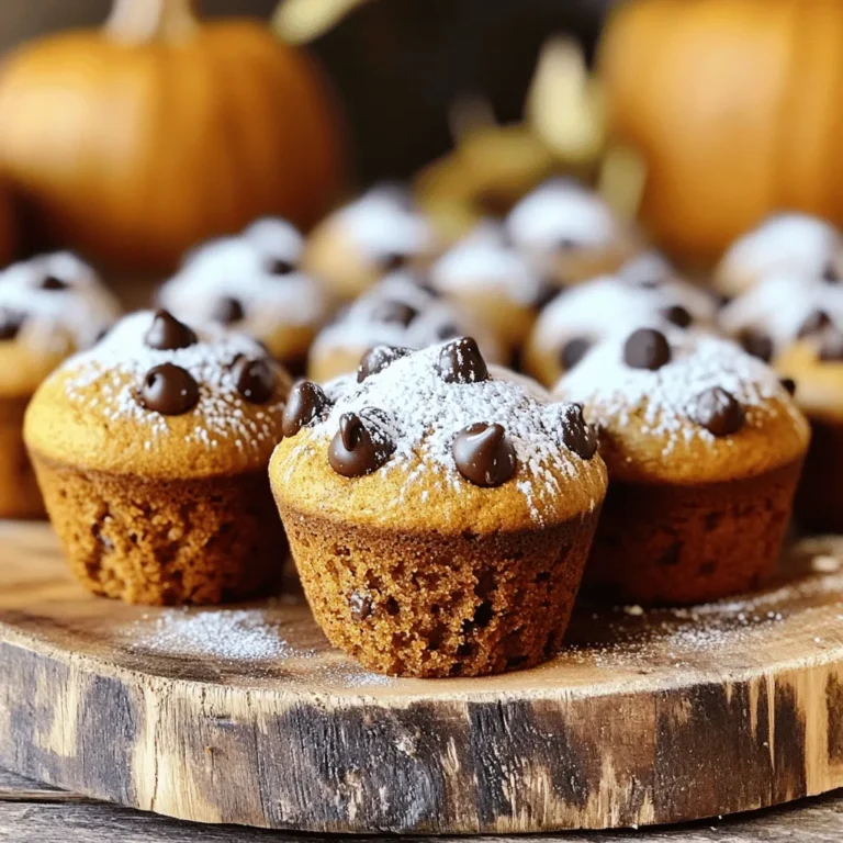 To make delicious pumpkin chocolate chip muffins, you need these key ingredients: - 1 cup canned pumpkin puree - 1/2 cup brown sugar - 1/4 cup granulated sugar - 1/3 cup vegetable oil - 2 large eggs - 1 teaspoon vanilla extract - 1 1/2 cups all-purpose flour - 1 teaspoon baking soda - 1/2 teaspoon baking powder - 1/2 teaspoon salt - 1 teaspoon ground cinnamon - 1/2 teaspoon ground nutmeg - 1/4 teaspoon ground ginger - 1 cup semi-sweet chocolate chips These ingredients work together to create a moist and flavorful muffin. The pumpkin adds sweetness and moisture. The spices enhance the flavor and bring warmth. You can customize your muffins with some optional add-ins. Consider adding: - 1/2 cup chopped walnuts or pecans - Dried cranberries for a tart bite - A sprinkle of sea salt on top for contrast If you want to make this recipe healthier, you can swap out some ingredients. Use whole wheat flour instead of all-purpose flour. You can also use applesauce in place of some oil to lower fat. Each muffin is packed with flavor and nutrition. Here’s the breakdown per muffin: - Calories: 180 - Protein: 3g - Fat: 7g - Carbohydrates: 29g - Fiber: 1g - Sugar: 10g These muffins make a great breakfast or snack option. They are rich in flavor while still being balanced. For the full recipe, check the detailed instructions above. Start by gathering your ingredients. You will need: - 1 cup canned pumpkin puree - 1/2 cup brown sugar - 1/4 cup granulated sugar - 1/3 cup vegetable oil - 2 large eggs - 1 teaspoon vanilla extract - 1 1/2 cups all-purpose flour - 1 teaspoon baking soda - 1/2 teaspoon baking powder - 1/2 teaspoon salt - 1 teaspoon ground cinnamon - 1/2 teaspoon ground nutmeg - 1/4 teaspoon ground ginger - 1 cup semi-sweet chocolate chips - Optional: 1/2 cup chopped walnuts or pecans Preheat your oven to 350°F (175°C). Line a muffin tin with paper liners or grease them. In a large bowl, mix the pumpkin puree, brown sugar, granulated sugar, vegetable oil, eggs, and vanilla. Whisk until smooth. In another bowl, sift the flour, baking soda, baking powder, salt, cinnamon, nutmeg, and ginger. Slowly add this mix to the wet ingredients, stirring gently. Be careful not to overmix. Fold in the chocolate chips and nuts, if you choose to use them. Divide the batter among 12 muffin cups, filling each about 2/3 full. Place the muffin tin in the preheated oven. Bake for 18-22 minutes. To check if they are done, insert a toothpick into the center of a muffin. If it comes out clean, they are ready. Once baked, remove the muffins from the oven. Let them cool in the pan for 5 minutes. After that, transfer them to a wire rack to cool completely. To check if your muffins are done, use a toothpick. It should come out clean from the center of a muffin. If the toothpick has wet batter on it, bake the muffins a few more minutes. Keep an eye on them, as oven times can vary. Enjoy the delicious smell while they bake! For the complete recipe, check out the Full Recipe section. To make your muffins moist, use canned pumpkin puree. It has more water than fresh pumpkin. Mix the wet and dry ingredients gently. This keeps the muffins soft. Overmixing can make them tough. Adding a bit of vegetable oil also helps keep moisture in. One big mistake is using old baking powder. Always check the date on the package. Too much flour can dry out the muffins. Use a spoon to scoop flour into your measuring cup, then level it off. Don’t skip the spices. They add great flavor and warmth. Lastly, remember to cool the muffins in the pan for just five minutes before moving them to a wire rack. Store your muffins in an airtight container. This keeps them fresh for up to three days. You can freeze muffins for up to three months. Wrap each one in plastic wrap, then place them in a freezer bag. To enjoy them later, thaw them at room temperature. You can warm them in the microwave for a few seconds, too. For a special touch, serve with cream cheese or a sprinkle of powdered sugar. {{image_2}} You can add spices to change the taste of your muffins. Consider adding cloves or allspice for warmth. A pinch of cardamom can also enhance the flavor. If you like a bit of heat, try adding a dash of cayenne pepper. These spices work well with pumpkin and make each bite special. If you want a healthier muffin, you can make a gluten-free version. Use a gluten-free flour blend instead of all-purpose flour. You can also replace sugar with honey or maple syrup. This makes your muffins sweet but still healthy. Adding applesauce can cut down on oil and keep them moist. You can make your muffins festive by adding cranberries or orange zest. The tartness of cranberries pairs well with pumpkin. You can also add some chopped nuts for crunch. Try adding a bit of fresh ginger for a zesty kick. These twists make your muffins perfect for fall or winter gatherings. You can find the full recipe and more ideas to explore! To keep your pumpkin chocolate chip muffins fresh, place them in an airtight container. You can also wrap them in plastic wrap. Store them at room temperature for up to three days. If you want them to last longer, consider refrigerating them. Just remember, refrigeration can change their texture a bit. You can freeze these muffins for up to three months. Allow them to cool completely before freezing. Place them in a freezer-safe bag or container. When you want to enjoy them again, remove the muffins from the freezer. Let them thaw in the fridge overnight or at room temperature for a couple of hours. To reheat, warm them in the oven at 350°F (175°C) for about 10 minutes. When stored properly, these muffins can last about three days at room temperature and up to a week in the fridge. If frozen, they can stay fresh for three months. Always check for signs of spoilage, like mold or an off smell, before eating. Enjoy your muffins at their best! For the full recipe, check the link above. Yes, you can use fresh pumpkin. Start by roasting a small pumpkin. Cut it in half and scoop out the seeds. Bake the halves cut side down at 350°F (175°C) for about 45 minutes, or until soft. Once cool, scoop out the flesh and blend it until smooth. Use this as a 1:1 swap for canned pumpkin in the recipe. To make these muffins vegan, replace the eggs with flax eggs. Mix 1 tablespoon of ground flaxseed with 2.5 tablespoons of water. Let it sit for 5 minutes. This acts as a binder. You can also use plant-based oil, like coconut oil or canola oil, instead of vegetable oil. Make sure to use dairy-free chocolate chips too. If you want to swap out chocolate chips, try using dried fruit like raisins or cranberries. You can also use nuts, like chopped walnuts or pecans, for extra crunch. For a fun twist, consider white chocolate chips or butterscotch chips. For the complete recipe, including all the ingredients and steps, check out the Full Recipe for Pumpkin Chocolate Chip Muffins. We covered all you need for perfect pumpkin chocolate chip muffins. You learned about essential ingredients and optional add-ins. The step-by-step guide made baking easy and fun. Tips helped avoid common mistakes. Variations let you explore new flavors, and storage advice keeps muffins fresh. Now, you’re ready to bake tasty treats that everyone will love. Enjoy your muffins and share them with friends! Happy baking!
