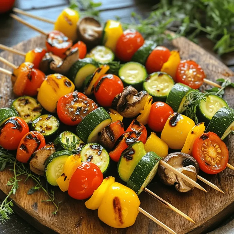 For tasty grilled veggie skewers, you need: - 1 zucchini, sliced into thick rounds - 1 bell pepper (any color), cut into chunks - 1 red onion, cut into wedges - 10 cherry tomatoes - 8 mushrooms, cleaned and halved These veggies add great color and flavor. Feel free to mix and match based on what you like. The marinade brings all the flavors together. You will need: - 2 tablespoons olive oil - 1 tablespoon balsamic vinegar - 2 teaspoons garlic powder - 1 teaspoon dried oregano - Salt and pepper to taste This mix enhances every bite. Adjust the seasonings if you want more or less flavor. Garnishes make your skewers look great. You can add: - Fresh herbs like parsley or basil - A side of tzatziki or hummus for dipping These extras make the dish shine. They’re not just pretty; they add more flavor, too! For the full recipe, check out the section above. Marinating adds flavor to your veggies. Start by mixing olive oil, balsamic vinegar, garlic powder, dried oregano, salt, and pepper in a bowl. Whisk until it looks good. Next, toss in your zucchini, bell pepper, red onion, cherry tomatoes, and mushrooms. Make sure each piece is covered in the tasty mix. Let them sit for at least 15 minutes. This will help the veggies soak up all those yummy flavors. Now, it’s time to grill! First, heat your grill to medium-high. While it heats, thread the marinated veggies onto soaked wooden skewers. Mix colors and shapes for a fun look. Place the skewers on the hot grill. Grill for about 10 to 12 minutes. Turn them often to get nice grill marks. When the veggies are tender, take them off the grill. Let them cool for a minute before serving. Serving your skewers is easy and fun. Arrange them on a large platter. For a fresh touch, add herbs like parsley or basil on top. You can also serve them with tzatziki or hummus. These dips add extra flavor and make it more exciting. Enjoy your grilled veggie skewers! For the full recipe, check out the details above. Pick fresh, colorful vegetables for your skewers. I love using zucchini, bell peppers, red onions, cherry tomatoes, and mushrooms. You can also try eggplant or squash for variety. Choose veggies that cook at similar times. This way, everything will grill evenly. To get those nice grill marks, preheat your grill to medium-high heat. Place the skewers on the grill and don’t move them for the first few minutes. This helps create those beautiful char lines. Turn the skewers only when you see good grill marks. Aim for about 10-12 minutes of grilling time. Marinades add tons of flavor! My go-to mix includes olive oil, balsamic vinegar, garlic powder, and oregano. But don’t stop there! You can switch it up. Try lemon juice and thyme for brightness or soy sauce and ginger for an Asian twist. Let your creativity shine! Check out the Full Recipe for more ideas. {{image_2}} You can change the veggies based on the season. In spring, try asparagus and peas. Summer brings fresh corn and eggplant. In fall, sweet potatoes and Brussels sprouts are great choices. Winter lets you use root vegetables like carrots and parsnips. Mixing colors and shapes makes the skewers fun and tasty. These veggie skewers are naturally vegan and gluten-free. You can add tofu or tempeh for more protein. Both soak up flavors well. Just marinate them with the same mix as the veggies. If you want a heartier meal, add quinoa or couscous on the side. To boost the taste, try different herbs and spices. Fresh basil or cilantro adds brightness. For a spicy kick, sprinkle some red pepper flakes. You can also use smoked paprika for a smoky flavor. Experimenting with flavors keeps the recipe exciting. For the full recipe, check out Grilled Veggie Skewers Delight. Once you finish your delicious grilled veggie skewers, store any leftovers in an airtight container. This keeps them fresh. Place the skewers in the fridge. They will last for up to three days. If you have lots of veggies left, you can also take them off the skewers. This makes storage easier. To reheat your skewers, use the oven or a skillet. Preheat your oven to 350°F. Place the skewers on a baking sheet. Heat for about 10 minutes, or until warm. If using a skillet, just add a bit of oil and warm them for about five minutes. This keeps them tasty and prevents them from drying out. Freezing these skewers is a great way to save them for later. First, let the skewers cool completely. Then, wrap them tightly in plastic wrap. Place them in a freezer-safe bag. They can last for up to three months in the freezer. When you're ready to eat, thaw them in the fridge overnight. You can then reheat them as mentioned above. Enjoy your grilled veggie skewers whenever you like! You should marinate the veggies for at least 15 minutes. This time helps the vegetables soak up all the great flavors. If you have more time, you can marinate them for up to 2 hours. Just remember to keep them in the fridge if you marinate longer. Yes, you can use different skewers! Bamboo skewers are common, but you can also use metal skewers. Just make sure to soak bamboo skewers in water for 30 minutes. This helps prevent them from burning on the grill. Metal skewers can go straight on the grill without soaking. Some tasty dipping sauces include tzatziki, hummus, or a balsamic glaze. Tzatziki is cool and creamy, making it a great match for grilled veggies. Hummus adds a rich, nutty flavor. A balsamic glaze gives a sweet and tangy kick that pairs well with the smoky veggies. Feel free to experiment with your favorites! Grilled vegetable skewers are easy and fun to make. You learned about choosing fresh veggies, creating a tasty marinade, and grilling to perfection. We also explored storage tips and variations. Remember to mix and match seasonal vegetables for new flavors. Enjoy experimenting with different marinades and garnishes. Keep your grilling simple and delicious. With practice, you’ll impress everyone with your skills. Happy grilling!
