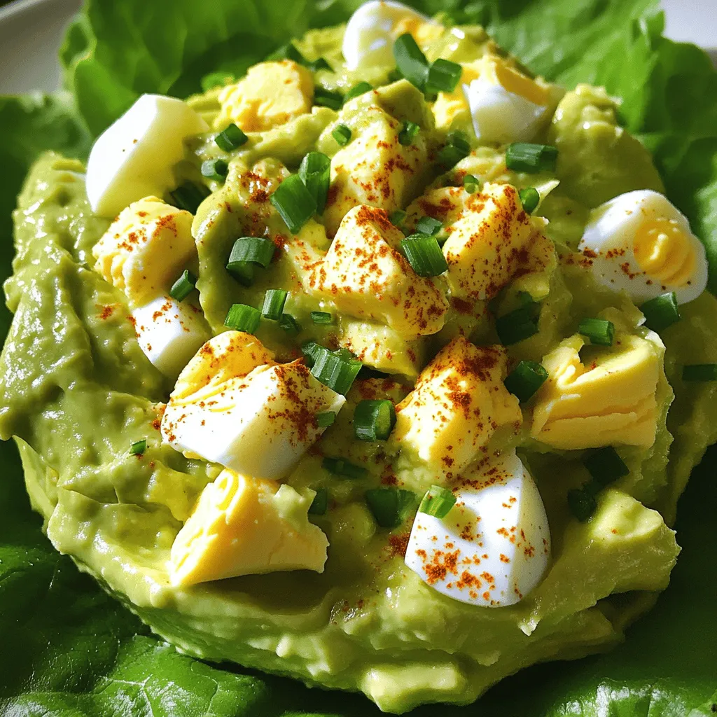 - 4 hard-boiled eggs - 1 ripe avocado - 2 tablespoons Greek yogurt (or mayonnaise) - 1 teaspoon Dijon mustard - 1 tablespoon fresh lemon juice - 2 tablespoons fresh chives - Salt and black pepper - Optional garnishes For a tasty avocado egg salad, you need simple, fresh ingredients. Each one adds flavor and nutrition. The hard-boiled eggs are rich in protein. They help keep you full. The ripe avocado brings creaminess and healthy fats. Greek yogurt or mayonnaise adds a nice touch. Dijon mustard gives it a little zing. Fresh lemon juice brightens up the dish. It also helps keep the avocado from browning. Chives add a mild onion flavor. Salt and black pepper enhance the taste. This avocado egg salad is not just easy to make; it's also versatile. You can add optional garnishes like smoked paprika or lettuce. These add extra flavor and make the dish look pretty. For the full recipe, check out the Creamy Avocado Egg Bliss. To start, you need four hard-boiled eggs. Chop them into small pieces and place them in a medium bowl. Next, take one ripe avocado and mash it with a fork in a separate bowl. Aim for a smooth texture, but not too mushy. Now, combine the mashed avocado with two tablespoons of Greek yogurt or mayonnaise, one teaspoon of Dijon mustard, and one tablespoon of fresh lemon juice. Don’t forget to add a pinch of salt and black pepper. Mix everything until it's creamy and well blended. When you add the chopped eggs to the avocado mix, do it gradually. Gently fold them in with a spatula. Be careful not to mash the eggs too much. You want to keep some chunks for texture. This step makes your salad feel hearty and satisfying. Now it’s time to taste your creation. Adjust the seasoning as needed, adding more salt, pepper, or lemon juice. For serving, you can place the avocado egg salad on fresh lettuce leaves or serve it on whole-grain bread. This adds a nice crunch and makes your meal more fun. Don't forget to check the [Full Recipe] for all the details! To make the best avocado egg salad, start with the avocado. Look for one that is ripe but firm. A ripe avocado feels slightly soft when you press gently. If it’s too hard, let it sit on the counter for a day or two. If it’s too soft, it might be overripe. When it comes to cooking the eggs, hard-boiling is best. Start with cold water, then bring it to a boil. Once boiling, cover the pot and turn off the heat. Let the eggs sit for about 10-12 minutes. This gives you a nice, firm yolk without green rings. After cooking, cool them in cold water to stop the cooking process. To add flavor, don’t be shy with spices. A dash of smoked paprika gives a smoky note. You can also try a pinch of cayenne for heat or garlic powder for a savory kick. Fresh herbs can boost the taste, too. Chives are great, but you can also use parsley or dill. Just chop them finely and mix them in. Freshness really brightens the dish. How you serve your salad matters. For a simple touch, use a colorful bowl or plate. This makes the dish pop. You can also try serving it on whole-grain bread for a sandwich feel or in lettuce leaves for a lighter option. Garnishing makes it look nice. A sprinkle of smoked paprika on top adds color. Extra chives or even a slice of lemon can make it look fancy. Remember, we eat with our eyes first! {{image_2}} You can make avocado egg salad your own. For a protein boost, try adding cooked chicken or canned tuna. These proteins mix well with the creamy texture. You can also toss in veggies for extra crunch. Bell peppers and celery add color and flavor. They make the dish more vibrant and healthy. If you need gluten-free options, worry not! This salad is naturally gluten-free. You can serve it on gluten-free bread or lettuce wraps. For vegan alternatives, swap eggs with chickpeas. Mash them up for a similar texture. Use vegan mayo instead of Greek yogurt for creaminess. If you like some heat, add jalapeños to your salad. They give a spicy kick that many enjoy. For a Mediterranean flair, mix in olives and feta cheese. The salty olives and creamy feta pair perfectly with the avocado. These changes keep the salad exciting every time you make it. For the full recipe, check out Creamy Avocado Egg Bliss. Store your avocado egg salad in an airtight container. This keeps it fresh. Use a glass or plastic container with a tight lid. Place the salad in the fridge right after serving. It stays fresh for about two to three days. After that, the avocado may brown and affect taste. Can you freeze avocado egg salad? I do not recommend it. Freezing changes the texture of the avocado. If you freeze it, it may become mushy when thawed. If you must freeze, use a freezer-safe container. Thaw it in the fridge overnight before using. Stir it well to mix the ingredients again. Preparing smaller batches is a smart choice. It helps you avoid waste and keeps the salad fresh. Aim for about one cup per person. This is a good serving size. If you have more guests, you can easily make more. You can also scale the recipe up or down based on your needs. For the full recipe, check the earlier section. How can I tell if an avocado is ripe? A ripe avocado feels slightly soft when you gently squeeze it. The skin should have a dark green or almost black color. If it feels too hard, it is not ready. If it feels mushy, it is overripe. Can I use different types of mustard? Yes, you can use different mustards like yellow or whole grain. Each type brings a unique flavor. Experiment to find the one you like best! Nutritional value of avocado and eggs Avocados are rich in healthy fats, fiber, and vitamins. They support heart health and keep you full. Eggs provide protein, vitamins, and minerals. Together, they make a nutrient-packed meal. Is it low-carb? Yes, avocado egg salad is low in carbs. The main ingredients are low in carbohydrates. This makes it a great choice for low-carb diets. What to do if it's too creamy? If your salad is too creamy, add more chopped eggs to balance it. You could also mix in extra veggies like celery for crunch. Tips for avoiding browning of the avocado To keep the avocado green, add lemon juice right after mashing. You can also store it in an airtight container. Cover it tightly to limit air exposure. This blog post covered how to make a tasty avocado egg salad. We discussed the key ingredients, easy steps, and helpful tips. I suggested ways to modify the salad based on your taste and dietary needs. Remember, the best salads come from experimenting! Incorporating fresh flavors and textures can make your dish shine. Enjoy creating a salad that fits your style. Happy cooking!