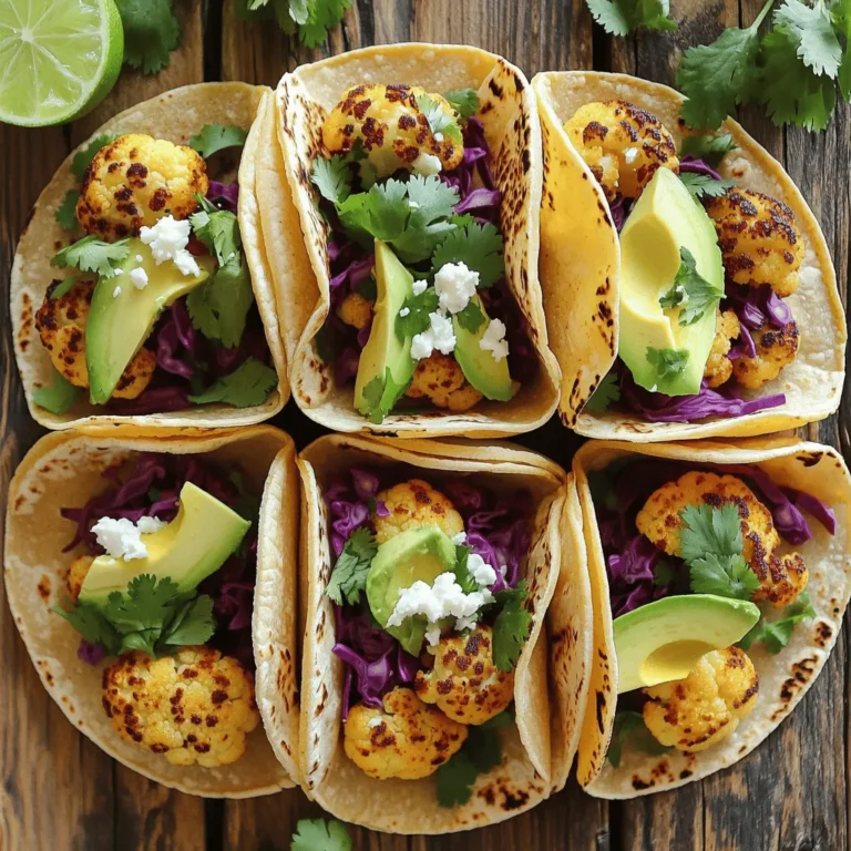 To make roasted cauliflower tacos, you need simple and fresh ingredients. Here’s what you will need to gather: - 1 medium cauliflower, cut into florets - 2 tablespoons olive oil - Seasonings needed: smoked paprika, cumin, garlic powder, chili powder, salt, and pepper - Tortillas (corn or flour) - Fresh toppings: avocado, red cabbage, cilantro, lime - Optional extras: crumbled feta cheese or vegan cheese for topping These ingredients combine to create a delightful and colorful meal. The cauliflower brings a hearty texture, while the spices add depth and warmth. The vibrant toppings finish off the dish with a burst of freshness. You can find the full recipe to guide you through the cooking process. First, you need to preheat your oven to 425°F (220°C). This step is key. A hot oven helps to crisp the cauliflower. Next, take your medium cauliflower and cut it into florets. Place these florets in a large bowl. Add 2 tablespoons of olive oil. Then, sprinkle in 1 teaspoon of smoked paprika, 1 teaspoon of cumin, 1/2 teaspoon of garlic powder, and 1/2 teaspoon of chili powder. Season with salt and pepper to taste. Toss everything together until each piece is coated well. Spread the seasoned florets out on a baking sheet. Make sure they are in a single layer. This allows them to roast evenly. Put the baking sheet in the preheated oven. Roast for about 25-30 minutes. Flip the cauliflower halfway through. You want them golden brown and tender. While the cauliflower roasts, heat your tortillas. You can use either corn or flour. Place them in a dry skillet over medium heat. Warm them for about 30 seconds on each side. This makes them soft and easy to fold. Once the cauliflower is done, take it out of the oven and let it cool for a few minutes. Now, it’s time to build your tacos! Place a generous amount of roasted cauliflower on each tortilla. Top with sliced avocado, shredded red cabbage, and chopped cilantro. Squeeze fresh lime juice over the tacos for a zesty kick. If you like, add crumbled feta cheese or vegan cheese for extra flavor. Serve these vibrant roasted cauliflower tacos right away and enjoy every bite! For a full recipe, check the earlier section. Seasoning cauliflower is key for great flavor. Start with olive oil to help the spices stick. Use a mix of smoked paprika, cumin, garlic powder, and chili powder. This combo gives warmth and depth. Don’t forget salt and pepper to enhance the taste. Toss the florets well to coat them evenly. This ensures every bite is packed with flavor. Adjust spices to your liking, adding more chili for heat. Roasting cauliflower is simple but needs attention. Set your oven to 425°F (220°C) for perfect roasting. Spread the florets in a single layer on the baking sheet. This helps them cook evenly and become crispy. Flip the cauliflower halfway through to brown all sides. Roast for about 25-30 minutes, until they turn golden and tender. Keep an eye on them to avoid burning. To keep your tacos fresh, warm the tortillas right before serving. Heat them in a dry skillet for about 30 seconds on each side. This makes them soft and pliable. When you assemble, add roasted cauliflower and toppings just before eating. This keeps the taco crunchy and prevents sogginess. Enjoy your vibrant roasted cauliflower tacos with a squeeze of lime for added zest. For more details on making these tacos, check the Full Recipe. {{image_2}} These tacos are great for vegan eaters. The roasted cauliflower shines as the main star. You can enjoy all the flavors without any animal products. Just follow the Full Recipe and skip the optional cheese. The creamy avocado and fresh lime add richness and zest. You won’t miss the cheese at all! If you need gluten-free options, corn tortillas work best. They hold the roasted cauliflower well. You can find them in most stores. Always check the label to ensure they are gluten-free. This way, everyone can enjoy these tacos without worry. Toppings can take your tacos to the next level. Try adding crunchy toppings like sliced radishes or pickled onions. They bring extra flavor and texture. You can also drizzle sauces like tahini or a spicy salsa. Experiment with different flavors to find your favorite combo. Fresh herbs, like basil or parsley, can also brighten the dish. Have fun with your toppings to make each taco unique! To keep your roasted cauliflower tacos fresh, wrap them tightly in foil or plastic wrap. This helps prevent them from drying out. You can also place them in an airtight container. Store them in the fridge for up to three days. When you are ready to eat them, you can reheat them easily. To reheat leftover tacos, you have a few simple options. You can use a skillet over medium heat. Place the tacos in the skillet and warm for about 2-3 minutes on each side. This keeps the tortillas soft and the filling warm. You can also use a microwave. Heat them in 30-second intervals until warm. Just be careful, as microwaving may make the tortillas a bit chewy. If you want to save time later, you can freeze the roasted cauliflower. Let it cool completely, then place it in a freezer-safe bag. Remove as much air as possible before sealing. You can freeze it for up to three months. When you are ready to use it, thaw it in the fridge overnight. After thawing, you can reheat it as mentioned before. Enjoy your roasted cauliflower tacos whenever you wish! For the entire recipe, check out the Full Recipe section. Yes, you can make roasted cauliflower tacos ahead of time. Roast the cauliflower and store it in the fridge. It stays good for 3-4 days. When ready to eat, warm the cauliflower in a pan. Heat the tortillas as well, then assemble your tacos. This way, you enjoy fresh flavors without much hassle. For side dishes, you have many tasty options. Here are a few ideas: - Black bean salad - Mexican street corn - Quinoa salad - Cilantro lime rice - Chips with salsa or guacamole These sides add flavor and color to your meal. Yes, adding protein is easy! Here are a few tasty options: - Grilled chicken - Black beans - Chickpeas - Tofu - Shrimp Just cook your protein separately and add it to your tacos. You’ll have a more filling meal and a great flavor mix. To spice up your tacos, try these tips: - Add more chili powder to the cauliflower mix. - Use spicy salsa or hot sauce as a topping. - Add sliced jalapeños for a fresh kick. - Mix in diced chipotle peppers for smoky heat. These tweaks will make your tacos extra bold and exciting. If you want to switch up the base, try these alternatives: - Broccoli florets - Brussels sprouts, halved - Eggplant, diced - Sweet potatoes, cubed These veggies roast well and bring unique flavors. You can enjoy a different taste while keeping it simple and healthy. For the full recipe, check out the detailed steps and ingredients above. Roasted cauliflower tacos are tasty and easy to make. You learned about key ingredients, steps for prep, and ways to make these tacos your own. I shared tips for seasoning, keeping them fresh, and even variations for different diets. Remember to store leftovers properly so you can enjoy them later. With these simple ideas, you can make delicious tacos that fit your needs. Dive in and explore the fun of taco-making!
