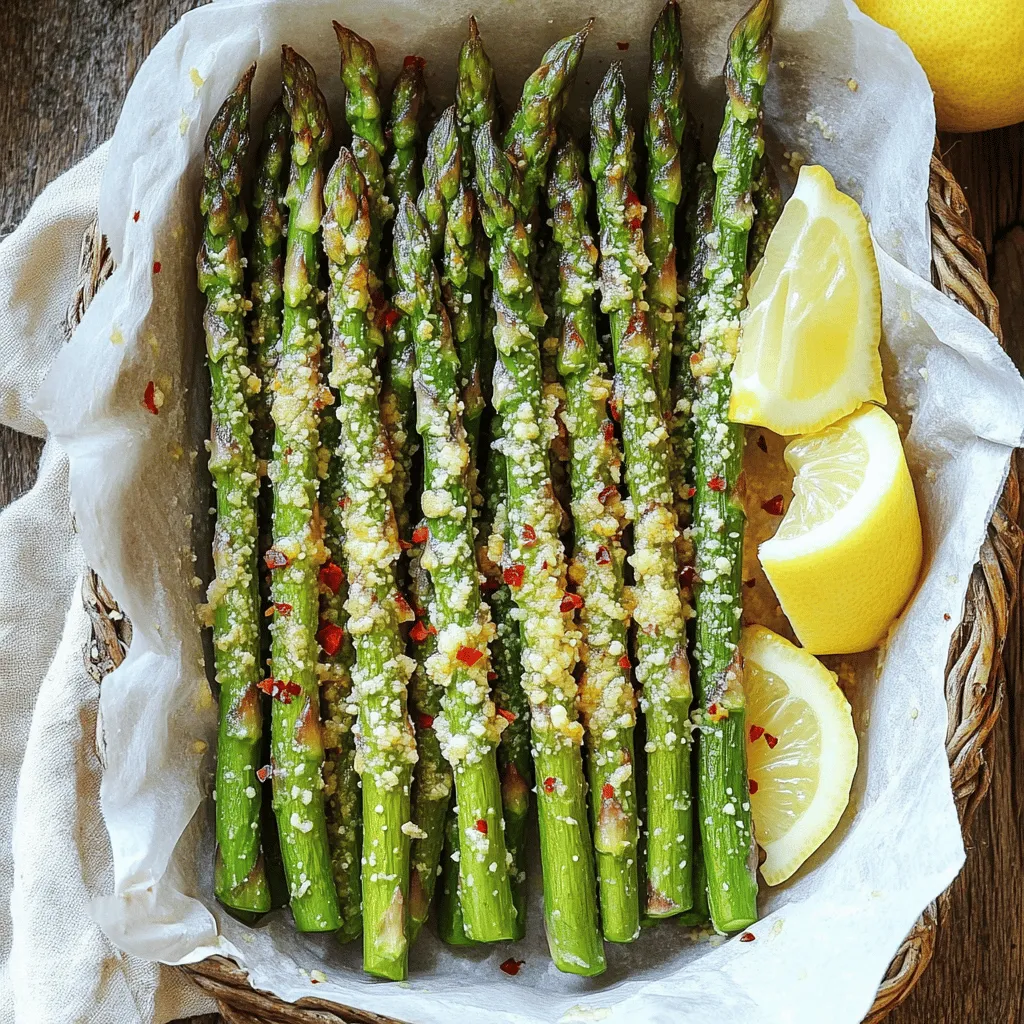 To start, you need one pound of fresh asparagus. Look for firm, green stalks. They should feel crisp and have a vibrant color. Trim the woody ends to ensure a tender bite. Fresh asparagus gives the best taste and texture. You will need a few key seasonings for flavor. Gather these ingredients: - 2 tablespoons olive oil - 3 cloves garlic, minced - 1 teaspoon garlic powder - 1/2 teaspoon salt - 1/4 teaspoon black pepper - Optional: 1/4 teaspoon red pepper flakes for heat Olive oil helps the seasonings stick and adds richness. Minced garlic and garlic powder boost the flavor. Salt and black pepper enhance the dish. If you like spice, add red pepper flakes. Parmesan cheese is essential for this recipe. Use 1/2 cup of grated Parmesan cheese. It offers a salty, nutty taste. Grating the cheese fresh makes it melt better and adds more flavor. You can also try different cheeses, but Parmesan gives the best crunch and taste. For the full recipe, refer to the instruction section. First, wash your asparagus under cool water. Trim the tough ends off each spear. This part can be hard, but it makes the asparagus nice to eat. You want them to be about 5 to 6 inches long. Once trimmed, place them in a large bowl. This bowl will help you mix in the oil and spices later. Now, pour in 2 tablespoons of olive oil. Toss the asparagus well so every piece gets coated. Next, add 3 minced garlic cloves, 1 teaspoon of garlic powder, 1/2 teaspoon of salt, and 1/4 teaspoon of black pepper. If you like heat, you can add 1/4 teaspoon of red pepper flakes. Mix everything together until the asparagus is well coated. The smell will be amazing! Preheat your oven to 425°F (220°C). Line a baking sheet with parchment paper. This helps with easy cleanup. Spread the asparagus in one layer on the sheet. Now for the best part: sprinkle 1/2 cup of grated Parmesan cheese over the top. Bake for 15 to 20 minutes. You want them to be tender and the cheese golden and crispy. Let them cool for a few minutes before serving. Enjoy your tasty snack! For the full recipe, check out the details above. To get your asparagus fries nice and crispy, start with fresh asparagus. Trim the ends to remove any tough parts. Use a good amount of olive oil to coat each piece. This oil helps create that crunchy layer. Spread the asparagus in a single layer on your baking sheet. Crowding them can lead to steaming, not baking. Bake at 425°F for 15-20 minutes. Keep an eye on them. When the cheese is golden, it’s time to pull them out. To boost the flavor, add garlic powder to the mix. You can also sprinkle some red pepper flakes for a little heat. If you love herbs, try adding dried oregano or thyme. These add a lovely twist to the flavor. Squeeze some fresh lemon juice over the fries before serving. This gives them a bright taste that pairs well with the cheese. These asparagus fries make a great snack or side. Serve them in a rustic basket lined with parchment paper. This adds a nice touch to your presentation. Offer lemon wedges on the side for a zesty kick. They also pair wonderfully with dips like ranch or aioli. For a full recipe, check the detailed instructions provided. Enjoy your crunchy and tasty snack! {{image_2}} You can change the cheese for different flavors. Try using feta for a tangy kick. Goat cheese adds a creamy texture. For a sharper taste, use aged cheddar. Each cheese brings a unique twist to your asparagus fries. Mix up the seasonings to match your taste. Instead of garlic powder, use onion powder for a sweet flavor. Italian herbs like oregano and basil add freshness. For heat, try smoked paprika or cayenne pepper. These changes can make your dish exciting. Feel free to add more veggies or proteins. Carrots or zucchini make great partners with asparagus. You can also toss in cooked chicken or shrimp for a heartier meal. Each addition brings new tastes and textures to the table. These variations can help you create your perfect Garlic Parmesan Asparagus Fries. Explore your options to find your favorite mix! For the full recipe, check out the main section. To keep your Garlic Parmesan Asparagus Fries fresh, store them in an airtight container. Place a paper towel in the container to absorb moisture. This helps maintain their crunch for longer. They will last in the fridge for up to three days. For the best results, reheat your asparagus fries in the oven. Preheat your oven to 400°F (200°C). Spread the fries on a baking sheet. Heat them for about 5-10 minutes. This method helps restore their crispy texture. You can also use an air fryer for a quick reheat. Set it to 350°F (175°C) for about 3-5 minutes. You can freeze asparagus fries if you want to save some for later. First, let them cool completely. Then, place them in a single layer on a baking sheet and freeze for about an hour. Once frozen, transfer them to a freezer-safe bag. They can last up to two months in the freezer. When ready to enjoy, bake from frozen for about 20-25 minutes at 425°F (220°C). This will keep them crispy and tasty. For the full recipe, refer back to the main instructions. Yes, you can use frozen asparagus. However, fresh asparagus gives better texture and taste. Frozen asparagus can be soggy. If you use frozen, thaw it first and pat it dry. This helps remove excess moisture. To make Garlic Parmesan Asparagus Fries gluten-free, you only need to ensure your ingredients are safe. The ingredients listed are naturally gluten-free. Just check that your Parmesan cheese has no additives that contain gluten. These fries pair well with many dishes. Serve them with grilled chicken or fish for a balanced meal. You can also enjoy them with a dip, like ranch or aioli. They make a great snack for parties too! For the complete method and measurements, refer to the Full Recipe. This blog post covered how to make Garlic Parmesan Asparagus Fries. We explored fresh asparagus, the right seasonings, and cheese options. I shared easy steps for preparing, coating, and baking your fries. I also included tips for a crispy texture and tasty variations. Finally, we addressed storage and reheating methods, ensuring you enjoy your leftovers. With a few simple ideas, you can make this dish your own. Enjoy experimenting with flavors, and happy cooking!