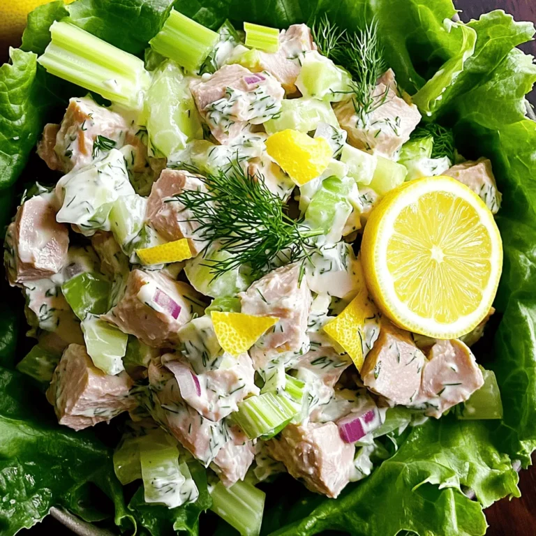To make Lemon Dill Tuna Salad, gather these simple ingredients: - 2 cans (5 oz each) of tuna in water, drained - 1/4 cup mayonnaise - 2 tablespoons Greek yogurt - 1 tablespoon Dijon mustard - Juice and zest of 1 lemon - 1/4 cup celery, finely chopped - 1/4 cup red onion, finely chopped - 2 tablespoons fresh dill, chopped (or 1 tablespoon dried dill) - Salt and pepper to taste - Optional: 1/4 cup capers, rinsed (for a briny kick) - Lettuce leaves (for serving) You can swap some ingredients to fit your taste or diet: - Use avocado instead of mayonnaise for a creamy texture. - Replace Greek yogurt with sour cream if you prefer. - Choose fresh herbs like parsley if you can’t find dill. - For a kick, add a splash of hot sauce or sriracha. This tuna salad is packed with nutrients. Each serving (about 1/2 cup) offers: - Calories: 250 - Protein: 27g - Fat: 15g - Carbohydrates: 5g - Fiber: 1g - Sugar: 1g This makes a healthy meal, great for lunch or a light dinner. Enjoy this fresh and flavorful Lemon Dill Tuna Salad as a balanced dish that keeps you satisfied! For the full recipe, check out the details above. Start by gathering your ingredients. You need two cans of tuna, mayonnaise, Greek yogurt, and Dijon mustard. The lemon juice and zest add bright flavor. Don’t forget the celery, red onion, and dill for crunch and taste. 1. In a large bowl, mix the drained tuna, mayonnaise, Greek yogurt, and Dijon mustard. Stir until everything blends well. 2. Add the lemon juice and zest. Mix again until the tuna is coated nicely. 3. Now, fold in the chopped celery, red onion, and fresh dill. If you like a briny taste, add capers now. 4. Season with salt and pepper. Taste and adjust if needed. Cover the bowl with plastic wrap. Place it in the fridge for at least 30 minutes. Chilling helps the flavors blend. This wait makes the salad even tastier. When ready to serve, place lettuce leaves on a plate. Spoon the chilled tuna salad on top. For a nice touch, add a slice of lemon and a sprig of dill to each plate. You can also serve it with whole grain crackers or pita for a nice crunch. Enjoy your fresh and flavorful lemon dill tuna salad! For the full recipe, check the details above. To boost the taste of your lemon dill tuna salad, think about adding a few extra ingredients. You can use fresh herbs like parsley or chives for more flavor. A splash of hot sauce can add a kick. If you love crunch, try adding chopped pickles or bell peppers. Each adds a new layer of taste that makes the salad pop. If you're short on time, you can make the salad even quicker. Use pre-chopped vegetables from the grocery store. They save you time and effort. Also, mix your salad while the tuna is draining. This way, every step goes faster. You can chill the salad while you clean up, making it a breeze. Make your salad look as good as it tastes. Serve it on crisp lettuce leaves for a fresh touch. Add a slice of lemon and a sprig of dill on top for color. You can also serve it with whole grain crackers or pita. This makes it easy to enjoy and adds a nice crunch. Check out the Full Recipe for more serving ideas! {{image_2}} You can switch up the protein in this lemon dill tuna salad. Try canned salmon or shredded chicken. Both options bring new flavors and textures. If you want a vegetarian twist, use chickpeas instead of tuna. Just mash them lightly before mixing with the other ingredients. This keeps the salad creamy while adding a nice crunch. Feel free to get creative with flavor add-ins. You can toss in diced pickles for a tangy bite. Sun-dried tomatoes add a rich, sweet taste. For some heat, chopped jalapeños or a dash of hot sauce works well. You could also add capers, as noted in the full recipe, for a briny kick that enhances each bite. Experiment and find your favorite mix! If you want a lighter meal, use low-fat mayonnaise or Greek yogurt. This keeps the salad creamy without all the fat. You can also skip the mayo altogether. Instead, use a mashed avocado for a creamy texture and healthy fats. If you need a gluten-free option, serve the salad in lettuce wraps instead of bread or crackers. These changes make the dish fit your needs without losing flavor. Store leftover tuna salad in an airtight container. Make sure the lid is tight. This keeps the salad fresh and safe to eat. Place it in the fridge right away. Tuna salad tastes best cold. You can enjoy it for lunch or dinner later. Freezing tuna salad is not the best option. The texture may change when thawed. If you must freeze it, use a freezer-safe container. Leave some space at the top since it may expand. To use, thaw in the fridge overnight before eating. Tuna salad lasts about 3-5 days in the fridge. Check for any signs of spoilage. If it smells off or looks different, throw it away. Always trust your senses. Enjoy your lemon dill tuna salad fresh for the best taste. Yes, you can use fresh tuna. Just cook it first. Grill or sear it until it's flaky. Then, chop it into pieces. Use it just like canned tuna. The flavor will be fresher and richer. The tuna salad stays good for about three to four days in the fridge. Keep it covered in an airtight container. Always check for any off smells before eating it. Absolutely! In fact, making it ahead of time helps the flavors blend. Prepare it a day in advance and chill it. Just remember to stir it well before serving. Yes, feel free to get creative! You can add diced pickles or chopped bell peppers for extra crunch. Just ensure they complement the lemon and dill flavors. Serving it cold is best. Chilling enhances the flavors and makes it refreshing. If you prefer room temperature, let it sit for a few minutes before serving. You can serve it with lettuce, crackers, or pita bread. It also goes well on a sandwich or in a wrap. Pair it with fresh veggies for a complete meal. Yes, it can be quite healthy! Tuna is high in protein and omega-3 fatty acids. Using Greek yogurt instead of more mayo cuts extra calories while adding creaminess. I do not recommend freezing the salad. The texture changes when thawed. It’s best to enjoy it fresh. However, you can freeze the tuna before mixing it into the salad. One mistake is over-mixing, which can make the salad mushy. Another is skimping on the seasoning. Don't forget to taste and adjust salt and pepper. This step is key to great flavor! For the full recipe, check out the Lemon Dill Tuna Salad Delight. This blog post covered all you need for a great tuna salad. We discussed ingredients, step-by-step instructions, and tips to boost flavor. You learned about variations and how to store leftovers properly. Tuna salad can be customized to fit your taste and needs. Keep exploring different options to make it your own. Enjoy making your perfect dish!