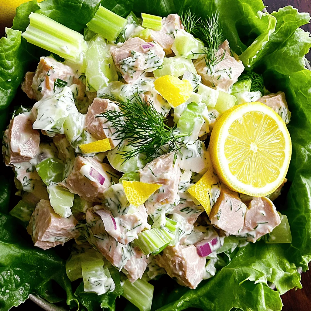 To make Lemon Dill Tuna Salad, gather these simple ingredients: - 2 cans (5 oz each) of tuna in water, drained - 1/4 cup mayonnaise - 2 tablespoons Greek yogurt - 1 tablespoon Dijon mustard - Juice and zest of 1 lemon - 1/4 cup celery, finely chopped - 1/4 cup red onion, finely chopped - 2 tablespoons fresh dill, chopped (or 1 tablespoon dried dill) - Salt and pepper to taste - Optional: 1/4 cup capers, rinsed (for a briny kick) - Lettuce leaves (for serving) You can swap some ingredients to fit your taste or diet: - Use avocado instead of mayonnaise for a creamy texture. - Replace Greek yogurt with sour cream if you prefer. - Choose fresh herbs like parsley if you can’t find dill. - For a kick, add a splash of hot sauce or sriracha. This tuna salad is packed with nutrients. Each serving (about 1/2 cup) offers: - Calories: 250 - Protein: 27g - Fat: 15g - Carbohydrates: 5g - Fiber: 1g - Sugar: 1g This makes a healthy meal, great for lunch or a light dinner. Enjoy this fresh and flavorful Lemon Dill Tuna Salad as a balanced dish that keeps you satisfied! For the full recipe, check out the details above. Start by gathering your ingredients. You need two cans of tuna, mayonnaise, Greek yogurt, and Dijon mustard. The lemon juice and zest add bright flavor. Don’t forget the celery, red onion, and dill for crunch and taste. 1. In a large bowl, mix the drained tuna, mayonnaise, Greek yogurt, and Dijon mustard. Stir until everything blends well. 2. Add the lemon juice and zest. Mix again until the tuna is coated nicely. 3. Now, fold in the chopped celery, red onion, and fresh dill. If you like a briny taste, add capers now. 4. Season with salt and pepper. Taste and adjust if needed. Cover the bowl with plastic wrap. Place it in the fridge for at least 30 minutes. Chilling helps the flavors blend. This wait makes the salad even tastier. When ready to serve, place lettuce leaves on a plate. Spoon the chilled tuna salad on top. For a nice touch, add a slice of lemon and a sprig of dill to each plate. You can also serve it with whole grain crackers or pita for a nice crunch. Enjoy your fresh and flavorful lemon dill tuna salad! For the full recipe, check the details above. To boost the taste of your lemon dill tuna salad, think about adding a few extra ingredients. You can use fresh herbs like parsley or chives for more flavor. A splash of hot sauce can add a kick. If you love crunch, try adding chopped pickles or bell peppers. Each adds a new layer of taste that makes the salad pop. If you're short on time, you can make the salad even quicker. Use pre-chopped vegetables from the grocery store. They save you time and effort. Also, mix your salad while the tuna is draining. This way, every step goes faster. You can chill the salad while you clean up, making it a breeze. Make your salad look as good as it tastes. Serve it on crisp lettuce leaves for a fresh touch. Add a slice of lemon and a sprig of dill on top for color. You can also serve it with whole grain crackers or pita. This makes it easy to enjoy and adds a nice crunch. Check out the Full Recipe for more serving ideas! {{image_2}} You can switch up the protein in this lemon dill tuna salad. Try canned salmon or shredded chicken. Both options bring new flavors and textures. If you want a vegetarian twist, use chickpeas instead of tuna. Just mash them lightly before mixing with the other ingredients. This keeps the salad creamy while adding a nice crunch. Feel free to get creative with flavor add-ins. You can toss in diced pickles for a tangy bite. Sun-dried tomatoes add a rich, sweet taste. For some heat, chopped jalapeños or a dash of hot sauce works well. You could also add capers, as noted in the full recipe, for a briny kick that enhances each bite. Experiment and find your favorite mix! If you want a lighter meal, use low-fat mayonnaise or Greek yogurt. This keeps the salad creamy without all the fat. You can also skip the mayo altogether. Instead, use a mashed avocado for a creamy texture and healthy fats. If you need a gluten-free option, serve the salad in lettuce wraps instead of bread or crackers. These changes make the dish fit your needs without losing flavor. Store leftover tuna salad in an airtight container. Make sure the lid is tight. This keeps the salad fresh and safe to eat. Place it in the fridge right away. Tuna salad tastes best cold. You can enjoy it for lunch or dinner later. Freezing tuna salad is not the best option. The texture may change when thawed. If you must freeze it, use a freezer-safe container. Leave some space at the top since it may expand. To use, thaw in the fridge overnight before eating. Tuna salad lasts about 3-5 days in the fridge. Check for any signs of spoilage. If it smells off or looks different, throw it away. Always trust your senses. Enjoy your lemon dill tuna salad fresh for the best taste. Yes, you can use fresh tuna. Just cook it first. Grill or sear it until it's flaky. Then, chop it into pieces. Use it just like canned tuna. The flavor will be fresher and richer. The tuna salad stays good for about three to four days in the fridge. Keep it covered in an airtight container. Always check for any off smells before eating it. Absolutely! In fact, making it ahead of time helps the flavors blend. Prepare it a day in advance and chill it. Just remember to stir it well before serving. Yes, feel free to get creative! You can add diced pickles or chopped bell peppers for extra crunch. Just ensure they complement the lemon and dill flavors. Serving it cold is best. Chilling enhances the flavors and makes it refreshing. If you prefer room temperature, let it sit for a few minutes before serving. You can serve it with lettuce, crackers, or pita bread. It also goes well on a sandwich or in a wrap. Pair it with fresh veggies for a complete meal. Yes, it can be quite healthy! Tuna is high in protein and omega-3 fatty acids. Using Greek yogurt instead of more mayo cuts extra calories while adding creaminess. I do not recommend freezing the salad. The texture changes when thawed. It’s best to enjoy it fresh. However, you can freeze the tuna before mixing it into the salad. One mistake is over-mixing, which can make the salad mushy. Another is skimping on the seasoning. Don't forget to taste and adjust salt and pepper. This step is key to great flavor! For the full recipe, check out the Lemon Dill Tuna Salad Delight. This blog post covered all you need for a great tuna salad. We discussed ingredients, step-by-step instructions, and tips to boost flavor. You learned about variations and how to store leftovers properly. Tuna salad can be customized to fit your taste and needs. Keep exploring different options to make it your own. Enjoy making your perfect dish!