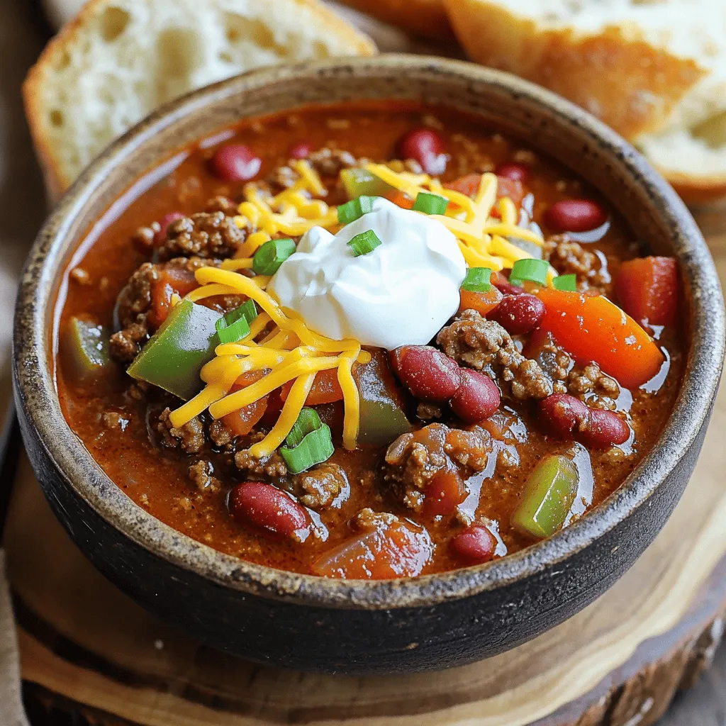 To make the best classic beef chili, you will need: - 1 lb (450g) ground beef - 1 medium onion, diced - 2 cloves garlic, minced - 1 bell pepper (red or green), chopped - 1 can (14 oz) diced tomatoes - 1 can (15 oz) kidney beans, drained and rinsed - 2 tablespoons tomato paste - 1 tablespoon chili powder - 1 teaspoon cumin - 1 teaspoon smoked paprika - 1 teaspoon oregano - Salt and pepper to taste - 1 tablespoon olive oil - 1 cup beef broth These ingredients come together to create a hearty and flavorful dish. Each one adds its own taste and depth to the chili. The ground beef gives it a rich base, while the beans add texture. The spices truly bring this dish to life. Toppings can elevate your chili. Consider these options: - Sour cream - Shredded cheese - Chopped green onions These toppings add creaminess, zest, and crunch. You can mix and match based on your taste. You might need to adjust ingredients for dietary needs. Here are some ideas: - Swap ground beef with ground turkey or lentils for a lighter option. - Use vegetable broth instead of beef broth for a vegetarian chili. - Try black beans instead of kidney beans for different flavors. These substitutions make the chili more inclusive for everyone. You can enjoy a delicious bowl no matter your dietary needs. If you want the full recipe, check it out here: [Full Recipe]. To start, gather all your ingredients. This makes cooking easier and faster. You will need: - 1 lb (450g) ground beef - 1 medium onion, diced - 2 cloves garlic, minced - 1 bell pepper (red or green), chopped - 1 can (14 oz) diced tomatoes - 1 can (15 oz) kidney beans, drained and rinsed - 2 tablespoons tomato paste - 1 tablespoon chili powder - 1 teaspoon cumin - 1 teaspoon smoked paprika - 1 teaspoon oregano - Salt and pepper to taste - 1 tablespoon olive oil - 1 cup beef broth - Optional toppings: sour cream, shredded cheese, chopped green onions Now, chop the onion and bell pepper. Mince the garlic. This helps to release their flavors. Next, heat the olive oil in a large pot or Dutch oven over medium-high heat. Once hot, add the diced onion and bell pepper. Sauté them for about 5 minutes until they soften. After that, stir in the minced garlic. Cook for another minute. You want to smell the garlic but not burn it. Then, add the ground beef to the pot. Break it apart with a spatula. Cook until it turns brown, about 5 to 7 minutes. If there is excess fat, drain it. Now, sprinkle in the chili powder, cumin, smoked paprika, oregano, salt, and pepper. Mix well to coat the beef and vegetables. Next, stir in the tomato paste, diced tomatoes (along with their juice), kidney beans, and beef broth. This will create a thick and hearty base. Bring the mixture to a simmer. Once it simmers, reduce the heat to low and cover the pot. Let it cook for at least 30 to 40 minutes. Stir occasionally to keep it from sticking. This allows all the flavors to blend together. Before serving, taste the chili. Adjust the seasoning if needed. Enjoy your hearty classic beef chili with your favorite toppings. For the full recipe, you can refer to the earlier sections. To make your beef chili taste even better, try these tips: - Use fresh spices. Fresh chili powder and cumin give a stronger flavor. - Add a splash of beer or wine to deepen the taste. - Include a teaspoon of cocoa powder for a rich finish. - A dash of hot sauce can add heat and zing. - Let the chili simmer longer to mix the flavors well. Here are some common mistakes when making chili: - Don’t rush the browning of the beef. This adds deep flavor. - Avoid using too much liquid. It can make the chili too soupy. - Don’t forget to taste as you cook. Adjust salt and spice as needed. - Skip the canned beans if you want a smoother texture. Go for dried beans instead. - Don’t skip the resting time. Letting the chili sit helps the flavors meld. These tools will help you make the best chili: - A large pot or Dutch oven is perfect for even cooking. - A wooden spoon helps you stir without scratching your pot. - Use a sharp knife for chopping onions and peppers. - A can opener makes it easy to open your diced tomatoes and beans. - A ladle is great for serving your chili into bowls. For the full recipe, check out the entire section on Classic Beef Chili. {{image_2}} You can make a great chili without meat. Use lentils or mushrooms instead of beef. Lentils add protein and a nice texture. Mushrooms bring a savory, umami flavor. You can also use black beans or chickpeas. These options keep the dish hearty and filling. Use vegetable broth instead of beef broth. You can find many great recipes online for vegetarian versions. You can control the spice level in your chili. If you like it hot, add jalapeños or cayenne pepper. For a milder chili, skip the spicy peppers. You can use sweet bell peppers for flavor without heat. Adjust the chili powder to make it less spicy too. Always taste as you go to find your perfect balance. Mix in unique ingredients to make your chili stand out. Try adding corn for sweetness and texture. A splash of beer can deepen the flavor, too. Want a smoky taste? Add chipotle peppers in adobo sauce. Fresh herbs like cilantro or parsley can add freshness. You can also add a bit of dark chocolate for richness. Experiment with your favorite flavors to create something special. For the full recipe, check out the Hearty Classic Beef Chili. After enjoying your hearty classic beef chili, let it cool. Place leftovers in an airtight container. Store it in the fridge for up to four days. Make sure to label the container with the date. This helps you track how long it has been stored. You can freeze classic beef chili if you want to save some for later. Use a freezer-safe container or a heavy-duty freezer bag. Leave some space at the top to allow for expansion. It can last for about three months in the freezer. When you're ready to eat, just thaw it in the fridge overnight. To reheat leftovers, choose your method. You can use a pot on the stove or a microwave. If using the stove, heat on medium-low, stirring often. This helps it heat evenly. If using a microwave, place in a microwave-safe bowl and cover it loosely. Heat in short intervals, stirring in between, until hot. Always check if it's heated throughout before serving. For the best taste, enjoy your chili warm with fresh toppings. Classic Beef Chili lasts about 3 to 4 days in the fridge. Store it in an airtight container. Make sure it cools down before you put it away. This helps keep the flavors fresh. If you want to keep it longer, consider freezing it. Yes, you can make Classic Beef Chili in a slow cooker. Brown the beef, onion, and garlic first. Then, add all the other ingredients to the slow cooker. Cook on low for 6 to 8 hours or on high for 3 to 4 hours. This method makes the chili rich and tasty. You can serve Classic Beef Chili with several tasty sides. Here are some ideas: - Crusty bread or rolls for dipping - Tortilla chips for crunch - Rice for a filling option - A simple green salad for freshness - Toppings like sour cream, shredded cheese, and green onions add flavor and fun. For the full recipe, check out the details above! We covered a lot about making classic beef chili. You learned the ingredients you need, including options for toppings and swaps for diets. I shared clear steps to prepare and cook your chili. We also explored tips to boost flavor and avoid mistakes. Don't forget to store leftovers properly and try variations to keep it fresh. Classic beef chili is versatile, and you can adapt it however you like. Enjoy the process and your delicious chili!