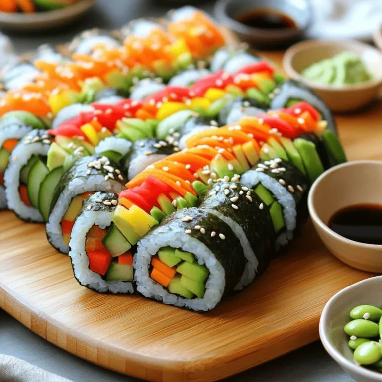 To make Simple Veggie Sushi Rolls, you need fresh and tasty ingredients. Here’s what you'll need: - 2 cups sushi rice - 2 1/2 cups water - 1/4 cup rice vinegar - 1 tablespoon sugar - 1 teaspoon salt - 4 sheets of nori (seaweed) - 1 small cucumber, julienned - 1 medium carrot, julienned - 1 avocado, sliced - 1 small red bell pepper, julienned - 1/2 cup cooked edamame (shelled) - Soy sauce (for dipping) - Sesame seeds (optional, for garnish) These ingredients make your sushi rolls colorful and healthy. Each item adds its unique taste and texture. The sushi rice is the base, while the nori holds everything together. Fresh veggies give crunch and flavor. You can mix and match your favorites too! Feel free to explore. If you want the full recipe, check out the Rainbow Veggie Sushi Rolls. 1. Rinsing the rice: Start by rinsing the sushi rice. Rinse it under cold water. Do this until the water runs clear. This helps remove excess starch. Clean rice cooks better and has the right texture. 2. Cooking the rice: After rinsing, add the rice and water to a medium saucepan. Bring it to a boil on high heat. Once it boils, lower the heat and cover it. Let it simmer for 18 to 20 minutes. The water should absorb fully. 3. Mixing in vinegar, sugar, and salt: While the rice cooks, mix rice vinegar, sugar, and salt in a small bowl. Stir until dissolved. Once the rice is done, let it sit covered for 10 minutes. Then, transfer it to a large bowl. Gently fold in the vinegar mixture, fluffing the rice with a fork. Allow it to cool to room temperature. 1. Preparing the nori and rice: Place a bamboo sushi mat on a clean surface. Lay a sheet of nori on the mat, shiny side down. Wet your hands to prevent sticking. Take about 1/2 cup of sushi rice. Spread it evenly across the nori. Leave a 1-inch border at the top. 2. Adding vegetables: Next, add your vegetables. Arrange strips of cucumber, carrot, avocado, red bell pepper, and edamame horizontally across the rice. Feel free to mix and match your favorites. 3. Rolling technique: Start rolling the mat from the bottom. Roll tightly and tuck the filling as you go. Use gentle, firm pressure to keep the roll intact. Once you reach the top, moisten the edge of the nori with a bit of water. Press gently to seal the roll. 1. Slicing the rolls: Use a sharp knife to slice the roll into 6-8 pieces. Wipe the knife with a damp cloth between cuts for clean edges. This helps keep each piece looking nice. 2. Presentation tips: To serve, place the sushi rolls on a bamboo platter. You can sprinkle sesame seeds on top for flair. Include small bowls of soy sauce for dipping. Add pickled ginger and wasabi on the side for extra flavor. For the full recipe, refer to the earlier section. Enjoy your delicious veggie sushi rolls! - Preventing rice from sticking: Wet your hands before touching the rice. This keeps it from sticking to your fingers. You can also add a little vinegar to your hands for extra help. This small trick makes rolling much easier. - Achieving tight rolls: Start rolling from the bottom. Use a bamboo mat to help you. Press gently but firmly as you roll. This keeps the filling safe and snug inside. - Using sharp knives for clean cuts: A sharp knife makes all the difference. It helps you slice through the roll without squishing it. Wipe the knife with a damp cloth between cuts for neat pieces. - Bamboo sushi mat: This is a must-have tool. It helps you roll sushi tightly and evenly. You can find one at most kitchen stores or online. - Rice cooker vs. stove cooking: A rice cooker makes cooking sushi rice easy. It takes the guesswork out of cooking times. If you use the stove, keep an eye on the pot. It can burn if not watched closely. - Using too much water: Too much water makes mushy sushi rice. Stick to the right rice-to-water ratio for perfect rice every time. - Not cooling the rice properly: Sushi rice needs to cool to room temp. If it’s too hot, it won’t roll well. Give it time to cool before you start rolling. - Overstuffing the rolls: It’s tempting to add lots of filling. But too much makes rolling hard. Keep it simple for the best results. For the full recipe, check out the Rainbow Veggie Sushi Rolls. {{image_2}} You can change the veggies based on what's in season. Fresh produce makes your sushi fun. Try adding thinly sliced radishes, spinach, or sweet potatoes. These add color and nutrients. If someone has allergies, pick safe options. Use cooked zucchini or bell peppers instead of raw ones. Always check for allergies first! Dipping sauces can change the taste. Spicy mayo is a great choice. Mix mayo with sriracha for a kick. You can also use ponzu sauce. This sauce is tangy and adds depth. Each sauce makes your sushi unique and flavorful. Feel free to try different sauces until you find your favorite! For those who want protein, consider adding cooked shrimp or crab. You can also use tofu for a plant-based option. Another fun idea is the sushi burrito. Instead of rolling tight, wrap it loosely like a burrito. Stuff it with your favorite veggies and proteins. This style is great for a hearty meal. You can customize it to your taste! To keep your sushi fresh, refrigerate it. Wrap each roll in plastic wrap. This keeps the air out and moisture in. Place the wrapped rolls in an airtight container. They will stay fresh for up to 24 hours. If you have leftover rice, store it in a separate container. Keep it covered to prevent drying. Best practices for keeping sushi fresh: - Use plastic wrap to seal each roll. - Store sushi in the fridge, not at room temperature. - Eat leftover sushi within one day for best taste. Can sushi rolls be frozen? Yes, you can freeze sushi rolls. However, the texture may change. The rice may become a bit mushy after thawing. How to thaw and serve: 1. Remove the sushi from the freezer. 2. Place it in the fridge to thaw overnight. 3. For best taste, eat it the next day. To make sushi rice sticky, you need the right water-rice ratio. Use 1.25 cups of water for every cup of sushi rice. Rinse the rice until the water runs clear. This removes excess starch, which helps with stickiness. After cooking, let the rice sit covered for about 10 minutes. This extra steam keeps it warm and sticky. You can use brown rice, but there are pros and cons. Brown rice is more nutritious. It has more fiber and vitamins. However, it takes longer to cook and may not stick as well. When using brown rice, soak it for a few hours before cooking. This helps it cook evenly and become softer. Yes, homemade sushi is often healthier than store-bought options. You can control the ingredients and portions. Store-bought sushi can have added sugars, preservatives, and unhealthy fats. Making your sushi allows you to choose fresh, high-quality vegetables. You can also lower sodium by using less soy sauce. The full recipe for Rainbow Veggie Sushi Rolls shows how easy it is to make your healthy sushi at home. Making Simple Veggie Sushi Rolls is fun and easy. We covered the key ingredients, preparation, and tips to create great rolls. Remember to rinse your rice and use fresh veggies for the best taste. Don't be afraid to try new flavors or sauces. You can store leftovers safely in the fridge or even freeze them. With practice, you’ll master delicious homemade sushi. Enjoy experimenting and have fun rolling your own unique creations!