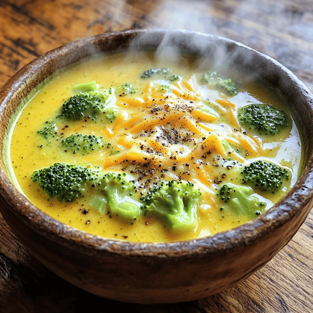 - 4 cups fresh broccoli florets - 1 cup shredded carrots - 1/2 cup diced onion - 3 cloves garlic, minced - 4 cups vegetable broth - 1 cup heavy cream - 2 cups shredded sharp cheddar cheese - 1/4 cup all-purpose flour - 1/2 teaspoon nutmeg - Salt and freshly ground black pepper to taste - 2 tablespoons olive oil To make your soup even better, try these add-ins: - Crumbled bacon for a smoky touch - A dash of hot sauce for heat - Chopped fresh herbs like parsley or chives - Extra cheese on top for richness - A swirl of sour cream for creaminess You will need a few key items to whip up this soup: - A large pot for cooking - A wooden spoon for stirring - An immersion blender for smoothness - Measuring cups and spoons for precision - A cutting board and knife for prep This list will help you gather everything you need for a perfect Panera Copycat Broccoli Cheddar Soup. You can find the full recipe above. To make the perfect Panera Copycat Broccoli Cheddar Soup, start with a big pot. Heat 2 tablespoons of olive oil on medium heat. When the oil is hot, add 1/2 cup of diced onion and 3 cloves of minced garlic. Cook this mix until the onion turns clear, about 3 to 4 minutes. Next, stir in 1 cup of shredded carrots and 4 cups of fresh broccoli florets. Sauté these for about 5 minutes. You want them to be slightly soft but still bright. After that, sprinkle 1/4 cup of all-purpose flour over the veggies. Stir this in well and cook for another 2 minutes. This will help thicken your soup. Now, it's time for the broth. Gradually pour in 4 cups of vegetable broth while whisking. This keeps lumps from forming. Bring the soup to a boil, then turn the heat down and let it simmer for 15 to 20 minutes. You want the broccoli to be tender. After simmering, grab an immersion blender. Blend the soup until it is smooth. If you don't have an immersion blender, you can carefully transfer the soup to a regular blender. Just be sure to allow steam to escape. Once smooth, mix in 1 cup of heavy cream and 2 cups of shredded sharp cheddar cheese. Stir until the cheese melts and the soup is creamy. Season with 1/2 teaspoon of nutmeg, salt, and black pepper to taste. Let it simmer for another 5 minutes to heat through. Sautéing is key to building flavor. Start with medium heat to prevent burning. Cut your vegetables into small, even pieces. This helps them cook evenly. Don't rush the process. Let the onions become clear before adding other veggies. Stir often to keep everything cooking evenly. If things start to stick, add a splash of broth or water. This will help lift any bits off the bottom of the pot, adding more flavor to your soup. Blending can change the soup's texture. For a smooth soup, blend until it is completely creamy. If you prefer some chunks, blend only half of the soup. Then, mix it back in with the unblended portion. Always blend in batches if using a regular blender. Fill it no more than halfway. This prevents hot soup from splattering. If you want a thicker soup, blend less. For a thinner soup, add extra broth or cream after blending. Check out the full recipe for all the ingredients and steps! To boost flavor, use fresh ingredients. Fresh broccoli and carrots pack more taste. I like to add a pinch of cayenne for a gentle kick. Nutmeg adds warmth, so don’t skip it. For a richer flavor, try adding a splash of white wine. This brings out the cheese and cream nicely. Avoid overcooking the broccoli. You want it tender but not mushy. If you blend too much, the soup can become too thick. Keep an eye on the heat to prevent burning the garlic. Garlic should be soft, not brown. Lastly, taste as you go. Adjust salt and pepper to get the best flavor. To make the soup thicker, add more flour or cheese. If it’s too thick, just stir in more broth or cream. For a lighter soup, swap heavy cream with half-and-half. Remember, the type of cheese matters. Sharp cheddar adds a bold flavor, while mild cheddar can make it creamier. You can find all the ingredients and steps in the Full Recipe. {{image_2}} To make this soup gluten-free, swap out the all-purpose flour. You can use cornstarch instead. Mix two tablespoons of cornstarch with cold water. Add this mixture to the soup when you add the broth. It will help thicken your soup without gluten. For a vegan version, replace the heavy cream with coconut cream. It gives a rich taste. Use nutritional yeast instead of cheddar cheese for a cheesy flavor. You can also use vegetable broth to keep it plant-based. These swaps make the soup creamy and delicious without any animal products. Experiment with different veggies to change the flavor. You can add cauliflower for a lighter taste. Spinach or kale can boost the nutrition and flavor too. Carrots add sweetness and color, while peas give a nice pop. Mixing these can make your soup unique and exciting. For the full recipe, check out the details above. After you finish your meal, let the soup cool down. Once cool, transfer it to an airtight container. This keeps the soup fresh and tasty. Store it in the fridge for up to three days. If you want to enjoy it later, freezing is a great option. To reheat your Panera Copycat Broccoli Cheddar Soup, use a pot on the stove. Heat it over medium-low heat. Stir often to prevent sticking. You can also use the microwave. Heat it in short bursts, stirring in between. This way, it warms evenly. For longer storage, freeze the soup in portions. Use freezer-safe containers or bags. Leave some space at the top, as the soup will expand. It can stay good for up to three months in the freezer. To eat, thaw it in the fridge overnight before reheating. Enjoy your delicious soup anytime! Yes, you can make this soup in advance. It tastes even better the next day! Just store it in an airtight container in the fridge. When you are ready to eat, reheat it on the stove over low heat. Stir often to ensure even warming. I recommend using sharp cheddar cheese for this recipe. It adds a rich flavor that pairs well with the broccoli. You can also mix in some mild cheddar for a creamier taste. Other options include Gruyère or Monterey Jack for a twist. To make the soup thinner, add more vegetable broth or cream. Stir it well until you reach your desired consistency. If you want it thicker, mix a bit of flour with water to make a slurry. Stir that into the soup and let it simmer until it thickens. This soup lasts about 3 to 4 days in the fridge. Just ensure it is stored in an airtight container. When ready to enjoy, always check for freshness before reheating. This blog post covered how to make Panera's Broccoli Cheddar Soup at home. We discussed the key ingredients and tools you need. The step-by-step guide offers clear cooking instructions and tips. I also shared ways to adjust flavor and texture for the best results. In the end, you have options to customize your soup based on your needs. Enjoying homemade soup can be rewarding and delicious. Dive in, and make this comforting dish your own!