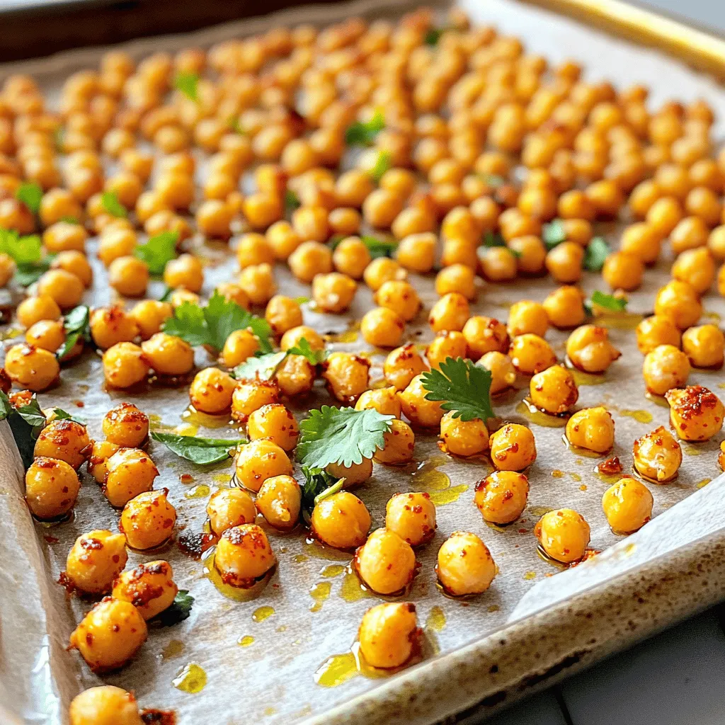 To make the best chili lime roasted chickpeas, you need simple ingredients. Here's what you'll need: - 2 cans (15 oz each) chickpeas, drained and rinsed - 2 tablespoons olive oil - 1 teaspoon chili powder - 1 teaspoon smoked paprika - 1/2 teaspoon garlic powder - 1/2 teaspoon onion powder - 1/4 teaspoon cayenne pepper (adjust for spice preference) - Zest and juice of 1 lime - Salt to taste - Fresh cilantro for garnish (optional) These ingredients come together to create a tasty snack. The spices give a nice kick, and the lime adds brightness. Having the right tools makes cooking easier. Here’s what I recommend: - Baking sheet - Parchment paper - Mixing bowl - Clean kitchen towel - Measuring spoons These tools help you prepare and cook the chickpeas perfectly. A baking sheet lined with parchment paper ensures easy cleanup. If you want to enhance the taste, try these optional ingredients: - Cumin for a deeper flavor - Lime zest for extra citrus - Dried herbs like oregano or thyme These options allow you to customize your roasted chickpeas. Feel free to mix and match based on your taste. For the full recipe, check the section above. First, I rinse the chickpeas well under cold water. This step is vital. It helps remove excess salt and any canning liquid. Once rinsed, I drain them thoroughly. Then, I spread them out on a baking sheet. I use a clean kitchen towel to pat them dry. This step removes moisture, which helps them crisp up later. Next, I make the marinade in a large bowl. I add 2 tablespoons of olive oil. Then, I mix in 1 teaspoon of chili powder and 1 teaspoon of smoked paprika. After that, I sprinkle in 1/2 teaspoon of garlic powder and 1/2 teaspoon of onion powder. For a kick, I add 1/4 teaspoon of cayenne pepper. I adjust this based on how spicy I want it. I also add the zest and juice of 1 lime. Finally, I season with salt to taste. I stir this mixture until it is well combined. Now it’s time to roast the chickpeas. I toss the dried chickpeas into the marinade. I make sure each chickpea gets coated well. Then, I spread them back onto the baking sheet. I arrange them in a single layer. This prevents them from steaming. I roast them in a preheated oven at 400°F (200°C) for 25-30 minutes. Halfway through, I shake the pan to ensure even cooking. When they turn golden brown, I know they're done. After roasting, I let them cool for a few minutes. They will crisp up more as they cool. I enjoy these chickpeas warm or at room temperature. For a fresh touch, I like to garnish them with cilantro. You can find the full recipe above. To get your chickpeas nice and crunchy, start by drying them well. After rinsing, use a clean towel to pat them dry. Any extra water will steam the chickpeas instead of roasting them. Spread them out in a single layer on the baking sheet. This helps them cook evenly and get that perfect crispiness. If you love heat, add more cayenne pepper to the mix. For a milder flavor, cut back on it. You can also switch up the spices. Try adding cumin or paprika for a twist. Taste the marinade before adding the chickpeas. This way, you can adjust the flavors to fit your taste. Shake the pan halfway through roasting. This helps the chickpeas cook evenly. If you notice some are browning faster, move them around. Keep an eye on them as they roast. They can go from perfect to burnt quickly. Let them cool briefly after roasting; they’ll get even crispier as they cool. For more details, check the Full Recipe. {{image_2}} You can mix up the flavors with different spices. Try adding cumin for warmth. Paprika adds a sweet touch, while nutritional yeast gives a cheesy flavor. For a kick, use curry powder or a dash of hot sauce. You can even try a mix of sweet and savory by adding cinnamon and nutmeg. Chili lime roasted chickpeas make a great snack on their own. You can also sprinkle them on salads for added crunch. They are perfect in wraps or as a topping for soups. Pair them with dips like hummus or guacamole for a fun twist. Serve them as party snacks to impress your friends. Want to try something different? You can make a sweet version too. Use maple syrup or honey as your base. Replace chili powder with cinnamon and a pinch of salt. Toss in some vanilla extract for a tasty treat. Roast as usual, and enjoy a unique snack that satisfies your sweet tooth. For the full recipe, check out the section above. To keep your Chili Lime Roasted Chickpeas fresh, store them in an airtight container. Use a glass or plastic container with a tight lid. They stay best at room temperature for up to three days. If you want them crisp, avoid refrigerating them. Cold air can make them soggy. If you have leftovers, you can reheat them to regain some crispiness. Preheat your oven to 350°F (175°C). Spread the chickpeas on a baking sheet. Heat them for about 10 minutes. Check them often to avoid burning. This way, they taste almost as fresh as when you first made them. You can freeze the chickpeas if you want to save them for later. Place them in a freezer-safe bag. Remove as much air as possible to keep them fresh. They can last up to three months in the freezer. When you're ready to eat them, just bake them directly from frozen. This keeps the flavor and texture nice. For the full recipe, check the earlier section on ingredients and instructions. Chili lime roasted chickpeas can last up to one week when stored properly. Keep them in an airtight container at room temperature. This helps maintain their crunch. If they become soft, you can re-crisp them in the oven for a few minutes. Yes, you can use dried chickpeas! However, you'll need to cook them first. Soak the dried chickpeas overnight, then boil them until tender. After that, follow the same steps in the full recipe to roast them. The flavor will still shine through. Chili lime roasted chickpeas make a great snack on their own. They also add a tasty crunch to salads and grain bowls. You can serve them as a topping for soups or mix them into wraps. Their zesty flavor complements many dishes! Chili lime roasted chickpeas make a tasty snack or dish. We covered the key ingredients, tools, and optional flavors. I guided you through easy steps to prepare and roast your chickpeas to perfection. You learned tips for crispiness and adjusting spice levels. We also explored variations and best storage methods. Enjoy your flavorful snacks, and don't hesitate to get creative with your ingredients! Remember, the fun is in trying new things. Happy cooking!