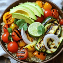 To make Grilled Veggie Quinoa Bowls, you need fresh, vibrant ingredients. Here’s what you will need: - 1 cup quinoa - 2 cups vegetable broth - 1 zucchini, sliced - 1 bell pepper (any color), sliced - 1 cup cherry tomatoes, halved - 1 red onion, cut into wedges - 2 tablespoons olive oil - 1 teaspoon smoked paprika - 1 teaspoon garlic powder - Salt and pepper to taste - 1 avocado, sliced - ¼ cup fresh cilantro, chopped - Juice of 1 lime These ingredients create a colorful and tasty bowl. The quinoa acts as a great base. It adds protein and fiber. The grilled veggies bring a smoky flavor that is hard to resist. You can jazz up your bowls with some extra toppings. Here are some ideas: - Crumbled feta cheese - Sliced jalapeños for heat - Toasted nuts or seeds for crunch - A dollop of Greek yogurt or sour cream Feel free to mix and match these toppings. They can add different flavors and textures to your dish. This meal is not just tasty; it is also good for you. Here’s a quick look at the nutrition: - Quinoa has protein and fiber. - Veggies are full of vitamins and minerals. - Avocado gives you healthy fats. Each serving offers a balance of nutrients. You will feel satisfied and nourished after enjoying this bowl. For the full recipe, check out the instructions provided earlier. To start, rinse the quinoa under cold water. This step removes any bitterness. In a medium saucepan, combine 1 cup of quinoa with 2 cups of vegetable broth. Bring the mix to a boil over medium heat. Once boiling, reduce the heat to low. Cover the saucepan and let it simmer for about 15 minutes. Check to see if the quinoa is fluffy and the liquid is absorbed. When done, remove it from heat and let it sit covered for 5 minutes. This resting time helps the quinoa become even fluffier. While the quinoa cooks, it’s time to prep the veggies. Slice 1 zucchini and 1 bell pepper. Halve 1 cup of cherry tomatoes and cut 1 red onion into wedges. Place all the veggies in a large bowl. Drizzle with 2 tablespoons of olive oil. Add 1 teaspoon of smoked paprika and 1 teaspoon of garlic powder. Season with salt and pepper to your taste. Toss everything well so the veggies are coated in the oil and spices. This step adds flavor and makes grilling even more delightful. Now, let’s get grilling! Preheat your grill or grill pan over medium-high heat. Once hot, add the vegetable mix to the grill. Grill the veggies for about 5-7 minutes. Turn them occasionally to ensure even cooking. You want them to be tender with nice grill marks. This adds great flavor and texture. Once grilled, they will add a smoky taste to your quinoa bowl. After grilling, follow the Full Recipe to combine everything and enjoy! To cook quinoa perfectly, rinse it well. This removes the bitter coating called saponin. Use a ratio of 1 cup quinoa to 2 cups vegetable broth. Bring it to a boil, then lower the heat. Cover and let it simmer for 15 minutes. After cooking, let it sit for 5 minutes before fluffing with a fork. This method ensures you get fluffy, tender quinoa every time. Grilling adds a wonderful flavor to veggies. I love using zucchini and bell peppers for their sweetness. Cherry tomatoes burst with flavor when grilled. Red onion caramelizes nicely, adding depth to your dishes. Feel free to experiment with other options too! Asparagus, mushrooms, and eggplant also work great. Just pick your favorites and enjoy the smoky taste. Seasoning makes your grilled veggie quinoa bowls shine. I recommend olive oil as a base. It helps in cooking and adds richness. Smoked paprika gives a lovely, smoky flavor. Garlic powder adds a savory kick. Salt and pepper are must-haves to balance the taste. Squeeze fresh lime juice over the dish for bright acidity. You can also add herbs like cilantro for freshness. This combination creates a meal full of flavor. For the full recipe, check out the Flavorful Grilled Veggie Quinoa Bowls section. {{image_2}} You can easily make this dish vegan and gluten-free. The base of quinoa is already gluten-free. Just make sure to use vegetable broth instead of chicken broth. All the veggies in this recipe are vegan. You can add chickpeas or black beans for extra protein. This keeps the meal hearty and satisfying. Quinoa is great, but you can try other grains too. Brown rice adds a nutty flavor. Farro gives a chewy texture. Use barley for a different taste. Each grain brings its own flair to the bowl, so feel free to mix and match! For a Mediterranean vibe, add olives and feta cheese. A drizzle of tahini sauce will enhance the flavors. To switch to an Asian twist, use soy sauce instead of lime. Add sesame oil and top with green onions and peanuts. Both versions add a fresh take on this dish. Try these variations to keep your meals exciting! Check out the Full Recipe for more ideas. After enjoying your Grilled Veggie Quinoa Bowls, store any leftovers in an airtight container. Make sure to let the dish cool down first. This helps keep flavors fresh. You can keep it in the fridge for up to three days. If you want it to last longer, consider freezing it. When you're ready to enjoy your leftovers, reheating is simple. You can use a microwave or a stovetop. If using a microwave, place the bowl covered with a damp paper towel. Heat it in short bursts of 30 seconds. Stir in between to heat evenly. If using the stovetop, add a splash of water or broth in a pan. Stir over medium heat until warmed through. This keeps the quinoa and veggies moist. To freeze, portion your Grilled Veggie Quinoa Bowls into individual containers. Leave some space at the top for expansion. Label each container with the date. You can freeze them for up to three months. When you're ready to eat, thaw overnight in the fridge. For a quicker option, you can use the microwave on the defrost setting. After thawing, reheat as mentioned above for the best taste. Enjoy your meal at any time! Yes, you can prepare Grilled Veggie Quinoa Bowls in advance. This meal stores well. Cook the quinoa and grill the veggies ahead of time. Keep them in separate containers in the fridge. You can assemble the bowl when you're ready to eat. This makes for a quick lunch or dinner option. You have many choices for vegetables. Feel free to mix and match! Some great options include: - Eggplant - Asparagus - Carrots - Mushrooms - Broccoli - Spinach These veggies add different flavors and textures. Just cut them into even pieces for grilling. To boost protein in Grilled Veggie Quinoa Bowls, try these tips: - Add black beans or chickpeas. - Stir in cooked lentils or edamame. - Top with grilled chicken or tofu. - Use quinoa, which is already a complete protein. These additions will make your meal hearty and filling. For the full recipe, check the earlier section. Grilled veggie quinoa bowls combine tasty ingredients with simple steps. We explored main ingredients, optional toppings, and nutrition. I shared easy cooking techniques for quinoa and vegetables. You learned tips to enhance flavor and tried different grain options. To enjoy these bowls later, I covered storage and reheating methods. In my view, these bowls offer a healthy and fun meal. You can customize them to fit your taste. So, grab fresh veggies and start grilling!
