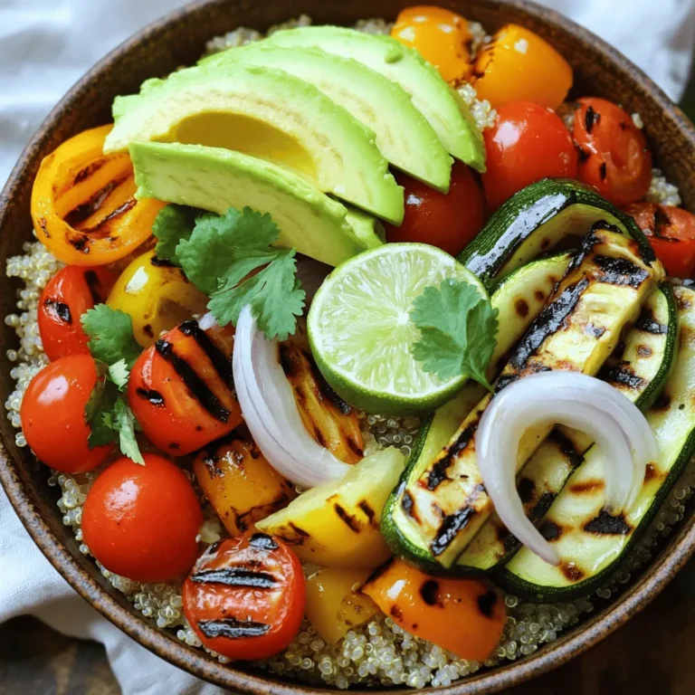 To make Grilled Veggie Quinoa Bowls, you need fresh, vibrant ingredients. Here’s what you will need: - 1 cup quinoa - 2 cups vegetable broth - 1 zucchini, sliced - 1 bell pepper (any color), sliced - 1 cup cherry tomatoes, halved - 1 red onion, cut into wedges - 2 tablespoons olive oil - 1 teaspoon smoked paprika - 1 teaspoon garlic powder - Salt and pepper to taste - 1 avocado, sliced - ¼ cup fresh cilantro, chopped - Juice of 1 lime These ingredients create a colorful and tasty bowl. The quinoa acts as a great base. It adds protein and fiber. The grilled veggies bring a smoky flavor that is hard to resist. You can jazz up your bowls with some extra toppings. Here are some ideas: - Crumbled feta cheese - Sliced jalapeños for heat - Toasted nuts or seeds for crunch - A dollop of Greek yogurt or sour cream Feel free to mix and match these toppings. They can add different flavors and textures to your dish. This meal is not just tasty; it is also good for you. Here’s a quick look at the nutrition: - Quinoa has protein and fiber. - Veggies are full of vitamins and minerals. - Avocado gives you healthy fats. Each serving offers a balance of nutrients. You will feel satisfied and nourished after enjoying this bowl. For the full recipe, check out the instructions provided earlier. To start, rinse the quinoa under cold water. This step removes any bitterness. In a medium saucepan, combine 1 cup of quinoa with 2 cups of vegetable broth. Bring the mix to a boil over medium heat. Once boiling, reduce the heat to low. Cover the saucepan and let it simmer for about 15 minutes. Check to see if the quinoa is fluffy and the liquid is absorbed. When done, remove it from heat and let it sit covered for 5 minutes. This resting time helps the quinoa become even fluffier. While the quinoa cooks, it’s time to prep the veggies. Slice 1 zucchini and 1 bell pepper. Halve 1 cup of cherry tomatoes and cut 1 red onion into wedges. Place all the veggies in a large bowl. Drizzle with 2 tablespoons of olive oil. Add 1 teaspoon of smoked paprika and 1 teaspoon of garlic powder. Season with salt and pepper to your taste. Toss everything well so the veggies are coated in the oil and spices. This step adds flavor and makes grilling even more delightful. Now, let’s get grilling! Preheat your grill or grill pan over medium-high heat. Once hot, add the vegetable mix to the grill. Grill the veggies for about 5-7 minutes. Turn them occasionally to ensure even cooking. You want them to be tender with nice grill marks. This adds great flavor and texture. Once grilled, they will add a smoky taste to your quinoa bowl. After grilling, follow the Full Recipe to combine everything and enjoy! To cook quinoa perfectly, rinse it well. This removes the bitter coating called saponin. Use a ratio of 1 cup quinoa to 2 cups vegetable broth. Bring it to a boil, then lower the heat. Cover and let it simmer for 15 minutes. After cooking, let it sit for 5 minutes before fluffing with a fork. This method ensures you get fluffy, tender quinoa every time. Grilling adds a wonderful flavor to veggies. I love using zucchini and bell peppers for their sweetness. Cherry tomatoes burst with flavor when grilled. Red onion caramelizes nicely, adding depth to your dishes. Feel free to experiment with other options too! Asparagus, mushrooms, and eggplant also work great. Just pick your favorites and enjoy the smoky taste. Seasoning makes your grilled veggie quinoa bowls shine. I recommend olive oil as a base. It helps in cooking and adds richness. Smoked paprika gives a lovely, smoky flavor. Garlic powder adds a savory kick. Salt and pepper are must-haves to balance the taste. Squeeze fresh lime juice over the dish for bright acidity. You can also add herbs like cilantro for freshness. This combination creates a meal full of flavor. For the full recipe, check out the Flavorful Grilled Veggie Quinoa Bowls section. {{image_2}} You can easily make this dish vegan and gluten-free. The base of quinoa is already gluten-free. Just make sure to use vegetable broth instead of chicken broth. All the veggies in this recipe are vegan. You can add chickpeas or black beans for extra protein. This keeps the meal hearty and satisfying. Quinoa is great, but you can try other grains too. Brown rice adds a nutty flavor. Farro gives a chewy texture. Use barley for a different taste. Each grain brings its own flair to the bowl, so feel free to mix and match! For a Mediterranean vibe, add olives and feta cheese. A drizzle of tahini sauce will enhance the flavors. To switch to an Asian twist, use soy sauce instead of lime. Add sesame oil and top with green onions and peanuts. Both versions add a fresh take on this dish. Try these variations to keep your meals exciting! Check out the Full Recipe for more ideas. After enjoying your Grilled Veggie Quinoa Bowls, store any leftovers in an airtight container. Make sure to let the dish cool down first. This helps keep flavors fresh. You can keep it in the fridge for up to three days. If you want it to last longer, consider freezing it. When you're ready to enjoy your leftovers, reheating is simple. You can use a microwave or a stovetop. If using a microwave, place the bowl covered with a damp paper towel. Heat it in short bursts of 30 seconds. Stir in between to heat evenly. If using the stovetop, add a splash of water or broth in a pan. Stir over medium heat until warmed through. This keeps the quinoa and veggies moist. To freeze, portion your Grilled Veggie Quinoa Bowls into individual containers. Leave some space at the top for expansion. Label each container with the date. You can freeze them for up to three months. When you're ready to eat, thaw overnight in the fridge. For a quicker option, you can use the microwave on the defrost setting. After thawing, reheat as mentioned above for the best taste. Enjoy your meal at any time! Yes, you can prepare Grilled Veggie Quinoa Bowls in advance. This meal stores well. Cook the quinoa and grill the veggies ahead of time. Keep them in separate containers in the fridge. You can assemble the bowl when you're ready to eat. This makes for a quick lunch or dinner option. You have many choices for vegetables. Feel free to mix and match! Some great options include: - Eggplant - Asparagus - Carrots - Mushrooms - Broccoli - Spinach These veggies add different flavors and textures. Just cut them into even pieces for grilling. To boost protein in Grilled Veggie Quinoa Bowls, try these tips: - Add black beans or chickpeas. - Stir in cooked lentils or edamame. - Top with grilled chicken or tofu. - Use quinoa, which is already a complete protein. These additions will make your meal hearty and filling. For the full recipe, check the earlier section. Grilled veggie quinoa bowls combine tasty ingredients with simple steps. We explored main ingredients, optional toppings, and nutrition. I shared easy cooking techniques for quinoa and vegetables. You learned tips to enhance flavor and tried different grain options. To enjoy these bowls later, I covered storage and reheating methods. In my view, these bowls offer a healthy and fun meal. You can customize them to fit your taste. So, grab fresh veggies and start grilling!