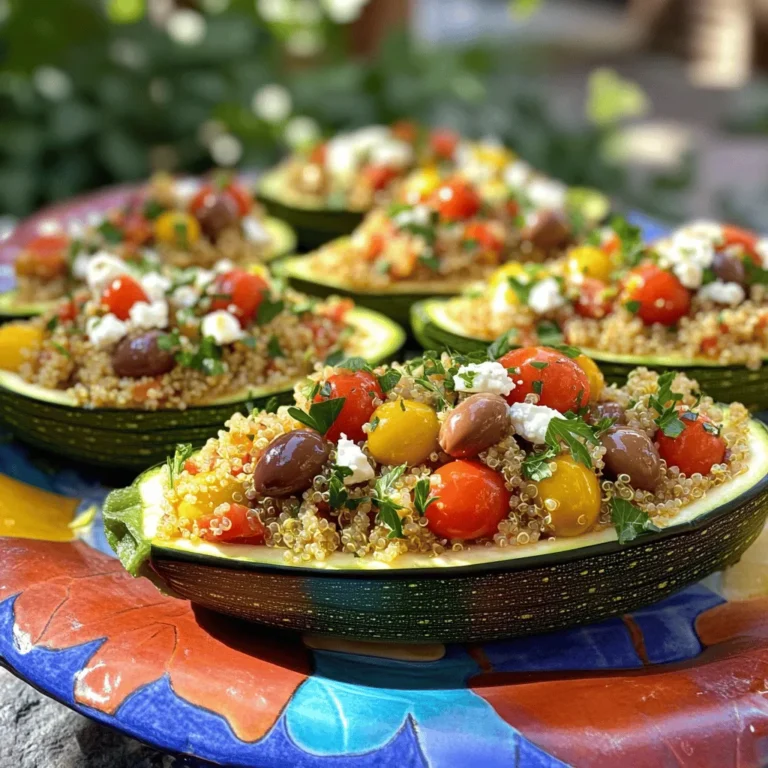 To make Mediterranean stuffed zucchini boats, gather these fresh ingredients: - 4 medium zucchinis - 1 cup cooked quinoa - 1 cup cherry tomatoes, halved - 1/2 cup Kalamata olives, pitted and chopped - 1/2 cup feta cheese, crumbled - 1/4 cup red onion, finely chopped - 2 cloves garlic, minced - 1 teaspoon dried oregano - 1 teaspoon lemon zest - 2 tablespoons olive oil - Salt and pepper to taste - Fresh parsley for garnish Each ingredient in these zucchini boats offers great health perks. Zucchini is low in calories and high in water. It helps keep you hydrated. Quinoa is a complete protein. It includes all nine essential amino acids. This makes it great for muscle repair. Tomatoes are rich in vitamins and antioxidants. They can boost heart health and skin. Olives provide healthy fats. They help reduce inflammation. Feta cheese adds flavor and protein too. It also has calcium for strong bones. Garlic is known for its immune-boosting qualities. Using fresh herbs like parsley adds vitamins and minerals. It brightens up the dish and your day! You can easily swap some ingredients if needed. For a vegan twist, replace feta with a plant-based cheese. Cooked rice can replace quinoa for a different grain. If you don’t have Kalamata olives, green olives work well too. Try other veggies like bell peppers or eggplant instead of zucchini. Use any fresh herbs you like, such as basil or cilantro. If you want more protein, add cooked chicken or chickpeas to the filling. You can make this recipe your own! For the full recipe, check out the complete guide. To start, gather all your ingredients. You will need: - 4 medium zucchinis - 1 cup cooked quinoa - 1 cup cherry tomatoes, halved - 1/2 cup Kalamata olives, pitted and chopped - 1/2 cup feta cheese, crumbled - 1/4 cup red onion, finely chopped - 2 cloves garlic, minced - 1 teaspoon dried oregano - 1 teaspoon lemon zest - 2 tablespoons olive oil - Salt and pepper to taste - Fresh parsley for garnish First, preheat your oven to 375°F (190°C). Next, slice each zucchini in half lengthwise. Use a spoon to scoop out the center flesh. Leave a shell about 1/4-inch thick. Set the flesh aside for later use. In a skillet, heat the olive oil over medium heat. Add the chopped red onion and minced garlic. Sauté them for 2-3 minutes until they smell great. Dice the reserved zucchini flesh and add it to the skillet. Cook for another 5 minutes until it softens. In a large bowl, mix the sautéed mixture with the cooked quinoa, halved cherry tomatoes, chopped olives, crumbled feta, dried oregano, and lemon zest. Stir well and season with salt and pepper. Place the zucchini boats on a baking sheet. Fill each boat generously with the quinoa mixture. Bake for 25-30 minutes. The zucchini should be tender and slightly golden on top. For best results, make sure your zucchini boats are even in size. They should all be about the same thickness. This helps them cook evenly. If you want them to be extra tender, you can pre-cook them in boiling water for 2-3 minutes. This step helps them cook faster in the oven. Make sure to keep an eye on them while baking. If they brown too quickly, cover them loosely with foil. Enjoy your Mediterranean stuffed zucchini boats! For the complete recipe, check the Full Recipe section. For great taste, use fresh ingredients. Fresh zucchini, ripe tomatoes, and good olives make a big difference. I recommend using high-quality feta cheese for a creamy touch. The lemon zest adds a bright flavor. Mixing well ensures every bite is packed with flavor. One common mistake is overcooking the zucchini. It should be tender but not mushy. Another mistake is skipping the seasoning. Salt and pepper enhance the dish. Be careful not to overfill the zucchini boats. They need space to cook evenly. Serve the stuffed zucchini boats on a bright platter. Drizzle with olive oil for extra flavor. Sprinkle more feta and fresh parsley on top for a nice look. Pair them with a light salad or crusty bread. Enjoy these boats warm or at room temperature. For the full recipe, check the details above. {{image_2}} You can easily make these stuffed zucchini boats vegetarian. Try adding extra veggies to the filling. Bell peppers, spinach, or mushrooms work well. You can also swap quinoa for brown rice or farro. These grains add texture and flavor while keeping the dish plant-based. If you want to add protein, you have many choices. Ground turkey, chicken, or beef can enhance the dish. Just brown the meat before mixing it with the filling. For a vegetarian protein, consider chickpeas or lentils. They add a hearty touch and boost nutrition without meat. To make the dish gluten-free, use gluten-free grains like quinoa or rice. Always check the labels on the feta cheese and olives to ensure they are gluten-free. You can also omit the cheese if you want a dairy-free option. Try a sprinkle of nutritional yeast for a cheesy flavor without gluten. To keep your Mediterranean stuffed zucchini boats fresh, let them cool first. Place leftovers in an airtight container. They can stay in the fridge for up to three days. If you want to enjoy them later, make sure to store them whole. This helps maintain their texture and flavor. You can freeze the stuffed zucchini boats for later use. After cooling, wrap each boat tightly in plastic wrap. Then place them in a freezer-safe bag. Label the bag with the date. They can last in the freezer for up to three months. When you're ready to eat, thaw them in the fridge overnight. Reheating is simple. If you're using an oven, preheat it to 350°F (175°C). Place the zucchini boats on a baking sheet. Cover them with foil to keep them moist. Heat for about 15-20 minutes or until warmed through. If you're in a hurry, you can also use the microwave. Heat them on high for 1-2 minutes. Enjoy your tasty meal again! Zucchini boats are zucchinis cut in half and filled with tasty mixtures. You scoop out the middle and create a shell. This shell holds all the good stuff, like quinoa and veggies. It makes for a fun and healthy dish. You can stuff them with many flavors, making them versatile. Yes, you can prepare zucchini boats ahead of time. You can stuff them and store them in the fridge. Just cover them well to keep them fresh. Bake them right before you want to eat. This way, you save time and enjoy a quick meal. The zucchini is done when it is tender. You can test this with a fork. When you pierce it, it should be soft but not mushy. The tops should look slightly golden. This gives a nice look and adds flavor. Timing is key; bake them for 25-30 minutes for the best result. For the full recipe, check out the instructions above. We explored how to make perfect zucchini boats. I shared the best ingredients and their health benefits. You learned tips for preparation and cooking, plus common mistakes to avoid. Variations included vegetarian options and protein additions. I also covered storage, freezing, and reheating tips. Try making these boats for a tasty meal. They are fun and healthy. Enjoy experimenting with flavors and ingredients. Happy cooking!