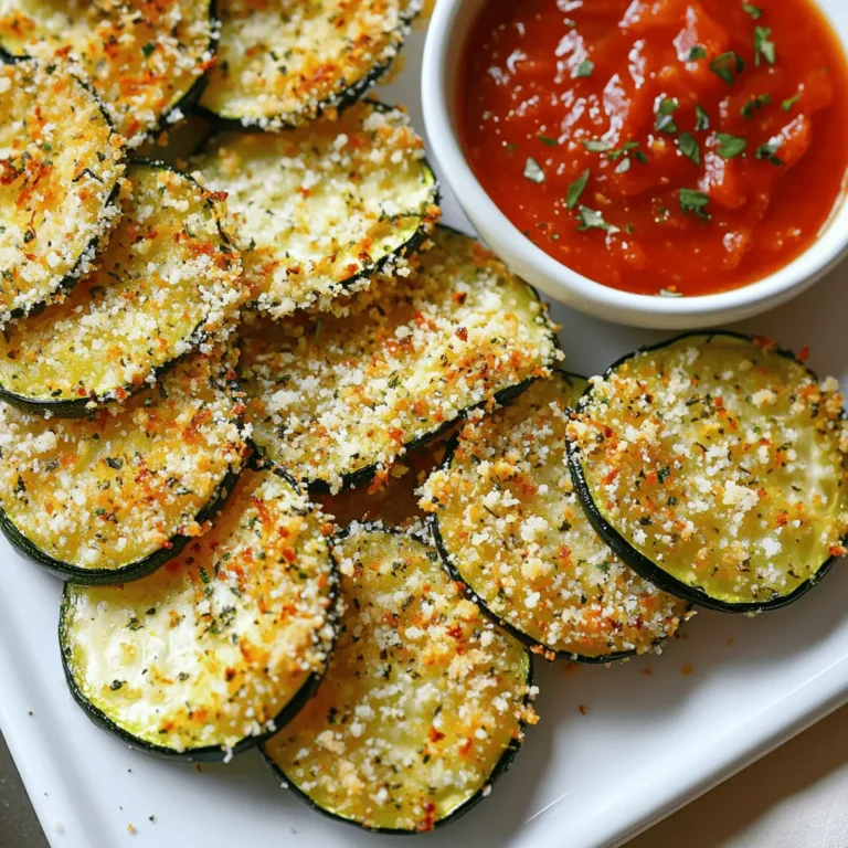 To make crispy baked zucchini coins, gather these ingredients: - 2 medium zucchinis, sliced into ½-inch thick coins - 1 cup breadcrumbs (preferably panko for extra crunch) - ½ cup grated Parmesan cheese - 1 teaspoon garlic powder - 1 teaspoon dried oregano - 1 teaspoon smoked paprika - 1 large egg, beaten - Salt and pepper to taste - Olive oil spray (or a light drizzle) You can swap ingredients based on your taste or what you have at home. If you want a gluten-free version, try gluten-free breadcrumbs. You can also use nutritional yeast instead of Parmesan for a vegan twist. For a spicier kick, add cayenne pepper to the breadcrumb mix. If you don’t have smoked paprika, regular paprika works too. Fresh zucchini is key for this recipe. It gives the coins a nice crunch and rich flavor. Look for firm zucchinis with smooth skin. Avoid ones that are soft or have blemishes. Fresh zucchini also has more nutrients. When you use fresh produce, your dish tastes better and is healthier. To get the best results, choose zucchinis that are about 6 to 8 inches long. If they are too big, they may have larger seeds and a watery texture. Enjoy the process of selecting your zucchini; it sets the stage for a tasty snack! For the full recipe, check the earlier section. To start, gather your ingredients. You will need: - 2 medium zucchinis, sliced into ½-inch thick coins - 1 cup breadcrumbs (preferably panko for extra crunch) - ½ cup grated Parmesan cheese - 1 teaspoon garlic powder - 1 teaspoon dried oregano - 1 teaspoon smoked paprika - 1 large egg, beaten - Salt and pepper to taste - Olive oil spray (or a light drizzle) First, preheat your oven to 425°F (220°C). Line a baking sheet with parchment paper. This helps with easy cleanup. Next, grab a shallow bowl. Mix the breadcrumbs, Parmesan cheese, garlic powder, oregano, smoked paprika, salt, and pepper. In a separate bowl, beat the egg until smooth. This egg will help the coating stick. Now, take each zucchini coin. Dip it into the egg, letting any extra drip off. Then, coat it with the breadcrumb mix. Press gently to help it stick. Arrange the coated zucchini coins in a single layer on your baking sheet. Make sure not to overcrowd them. This step is key for getting them crispy! Lightly spray or drizzle olive oil over the coins. This helps them brown nicely. Bake them in the preheated oven for about 20-25 minutes. Flip them halfway through for even cooking. They should turn golden brown and crispy. Once done, remove them from the oven and let them cool slightly. To get the best crunch, use panko breadcrumbs. They add extra texture. Also, ensure the coins are spaced out on the baking sheet. This allows hot air to circulate around them. If you have a wire rack, place it on the baking sheet. This helps air flow under the coins too. Lastly, don’t skip the olive oil. It is crucial for that golden brown finish. For the full recipe, check the main article! If your zucchini coins are not crispy, check a few things. First, ensure you sliced the zucchini evenly. Uniform thickness helps them cook the same way. Second, don’t overcrowd the baking sheet. If they touch, they will steam instead of crisp. Lastly, use enough oil. A light spray or drizzle helps achieve that golden crunch. To enhance the flavor, try adding different spices. For a kick, mix in some cayenne pepper or chili powder. If you love herbs, fresh basil or parsley adds a nice touch. You can also swap the Parmesan for other cheeses. Try using cheddar or a dairy-free cheese for a new taste. These crispy baked zucchini coins shine when served hot. Pair them with marinara sauce for dipping, or serve with a cool yogurt dip. You can also place them on top of a fresh salad for added crunch. For a twist, use them as a side with grilled chicken or fish. For the full recipe, check out the complete instructions above. {{image_2}} You can switch up the coating for your zucchini coins. Instead of breadcrumbs, try crushed cornflakes for a fun crunch. You can also use almond flour for a gluten-free option. If you want a spicy kick, use seasoned tortilla chips instead. Mix things up to find your favorite! Adding spices can change the game. Try cayenne pepper for heat. You can also use Italian seasoning for a classic flavor. Fresh herbs like basil or thyme add freshness. Experiment with different spice blends to create your unique taste. Don't be afraid to get creative! Serve your crispy zucchini coins in fun ways. Try stacking them with layers of cheese and tomato sauce for a mini zucchini parmesan. You can also use them as a crunchy topping on salads. Pair them with a zesty dipping sauce, like ranch or spicy mayo, for an extra kick. Your guests will love the surprise! After you enjoy your crispy baked zucchini coins, let them cool. Place them in an airtight container. Keep them in the fridge. They stay fresh for up to three days. If you want to keep them longer, consider freezing. To bring back the crispiness, reheat the zucchini coins in the oven. Preheat your oven to 350°F (175°C). Place the coins on a baking sheet. Heat them for about 10 minutes. This helps restore their crunch. Avoid using the microwave, as it makes them soggy. You can freeze the zucchini coins before baking. Arrange them in a single layer on a baking sheet. Freeze them until solid, then transfer to a freezer bag. They can last up to three months in the freezer. When ready to eat, bake them straight from the freezer. Just add a few extra minutes to the baking time. For the full recipe, check the section above. To make zucchini coins crispy, you need to remove excess moisture. Start by slicing your zucchini into ½-inch thick coins. Then, sprinkle salt on them and let them sit for 10-15 minutes. This draws out water. Afterward, pat them dry with a paper towel. For the coating, use panko breadcrumbs for extra crunch. Make sure you evenly coat each coin and do not overcrowd the baking sheet. This allows hot air to circulate, which helps them crisp up nicely. Yes, you can easily make this recipe gluten-free. Just swap regular breadcrumbs for gluten-free panko breadcrumbs. Many stores offer a variety of gluten-free options. Check the label to ensure they fit your dietary needs. The rest of the recipe remains the same. You won't lose any flavor or texture with this simple change. Crispy baked zucchini coins pair well with many dips. Consider serving them alongside marinara sauce for a classic taste. You can also try a yogurt dip, which adds a cool touch. For a twist, add hot sauce or a spicy aioli. They also work well as a side dish with grilled chicken or fish. You can find more ideas in the Full Recipe section to inspire your meal. In this article, we explored the key ingredients and steps for making crispy baked zucchini coins. Fresh zucchini is essential for the best taste. I shared tips for prep, baking, and serving to help you succeed. We also discussed variations and storage tips for leftovers, ensuring you enjoy them later. Remember, the right spices can enhance the flavor. Don't hesitate to experiment and find what you love. Enjoy your cooking journey with these delicious zucchini coins!