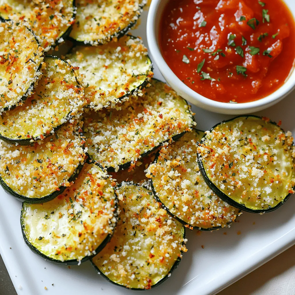 To make crispy baked zucchini coins, gather these ingredients: - 2 medium zucchinis, sliced into ½-inch thick coins - 1 cup breadcrumbs (preferably panko for extra crunch) - ½ cup grated Parmesan cheese - 1 teaspoon garlic powder - 1 teaspoon dried oregano - 1 teaspoon smoked paprika - 1 large egg, beaten - Salt and pepper to taste - Olive oil spray (or a light drizzle) You can swap ingredients based on your taste or what you have at home. If you want a gluten-free version, try gluten-free breadcrumbs. You can also use nutritional yeast instead of Parmesan for a vegan twist. For a spicier kick, add cayenne pepper to the breadcrumb mix. If you don’t have smoked paprika, regular paprika works too. Fresh zucchini is key for this recipe. It gives the coins a nice crunch and rich flavor. Look for firm zucchinis with smooth skin. Avoid ones that are soft or have blemishes. Fresh zucchini also has more nutrients. When you use fresh produce, your dish tastes better and is healthier. To get the best results, choose zucchinis that are about 6 to 8 inches long. If they are too big, they may have larger seeds and a watery texture. Enjoy the process of selecting your zucchini; it sets the stage for a tasty snack! For the full recipe, check the earlier section. To start, gather your ingredients. You will need: - 2 medium zucchinis, sliced into ½-inch thick coins - 1 cup breadcrumbs (preferably panko for extra crunch) - ½ cup grated Parmesan cheese - 1 teaspoon garlic powder - 1 teaspoon dried oregano - 1 teaspoon smoked paprika - 1 large egg, beaten - Salt and pepper to taste - Olive oil spray (or a light drizzle) First, preheat your oven to 425°F (220°C). Line a baking sheet with parchment paper. This helps with easy cleanup. Next, grab a shallow bowl. Mix the breadcrumbs, Parmesan cheese, garlic powder, oregano, smoked paprika, salt, and pepper. In a separate bowl, beat the egg until smooth. This egg will help the coating stick. Now, take each zucchini coin. Dip it into the egg, letting any extra drip off. Then, coat it with the breadcrumb mix. Press gently to help it stick. Arrange the coated zucchini coins in a single layer on your baking sheet. Make sure not to overcrowd them. This step is key for getting them crispy! Lightly spray or drizzle olive oil over the coins. This helps them brown nicely. Bake them in the preheated oven for about 20-25 minutes. Flip them halfway through for even cooking. They should turn golden brown and crispy. Once done, remove them from the oven and let them cool slightly. To get the best crunch, use panko breadcrumbs. They add extra texture. Also, ensure the coins are spaced out on the baking sheet. This allows hot air to circulate around them. If you have a wire rack, place it on the baking sheet. This helps air flow under the coins too. Lastly, don’t skip the olive oil. It is crucial for that golden brown finish. For the full recipe, check the main article! If your zucchini coins are not crispy, check a few things. First, ensure you sliced the zucchini evenly. Uniform thickness helps them cook the same way. Second, don’t overcrowd the baking sheet. If they touch, they will steam instead of crisp. Lastly, use enough oil. A light spray or drizzle helps achieve that golden crunch. To enhance the flavor, try adding different spices. For a kick, mix in some cayenne pepper or chili powder. If you love herbs, fresh basil or parsley adds a nice touch. You can also swap the Parmesan for other cheeses. Try using cheddar or a dairy-free cheese for a new taste. These crispy baked zucchini coins shine when served hot. Pair them with marinara sauce for dipping, or serve with a cool yogurt dip. You can also place them on top of a fresh salad for added crunch. For a twist, use them as a side with grilled chicken or fish. For the full recipe, check out the complete instructions above. {{image_2}} You can switch up the coating for your zucchini coins. Instead of breadcrumbs, try crushed cornflakes for a fun crunch. You can also use almond flour for a gluten-free option. If you want a spicy kick, use seasoned tortilla chips instead. Mix things up to find your favorite! Adding spices can change the game. Try cayenne pepper for heat. You can also use Italian seasoning for a classic flavor. Fresh herbs like basil or thyme add freshness. Experiment with different spice blends to create your unique taste. Don't be afraid to get creative! Serve your crispy zucchini coins in fun ways. Try stacking them with layers of cheese and tomato sauce for a mini zucchini parmesan. You can also use them as a crunchy topping on salads. Pair them with a zesty dipping sauce, like ranch or spicy mayo, for an extra kick. Your guests will love the surprise! After you enjoy your crispy baked zucchini coins, let them cool. Place them in an airtight container. Keep them in the fridge. They stay fresh for up to three days. If you want to keep them longer, consider freezing. To bring back the crispiness, reheat the zucchini coins in the oven. Preheat your oven to 350°F (175°C). Place the coins on a baking sheet. Heat them for about 10 minutes. This helps restore their crunch. Avoid using the microwave, as it makes them soggy. You can freeze the zucchini coins before baking. Arrange them in a single layer on a baking sheet. Freeze them until solid, then transfer to a freezer bag. They can last up to three months in the freezer. When ready to eat, bake them straight from the freezer. Just add a few extra minutes to the baking time. For the full recipe, check the section above. To make zucchini coins crispy, you need to remove excess moisture. Start by slicing your zucchini into ½-inch thick coins. Then, sprinkle salt on them and let them sit for 10-15 minutes. This draws out water. Afterward, pat them dry with a paper towel. For the coating, use panko breadcrumbs for extra crunch. Make sure you evenly coat each coin and do not overcrowd the baking sheet. This allows hot air to circulate, which helps them crisp up nicely. Yes, you can easily make this recipe gluten-free. Just swap regular breadcrumbs for gluten-free panko breadcrumbs. Many stores offer a variety of gluten-free options. Check the label to ensure they fit your dietary needs. The rest of the recipe remains the same. You won't lose any flavor or texture with this simple change. Crispy baked zucchini coins pair well with many dips. Consider serving them alongside marinara sauce for a classic taste. You can also try a yogurt dip, which adds a cool touch. For a twist, add hot sauce or a spicy aioli. They also work well as a side dish with grilled chicken or fish. You can find more ideas in the Full Recipe section to inspire your meal. In this article, we explored the key ingredients and steps for making crispy baked zucchini coins. Fresh zucchini is essential for the best taste. I shared tips for prep, baking, and serving to help you succeed. We also discussed variations and storage tips for leftovers, ensuring you enjoy them later. Remember, the right spices can enhance the flavor. Don't hesitate to experiment and find what you love. Enjoy your cooking journey with these delicious zucchini coins!