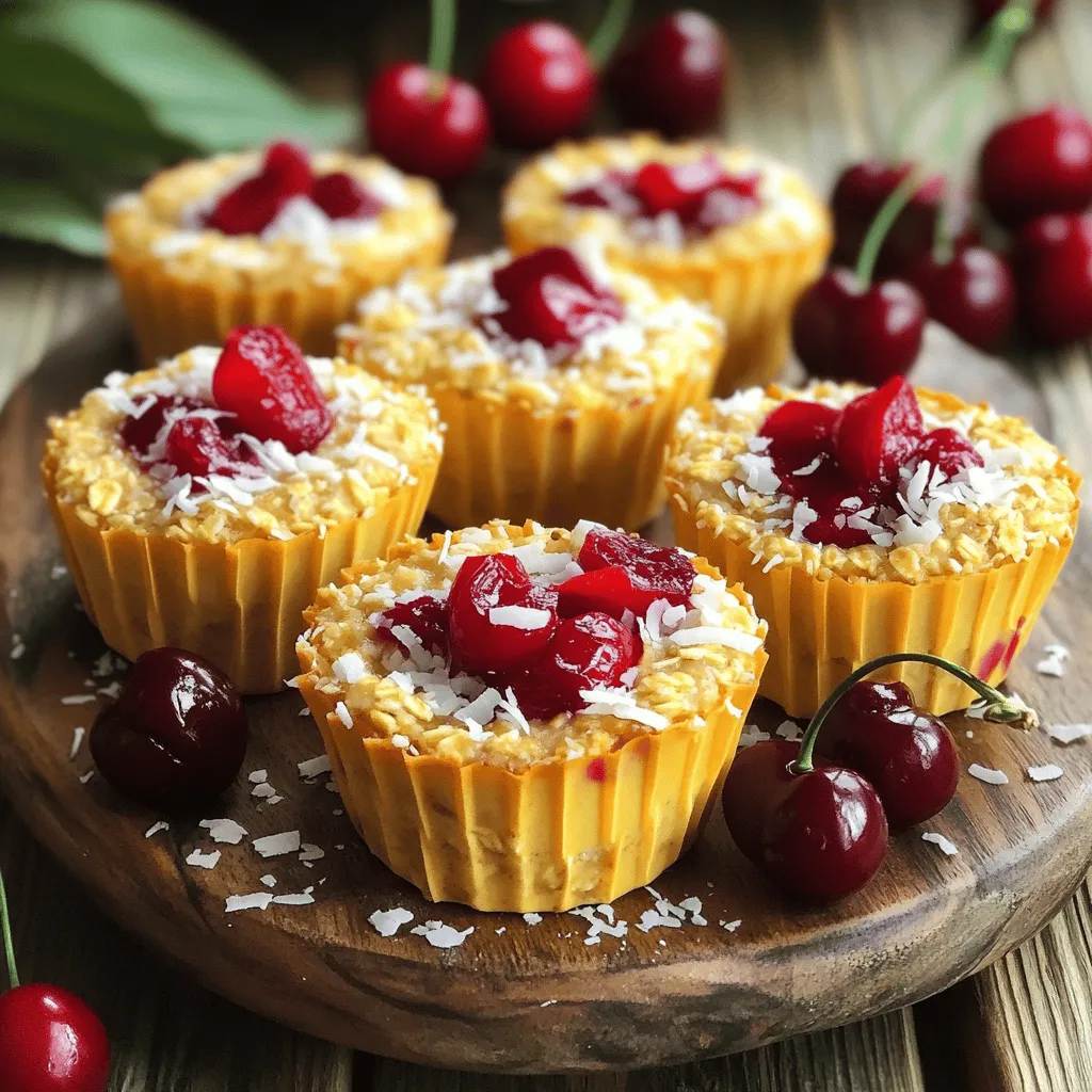 - 2 cups rolled oats - 1 cup unsweetened almond milk - 1 cup pitted cherries, chopped - 1/2 cup shredded coconut - 1/4 cup honey or maple syrup - 1/4 cup chopped nuts - 1 teaspoon vanilla extract - 1 teaspoon baking powder - 1/2 teaspoon cinnamon - Pinch of salt To make Cherry Coconut Oatmeal Cups, gather these simple ingredients. You can find most of them in any grocery store. The rolled oats give a hearty base. The almond milk keeps it moist. Cherries add a sweet and tart flavor, while shredded coconut brings a nice chewiness. Honey or maple syrup sweetens the mix. Chopped nuts add crunch, which I love. Vanilla extract gives a lovely aroma. Baking powder helps the cups rise. Cinnamon adds warmth. A pinch of salt balances all the flavors. - Alternatives for almond milk: If you can't find almond milk, you can use oat milk or regular milk. Both will work well in this recipe. - Using different sweeteners: Honey or maple syrup are great choices. You can also use agave nectar or brown sugar. - Fresh vs. frozen cherries: You can use either fresh or frozen cherries. If using frozen, let them thaw first. This way, they mix better. Feel free to experiment with these substitutes. Each will give your Cherry Coconut Oatmeal Cups a unique twist. This flexibility makes the recipe fun! For the complete recipe, check the Full Recipe section. 1. First, preheat your oven to 350°F (175°C). This helps the oatmeal cups bake evenly. 2. Next, prepare a muffin tin. You can lightly grease it with cooking spray or use muffin liners. This keeps the cups from sticking. 3. In a large bowl, mix the dry ingredients. Combine the rolled oats, shredded coconut, baking powder, cinnamon, and a pinch of salt. Make sure they blend well. 4. In another bowl, whisk together the wet ingredients. Pour in the almond milk, honey or maple syrup, and vanilla extract. Mix until smooth. 5. Now, pour the wet mixture into the dry ingredients. Stir until they are fully combined. 6. Gently fold in the chopped cherries and nuts. This adds flavor and texture to the cups. 7. Divide the mixture evenly among the muffin cups. Fill each cup about three-quarters full. 8. Bake the cups in your preheated oven for 20-25 minutes. They are done when the tops are golden brown. A toothpick should come out clean when inserted in the center. 9. Once baked, remove them from the oven. Let the oatmeal cups cool in the tin for five minutes. Then, transfer them to a wire rack to cool completely. You can find the full recipe for Cherry Coconut Oatmeal Cups in the previous section. Enjoy making these delicious snacks! To make great oatmeal cups, start by preventing sticking in the muffin tin. I recommend using cooking spray or muffin liners. This step makes it easy to remove the cups once they cool. If you forget this step, you might end up with a mess. Next, let’s talk about achieving golden tops. Bake the cups at 350°F (175°C) for 20-25 minutes. Keep an eye on them during baking. The tops should look golden brown when they are ready. If they take longer, check with a toothpick. It should come out clean from the center. These oatmeal cups are tasty on their own, but you can make them even better. Try adding toppings like a dollop of yogurt or a drizzle of honey. Fresh fruit, like sliced bananas or berries, also works great. You can mix and match to find your favorite combo. For the best accompaniments, pair the cups with a warm drink. A cup of tea or coffee enhances the meal. You could also serve them with a side of fruit for a balanced breakfast. If you have leftovers, reheating is simple. Use the microwave for about 20-30 seconds. Make sure to cover the cups with a damp paper towel. This keeps them moist and tasty. You can serve these oatmeal cups as breakfast or a snack. They are perfect for a quick meal on busy mornings. Pack them in your lunch for a healthy treat during the day. Enjoy them warm or at room temperature; both ways are delicious! For the full recipe, check out the Cherry Coconut Oatmeal Cups recipe. {{image_2}} You can change the fruits in your Cherry Coconut Oatmeal Cups. Try using berries or bananas for a new twist. Each fruit adds its own flavor. Berries bring a tartness. Bananas add sweetness. You can also add spices. Nutmeg or ginger can spice up the taste. These spices give warmth and depth to each bite. If you need gluten-free options, choose special oats. Some brands offer oats that are certified gluten-free. This way, you can enjoy the oatmeal cups safely. For vegan adaptations, replace honey with maple syrup. Use plant-based milk as well. These changes make the recipe friendly for all diets. Want to make it even more fun? Add chocolate chips to the mix. They melt and create a rich, sweet taste. You can also incorporate nut butters. Almond or peanut butter adds creaminess and flavor. These additions create new textures and tastes. You can experiment and find your favorite mix. For the full recipe, check the complete instructions above. To keep your Cherry Coconut Oatmeal Cups fresh, store them in the fridge. Place them in an airtight container. This helps prevent them from drying out. You can enjoy them for up to five days when stored this way. If you want to save the oatmeal cups for later, freezing is a great option. Place the cooled cups in a freezer-safe bag or container. They can last for up to three months in the freezer. When you’re ready to eat them, take the cups out and thaw them in the fridge overnight. To reheat, pop them in the microwave for about 30 to 60 seconds. Enjoy them warm for a tasty snack or breakfast! For the full recipe, check out the details above. If you want to swap out oats, try quinoa or rice cereal. Quinoa adds protein and a nutty flavor. Rice cereal gives a light, crunchy texture. Both options work well and keep the cups tasty. These oatmeal cups last for about five days in the fridge. Store them in an airtight container. For longer storage, freeze them for up to three months. Just thaw and reheat when you want them. Yes, you can use other fruits! Blueberries, raspberries, or diced apples work great. You can even try bananas for a sweet twist. Feel free to mix and match fruits to suit your taste. We covered how to make Cherry Coconut Oatmeal Cups from start to finish. You learned the ingredients needed, along with substitutions. I shared step-by-step instructions for preparing and baking them. Tips were given to ensure perfect cups and serving ideas. These oatmeal cups are not just tasty; they are also easy to customize. Try different fruits or spices to match your taste. Enjoy making these wherever you need a quick, delicious snack!