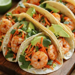 - 1 pound large shrimp, peeled and deveined - 2 tablespoons olive oil - Spices: chili powder, cumin, smoked paprika, garlic powder - Salt and pepper to taste - 8 small corn tortillas - 1 cup red cabbage, thinly sliced - 1 cup green cabbage, thinly sliced - 1 carrot, julienned - 1/4 cup fresh cilantro, chopped - Juice of 1 lime - 1 tablespoon honey - 1 avocado, sliced - Lime wedges for serving The main ingredients give the dish its bold flavor. The shrimp are the star, bringing sweetness and a nice texture. I love using a mix of spices like chili powder and cumin. They add warmth and depth to the dish. Next, we have the tacos and slaw components. The corn tortillas are soft and perfect for holding the shrimp and slaw. The red and green cabbage add crunch. The carrot gives a bit of sweetness, while cilantro brings freshness. A squeeze of lime juice brightens everything up. Honey adds a touch of sweetness to the slaw. You can find the complete instructions in the Full Recipe section. This dish is quick and easy, making it perfect for busy nights. Each ingredient plays a role in making these tacos both tasty and satisfying. First, I take a mixing bowl and add the shrimp. I drizzle in the olive oil and sprinkle the chili powder, cumin, smoked paprika, garlic powder, salt, and pepper. I make sure to toss the shrimp well so they get coated evenly with the spices. Next, I heat a large skillet over medium-high heat. Once the skillet is hot, I add the shrimp in a single layer. I cook them for about 2-3 minutes on each side until they turn pink and opaque. This quick cooking makes the shrimp tender and full of flavor. While the shrimp cooks, I prepare the slaw. I grab another bowl and mix the red cabbage, green cabbage, carrot, cilantro, lime juice, and honey. I toss everything together until well combined. This slaw adds a crunchy texture and a fresh taste. After mixing, I taste the slaw and adjust the seasoning with a bit more salt if needed. The balance of flavors is key for a delicious taco. Now it’s time to assemble the tacos. I warm the corn tortillas in another skillet or microwave until they are soft and pliable. Once warmed, I place a generous amount of slaw on each tortilla. Then, I top the slaw with a few pieces of shrimp and a slice of creamy avocado. This combination of textures and flavors makes each bite amazing. I serve the tacos with lime wedges on the side for a zesty finish. For the complete recipe, check the Full Recipe section. Use fresh shrimp for best flavor. Fresh shrimp tastes sweet and tender. Always choose shrimp that smells clean and ocean-like. Do not overcrowd the skillet. This lets each shrimp cook evenly. If the skillet is too full, the shrimp will steam instead of sear. Cook in batches if needed. Each side takes just 2-3 minutes. Add jalapeños for heat. They give the slaw a nice kick. You can slice them thin or dice them small. Incorporate additional veggies like bell peppers. They add color and crunch to the slaw. Try using different colors of bell peppers for a fun look. Warm tortillas to make them pliable. You can do this in a skillet or microwave. Just heat them for a few seconds. Always keep them covered with a cloth to stay warm. How to store leftover tortillas? Place them in a sealed bag or container. They keep well in the fridge for a few days. You can also freeze them for longer storage. {{image_2}} You can change the protein in this dish. Instead of shrimp, try fish or chicken. Both options work well with the spices. For a vegetarian choice, use jackfruit or tofu. Jackfruit adds a nice texture, while tofu absorbs flavors well. Slaw can be fun to change. For a twist, make an Asian-inspired slaw. Use sesame dressing to bring new flavors. You can also create a creamy slaw. Just mix mayonnaise or yogurt with your slaw ingredients for a rich taste. Spice level can change the whole dish. Use different peppers to adjust the heat. If you like it milder, go for bell peppers. To brighten flavors, experiment with citrus. Lemon or orange juice can add a fresh zing to both shrimp and slaw. You can find the full recipe for Spicy Shrimp Tacos with Slaw above to get started! To keep your shrimp tacos fresh, store the shrimp and slaw separately. This way, the slaw stays crunchy while the shrimp maintains its texture. Use airtight containers for both. When you want to eat them, reheat the shrimp in a skillet over medium heat. This warms them without making them rubbery. You can enjoy the slaw cold or at room temperature. Can you freeze shrimp tacos? Yes, but it's best to freeze the shrimp only. Cooked shrimp can freeze well for up to three months. For the slaw, avoid freezing it because the cabbage will become mushy. If you want to freeze slaw ingredients, chop the veggies and store them in a freezer bag. Just remember to use them within a month. How long do prepared tacos last in the fridge? You can keep them for about two days. After that, the flavor and texture decline. Signs of spoilage include a sour smell and slimy shrimp. If you notice these signs, it’s best to throw them away. For a flavorful meal that lasts, always store your tacos properly. For the complete details, check the Full Recipe. You can serve spicy shrimp tacos with many tasty sides and drinks. Here are some ideas: - Sides: - Mexican rice - Black beans - Grilled corn on the cob - Chips and salsa - Drinks: - Fresh limeade - Light beer - Sparkling water with lime These pairings enhance the taco experience and add variety to your meal. Yes, you can prepare some parts ahead of time. Here are my tips: - Shrimp: Cook shrimp and store in the fridge for up to two days. - Slaw: Make the slaw a day in advance. Keep it in a sealed container. - Tortillas: Warm them before serving for best taste. This way, you save time and enjoy a quick meal later. Reheating shrimp tacos is easy if you follow these steps: - Microwave: Place tacos on a plate, cover with a damp paper towel, and heat for 30 seconds. - Skillet: Heat a skillet over medium heat. Warm tacos for about 1-2 minutes on each side. Both methods keep the shrimp and slaw tasty. Yes, this recipe can be gluten-free. Here’s what you need to know: - Tortillas: Use corn tortillas, which are usually gluten-free. - Alternatives: If you need more options, look for gluten-free tortillas at the store. You can enjoy these tacos without worry if you follow these tips. This Spicy Shrimp Tacos with Slaw recipe is quick and fun to make. Here’s what you need to create this tasty dish and how to do it. - 1 pound large shrimp, peeled and deveined - 2 tablespoons olive oil - 1 tablespoon chili powder - 1 teaspoon cumin - 1 teaspoon smoked paprika - 1 teaspoon garlic powder - Salt and pepper to taste - 8 small corn tortillas - 1 cup red cabbage, thinly sliced - 1 cup green cabbage, thinly sliced - 1 carrot, julienned - 1/4 cup fresh cilantro, chopped - Juice of 1 lime - 1 tablespoon honey - 1 avocado, sliced - Lime wedges for serving 1. In a mixing bowl, combine the shrimp with olive oil and spices. Toss well to coat the shrimp evenly. 2. Heat a large skillet over medium-high heat. Add the seasoned shrimp in a single layer. Cook for 2-3 minutes on each side until they turn pink and opaque. Remove them from heat and set aside. 3. For the slaw, mix the red cabbage, green cabbage, carrot, cilantro, lime juice, and honey in a separate bowl. Toss well and adjust seasoning with salt if needed. 4. Warm the corn tortillas in another skillet or microwave until they are pliable. 5. To assemble the tacos, place a portion of the slaw on each tortilla. Add a few shrimp and a slice of avocado. 6. Serve with lime wedges for squeezing over the tacos before eating. This recipe brings together bold flavors and fresh ingredients. It's easy and perfect for any night! These spicy shrimp tacos are fun and easy to make. You learned how to prepare shrimp, slaw, and warm tortillas. I shared tips for perfecting flavors and suggested tasty variations. You can easily store leftovers or freeze ingredients for later. Remember, you can swap shrimp for other proteins or add more veggies to the slaw. This recipe lets you be creative while enjoying great food. Enjoy making your tacos and experimenting with flavors!