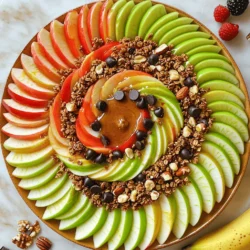 To make Healthy Apple Nachos, gather these simple items: - 2 large apples (like Granny Smith or Honeycrisp), thinly sliced - 1/4 cup almond butter (or your favorite nut butter) - 2 tablespoons honey or maple syrup - 1/4 cup granola (homemade or store-bought) - 1/4 cup dark chocolate chips (optional) - 1/4 cup chopped nuts (e.g., walnuts, pecans, or almonds) - 1 teaspoon cinnamon - A pinch of sea salt - Fresh fruits (like berries or banana slices) for garnish (optional) You can change things up to fit your taste. Here are some ideas: - Nut Butters: Try peanut butter or cashew butter instead of almond butter. - Sweeteners: Use agave syrup or coconut nectar in place of honey or maple syrup. - Granola: Choose a flavored granola, like cinnamon or chocolate chip, for extra fun. - Fruits: Add slices of kiwi or mango for a tropical twist. These Healthy Apple Nachos are not just tasty; they pack a punch nutritionally. Here’s a quick look: - Calories: About 300-350 per serving - Protein: Roughly 8-10 grams, depending on nut butter used - Fiber: Around 5-7 grams, thanks to the apples and nuts - Fat: About 15-20 grams from nut butter and nuts, mostly healthy fats This snack is a great way to enjoy apples while getting healthy fats and protein. Start by washing the apples well. I like to use Granny Smith or Honeycrisp apples. They give a nice sweet and tart taste. After washing, cut the apples into thin slices. Be sure to remove the core. Lay the apple slices flat on a big plate or platter. This makes the nachos look great. Next, grab a small bowl. Add the almond butter to this bowl. Mix in the honey or maple syrup. Stir until it becomes smooth and creamy. If it feels thick, warm it a bit in the microwave. This helps it drizzle nicely over the apples. Now it’s time to put everything together. Drizzle the almond butter mixture over the apple slices. Use a spoon for even coverage. Sprinkle granola on top for some crunch. If you want, add dark chocolate chips and chopped nuts for extra flavor. Finally, dust the plate with cinnamon and a pinch of sea salt. If you like, top with fresh fruits like berries or banana slices. Serve right away, and enjoy this fun, healthy snack! I love using Granny Smith or Honeycrisp apples. Granny Smith apples add a nice tartness. Honeycrisp apples are sweet and crunchy. Both types work well in Healthy Apple Nachos. You can also try Fuji or Gala apples for a sweeter option. Choose apples that are firm and fresh. If you have any nachos left, store them in a container. Use an airtight container to keep them fresh. Keep leftover nachos in the fridge for up to one day. The apples may brown a bit, but they will still taste good. You can add a little lemon juice to the apples to slow browning. Healthy Apple Nachos are great for any event! Serve them as a snack during movie night. They are fun for kids’ parties or as a light dessert. You can also offer them at a brunch with friends. Add a scoop of yogurt on the side for a tasty dip. They are perfect for sharing and enjoying together. For the full recipe, check the section above! {{image_2}} You can switch almond butter for other nut butters. Peanut butter works well too. Cashew butter adds a creamy texture. Sunflower seed butter is great for nut-free diets. Each choice gives a unique taste to the nachos. Try different nut butters to find your favorite. The toppings can change your apple nachos a lot. You can add dried fruits like raisins or cranberries. Fresh fruits, such as sliced strawberries or kiwi, brighten the dish. For crunch, try sunflower seeds or pumpkin seeds. You can also use yogurt for a creamy touch. Get creative and mix toppings you love! Use seasonal fruits for a fun twist. In fall, add sliced figs or pears. In spring, top with fresh berries or cherries. You can also sprinkle cinnamon in winter for a warm flavor. Each season brings new tastes, so adapt your nachos accordingly. Enjoy the fun of changing flavors! To keep your apples fresh, store them in the fridge. Apples can turn brown when cut. To slow this, squeeze lemon juice on the slices. This keeps them crisp and tasty. If you have leftover almond butter, keep it in a cool place. Make sure it is sealed tight. You can slice apples a day ahead. Just remember to add lemon juice. This will help them stay fresh. You can also mix the almond butter and honey ahead of time. Place it in a small jar. When you are ready to eat, just assemble everything quickly. Use airtight containers for storing your ingredients. Glass jars work well for almond butter. For apple slices, use a container with a lid. This keeps them from getting squished. If you have leftovers, keep them in a separate container. Enjoy your Healthy Apple Nachos later! Yes, you can prepare some parts ahead of time. Slice the apples and store them in water with lemon juice. This keeps them fresh and bright. However, I recommend waiting to drizzle the almond butter and add toppings. This way, they stay crunchy and tasty. You have many choices! Here are some of my favorites: - Granola for crunch - Dark chocolate chips for sweetness - Chopped nuts like walnuts or almonds - Fresh fruits like berries or bananas - A sprinkle of cinnamon for warmth Mix and match to find your perfect flavor! To make Healthy Apple Nachos vegan, just swap honey for maple syrup. Use any nut butter that fits your diet. Almond butter or peanut butter works great. All other ingredients are already vegan, so it’s simple! For the full recipe, check out the ingredients and steps above. Enjoy making this fun and tasty snack! Healthy apple nachos are fun and easy to make. We covered the best ingredients and how to prepare them. You learned how to make a tasty almond butter drizzle and assemble your nachos. I shared storage tips and fun variations to keep it interesting. Keep this recipe handy for snacks or parties. With these simple steps, you'll impress your friends and family. Enjoy your delicious, healthy treat!