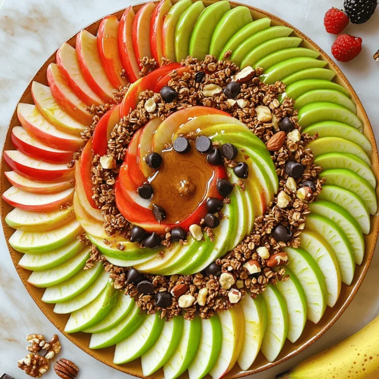 To make Healthy Apple Nachos, gather these simple items: - 2 large apples (like Granny Smith or Honeycrisp), thinly sliced - 1/4 cup almond butter (or your favorite nut butter) - 2 tablespoons honey or maple syrup - 1/4 cup granola (homemade or store-bought) - 1/4 cup dark chocolate chips (optional) - 1/4 cup chopped nuts (e.g., walnuts, pecans, or almonds) - 1 teaspoon cinnamon - A pinch of sea salt - Fresh fruits (like berries or banana slices) for garnish (optional) You can change things up to fit your taste. Here are some ideas: - Nut Butters: Try peanut butter or cashew butter instead of almond butter. - Sweeteners: Use agave syrup or coconut nectar in place of honey or maple syrup. - Granola: Choose a flavored granola, like cinnamon or chocolate chip, for extra fun. - Fruits: Add slices of kiwi or mango for a tropical twist. These Healthy Apple Nachos are not just tasty; they pack a punch nutritionally. Here’s a quick look: - Calories: About 300-350 per serving - Protein: Roughly 8-10 grams, depending on nut butter used - Fiber: Around 5-7 grams, thanks to the apples and nuts - Fat: About 15-20 grams from nut butter and nuts, mostly healthy fats This snack is a great way to enjoy apples while getting healthy fats and protein. Start by washing the apples well. I like to use Granny Smith or Honeycrisp apples. They give a nice sweet and tart taste. After washing, cut the apples into thin slices. Be sure to remove the core. Lay the apple slices flat on a big plate or platter. This makes the nachos look great. Next, grab a small bowl. Add the almond butter to this bowl. Mix in the honey or maple syrup. Stir until it becomes smooth and creamy. If it feels thick, warm it a bit in the microwave. This helps it drizzle nicely over the apples. Now it’s time to put everything together. Drizzle the almond butter mixture over the apple slices. Use a spoon for even coverage. Sprinkle granola on top for some crunch. If you want, add dark chocolate chips and chopped nuts for extra flavor. Finally, dust the plate with cinnamon and a pinch of sea salt. If you like, top with fresh fruits like berries or banana slices. Serve right away, and enjoy this fun, healthy snack! I love using Granny Smith or Honeycrisp apples. Granny Smith apples add a nice tartness. Honeycrisp apples are sweet and crunchy. Both types work well in Healthy Apple Nachos. You can also try Fuji or Gala apples for a sweeter option. Choose apples that are firm and fresh. If you have any nachos left, store them in a container. Use an airtight container to keep them fresh. Keep leftover nachos in the fridge for up to one day. The apples may brown a bit, but they will still taste good. You can add a little lemon juice to the apples to slow browning. Healthy Apple Nachos are great for any event! Serve them as a snack during movie night. They are fun for kids’ parties or as a light dessert. You can also offer them at a brunch with friends. Add a scoop of yogurt on the side for a tasty dip. They are perfect for sharing and enjoying together. For the full recipe, check the section above! {{image_2}} You can switch almond butter for other nut butters. Peanut butter works well too. Cashew butter adds a creamy texture. Sunflower seed butter is great for nut-free diets. Each choice gives a unique taste to the nachos. Try different nut butters to find your favorite. The toppings can change your apple nachos a lot. You can add dried fruits like raisins or cranberries. Fresh fruits, such as sliced strawberries or kiwi, brighten the dish. For crunch, try sunflower seeds or pumpkin seeds. You can also use yogurt for a creamy touch. Get creative and mix toppings you love! Use seasonal fruits for a fun twist. In fall, add sliced figs or pears. In spring, top with fresh berries or cherries. You can also sprinkle cinnamon in winter for a warm flavor. Each season brings new tastes, so adapt your nachos accordingly. Enjoy the fun of changing flavors! To keep your apples fresh, store them in the fridge. Apples can turn brown when cut. To slow this, squeeze lemon juice on the slices. This keeps them crisp and tasty. If you have leftover almond butter, keep it in a cool place. Make sure it is sealed tight. You can slice apples a day ahead. Just remember to add lemon juice. This will help them stay fresh. You can also mix the almond butter and honey ahead of time. Place it in a small jar. When you are ready to eat, just assemble everything quickly. Use airtight containers for storing your ingredients. Glass jars work well for almond butter. For apple slices, use a container with a lid. This keeps them from getting squished. If you have leftovers, keep them in a separate container. Enjoy your Healthy Apple Nachos later! Yes, you can prepare some parts ahead of time. Slice the apples and store them in water with lemon juice. This keeps them fresh and bright. However, I recommend waiting to drizzle the almond butter and add toppings. This way, they stay crunchy and tasty. You have many choices! Here are some of my favorites: - Granola for crunch - Dark chocolate chips for sweetness - Chopped nuts like walnuts or almonds - Fresh fruits like berries or bananas - A sprinkle of cinnamon for warmth Mix and match to find your perfect flavor! To make Healthy Apple Nachos vegan, just swap honey for maple syrup. Use any nut butter that fits your diet. Almond butter or peanut butter works great. All other ingredients are already vegan, so it’s simple! For the full recipe, check out the ingredients and steps above. Enjoy making this fun and tasty snack! Healthy apple nachos are fun and easy to make. We covered the best ingredients and how to prepare them. You learned how to make a tasty almond butter drizzle and assemble your nachos. I shared storage tips and fun variations to keep it interesting. Keep this recipe handy for snacks or parties. With these simple steps, you'll impress your friends and family. Enjoy your delicious, healthy treat!
