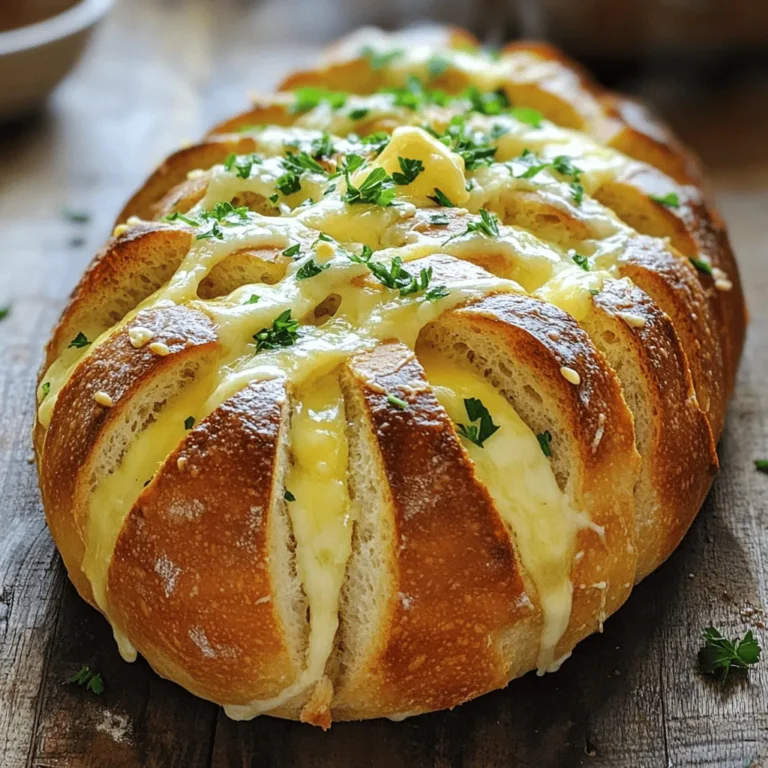 To make Garlic Parmesan Pull Apart Bread, you need some key ingredients. Here’s what you need: - 1 loaf of fresh sourdough bread (or any round artisan bread) - 1/2 cup unsalted butter, melted - 4 cloves garlic, minced - 1 cup shredded Parmesan cheese - 1 tablespoon fresh parsley, chopped - 1 teaspoon dried oregano - 1 teaspoon salt - 1/2 teaspoon black pepper These ingredients create a delicious mix of flavors. The sourdough bread adds a nice tang, while the garlic and Parmesan fill it with richness. If you want to make your bread even tastier, consider these optional garnishes: - Extra Parmesan cheese - More chopped parsley These toppings can make your bread look fancy and add extra flavor. A sprinkle of cheese on top can make it even more cheesy! You can switch some ingredients based on what you have. Here are some easy swaps: - Butter: Use olive oil instead of butter for a lighter option. - Parmesan Cheese: Try mozzarella or cheddar if you want a different cheese flavor. - Fresh Parsley: You can use basil or thyme for a fresh touch. These substitutions can change the taste and texture. Feel free to experiment to find your favorite version! You can find the full recipe to guide you through the steps. Start by preheating your oven to 350°F (175°C). This step is key for even baking. While it heats, gather your ingredients. You will need your loaf of bread, melted butter, and spices. In a small bowl, mix the melted butter, minced garlic, oregano, salt, and pepper. Whisk them well. Set this mixture aside for later. It packs a lot of flavor. Next, take your loaf of bread and place it on a baking sheet lined with parchment paper. Using a serrated knife, make cuts in the loaf about one inch apart. Aim for a grid pattern. Be careful not to cut all the way through the bottom. This keeps the loaf together. Once you make the cuts, gently pull apart the sections. This creates little pockets for the filling. These pockets are crucial for holding all that tasty garlic butter and cheese. Now it’s time to fill the bread. Grab your butter mixture and use a pastry brush to drizzle it into each pocket. Make sure each cut is well coated. Next, sprinkle the shredded Parmesan cheese evenly into the pockets. Try to ensure every section is filled. If you have leftover garlic butter, drizzle it over the top of the loaf. Wrap the bread loosely in aluminum foil, sealing the edges. This helps keep the bread soft while it bakes. Place it in the oven and bake for 15 to 20 minutes. After that time, remove the foil and bake for 10 more minutes. You want the cheese to be melted and bubbly, and the bread to be golden brown. Once it’s done, take it out of the oven. For a nice touch, sprinkle some extra parsley and Parmesan cheese on top. Serve it warm and enjoy the fun of pulling apart your cheesy, garlicky bread! For the full details, check out the Full Recipe. To get the best texture in Garlic Parmesan Pull Apart Bread, start with fresh bread. Sourdough or round artisan bread works well. Make sure to cut the bread without slicing all the way through. This keeps the loaf intact. When you pull apart the pieces, they should feel soft and fluffy inside. The outer crust should be crisp and golden. Adding flavor boosts the joy of eating this bread. Use fresh garlic; it adds a stronger taste. Mix the garlic with melted butter and herbs for a rich flavor. I suggest using parsley and oregano. These herbs blend well with the garlic. You can add extra cheese on top before baking for an even cheesier experience. Don't be shy; sprinkle a little more Parmesan for extra flavor! One common mistake is not cutting deep enough into the bread. If the cuts are too shallow, the garlic butter won’t soak in well. Another mistake is using cold butter. It won’t mix with the garlic as nicely. Be sure to melt it beforehand. Lastly, don't skip wrapping the bread in foil while baking. This helps keep the bread moist and ensures it cooks evenly. For the full recipe, refer to the earlier section on ingredients and instructions. {{image_2}} You can change the cheese in this recipe for a new taste. Mozzarella adds a gooey texture. Cheddar gives a sharp flavor. You can also try gouda for a smoky twist. Mixing cheeses is fun too! Try a blend of mozzarella and parmesan for a cheesy delight. Add herbs and spices to elevate your bread. Basil pairs well with garlic. Thyme adds a fresh note. Red pepper flakes give a spicy kick. You can even use Italian seasoning for a classic taste. Experimenting with flavors can make this dish your own. Making this bread vegan is simple. Use vegan butter instead of regular butter. Look for plant-based cheese as a tasty swap. For a gluten-free option, choose gluten-free bread. Many brands offer tasty gluten-free loaves. This way, everyone can enjoy your garlic parmesan pull apart bread! To keep your Garlic Parmesan Pull Apart Bread fresh, you have a few good options. First, let the bread cool down to room temperature. Wrap it tightly in plastic wrap or aluminum foil. This helps keep it soft. You can also store it in an airtight container. This way, it stays fresh for about two days at room temperature. When you want to enjoy your leftovers, reheating is key. Preheat your oven to 350°F (175°C). Unwrap the bread and place it on a baking sheet. Bake for about 10-15 minutes. This warms it through and makes the cheese nice and melty again. If you prefer a quicker method, you can microwave individual pieces. Just heat them for about 15-20 seconds. If you want to save some for later, freezing works well. Wrap the entire loaf tightly in plastic wrap, then in aluminum foil. This prevents freezer burn. You can also slice the bread first and wrap the pieces individually. When you’re ready to eat, thaw it overnight in the fridge. Reheat it as mentioned above. This way, you can enjoy Garlic Parmesan Pull Apart Bread anytime! For the complete recipe, check [Full Recipe]. To make Garlic Parmesan Pull Apart Bread from scratch, follow these steps: 1. Preheat your oven to 350°F (175°C). 2. Mix melted butter, minced garlic, oregano, salt, and pepper in a bowl. 3. Use a serrated knife to cut a grid in the loaf without cutting through the bottom. 4. Pull apart the bread slightly to create pockets. 5. Brush the garlic butter mixture into the pockets. 6. Fill each pocket with shredded Parmesan cheese. 7. Drizzle any leftover garlic butter on top. 8. Wrap the bread in foil and bake for 15-20 minutes. 9. Unwrap and bake for another 10 minutes until golden brown. 10. Serve warm and enjoy! This recipe is easy and fun. You can find the Full Recipe above. Yes, you can use other types of bread for Garlic Parmesan Pull Apart Bread. Here are some options: - Ciabatta: Its airy texture works well with the filling. - French bread: This offers a crispy crust and soft inside. - Whole wheat: This adds a nutty flavor and is a healthier option. - Focaccia: This gives a unique taste and is very soft. Feel free to experiment based on what you have at home. Garlic Parmesan Pull Apart Bread lasts about 2-3 days when stored properly. - Store it in an airtight container or wrap it tightly in plastic wrap. - Keep it at room temperature for the best taste. - If you want it to last longer, you can freeze it. Just wrap it well in foil or a freezer bag, and it will last for up to three months. When ready to eat, thaw and reheat in the oven for the best texture. In this post, we explored how to make Garlic Parmesan Pull Apart Bread. We covered essential ingredients, baking steps, and tips for perfecting texture and flavor. You can try variations and learn storage methods to keep it fresh. Remember, this bread is fun to make and share. Whether for a party or a quiet night in, it will impress. Enjoy experimenting with ingredients and techniques. Your kitchen adventures await!