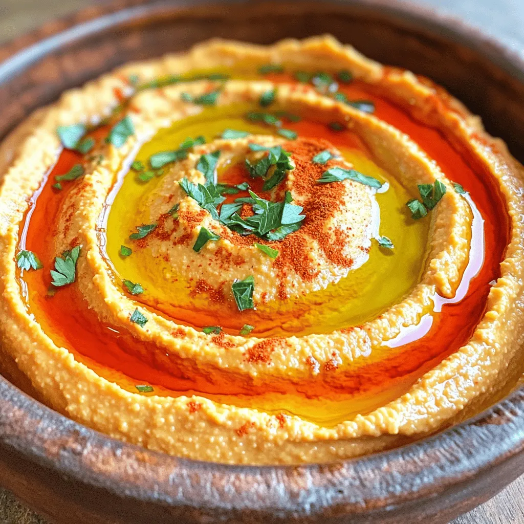 To make a tasty roasted red pepper hummus, you need a few key items. Here’s what you should gather: - 1 can (15 oz) chickpeas, drained and rinsed - 1 large red bell pepper, roasted and peeled - 2 tablespoons tahini - 2 tablespoons olive oil - 2 tablespoons lemon juice - 1 garlic clove, minced - 1/2 teaspoon cumin - Salt and pepper to taste - Water, as needed for consistency These ingredients come together to create a creamy and flavorful dip. Chickpeas form the base, while roasted red peppers add a sweet and smoky taste. While the essential ingredients shine on their own, you can enhance the flavor with extras. Consider adding: - A pinch of smoked paprika for a deeper flavor - Fresh herbs like parsley for a pop of color - A dash of red pepper flakes if you like some heat These optional extras can elevate your hummus to new heights. They make each bite exciting and unique. Roasted red pepper hummus is not only delicious but also packed with nutrients. Here’s a quick look at its benefits: - Chickpeas: High in protein and fiber, they aid digestion. - Olive oil: Contains healthy fats that support heart health. - Red bell pepper: Full of vitamins A and C, great for your skin and immune system. This hummus is a healthy choice for snacks or meals. It’s a great way to enjoy flavors while caring for your body. You can find the full recipe to get started right away! Roasting a red bell pepper is easy and fun. You can roast it on a gas flame or in the oven under a broiler. - Prepare the Pepper: Wash the pepper and pat it dry. - Roast It: Place it on the flame or under the broiler. Turn it often. Keep going until the skin is black and blistered. - Cool and Peel: Once done, take it off the heat. Let it cool for about 10 minutes. This makes peeling easier. The skin should come off easily. Remove the seeds and chop the pepper into pieces. Now, it’s time to blend! This is the key step to make your hummus smooth and creamy. - Gather Your Ingredients: You need chickpeas, roasted red pepper, tahini, olive oil, lemon juice, garlic, cumin, salt, and pepper. - Combine: Put all these ingredients in a food processor. - Blend: Turn on the processor and blend until smooth. If it’s too thick, add water 1-2 tablespoons at a time. Blend again until you get the right consistency. - Taste and Adjust: Add salt and pepper as needed. Blend one more time to mix it all well. Serving this hummus is a treat! - Presentation: Transfer the hummus to a bowl. - Garnish: Drizzle olive oil on top. Sprinkle with paprika and chopped parsley if you like. - Pairings: Serve it with pita bread, fresh veggies, or chips. It’s great as a snack or appetizer. For the full recipe, check the previous section. Enjoy your delicious Roasted Red Pepper Hummus! When you make hummus, avoid using dry chickpeas. Always start with canned ones. They save time and blend smoother. Another common mistake is skipping the tahini. This ingredient adds creaminess and flavor. Don't forget to roast your red pepper well. If the skin isn't charred, the taste won't be as rich. Lastly, don’t rush the blending. A smooth texture is key to great hummus. To boost flavor, use fresh lemon juice. The acidity brightens the hummus. Adding garlic can also enhance the taste. If you like spice, try adding cayenne pepper or red pepper flakes. For a deeper flavor, let the hummus sit before serving. This allows the flavors to meld together. Finally, drizzle a little extra olive oil on top for richness. Store leftover hummus in an airtight container. This keeps it fresh longer. If you notice it thickening, add a splash of water before serving. Hummus can last up to a week in the fridge. For longer storage, you can freeze it. Just place it in a freezer-safe container. When ready to eat, thaw it overnight in the fridge. For details on the full process, check the Full Recipe. {{image_2}} Want to turn up the heat? Add some spice! You can mix in a pinch of cayenne pepper or a dash of hot sauce. Start with a small amount. You can always add more if needed. This gives the hummus a bold kick. It pairs great with pita chips or fresh veggies. Roasted garlic adds a rich flavor. To make this twist, roast a whole head of garlic. Cut the top off and drizzle with olive oil. Wrap it in foil and bake until soft. Squeeze the garlic into the hummus mix. Blend it well for a smooth texture. This twist is perfect for garlic lovers. Want a creamy texture? Try adding ripe avocado. Just mash one avocado and mix it in with the chickpeas. This gives a nice, smooth finish. It also adds a fresh flavor. You can enjoy it on toast or as a dip for chips. This variation is healthy and delicious. For more details on making the original recipe, check the Full Recipe. After making your hummus, store it in an airtight container. This helps keep it fresh. Place a thin layer of olive oil on top. This seals in moisture and flavor. You can refrigerate your hummus for up to one week. Always use a clean spoon to scoop out your hummus. This keeps bacteria away and helps it last longer. If you want to enjoy your hummus later, freezing is a great option. I recommend portioning it into smaller containers. This way, you only thaw what you need. Make sure to leave space at the top of each container. Hummus expands when frozen. You can freeze roasted red pepper hummus for up to three months. When you’re ready to eat it, thaw it in the fridge overnight. Stir it well before serving. Store-bought hummus lasts longer than homemade hummus. Check the label for the expiration date. Usually, it can last two weeks after opening. Homemade hummus, on the other hand, stays fresh for about a week. Both types should be kept in the fridge. Remember, if you see mold or smell anything off, throw it away. Freshness is key for great flavor. Roasted red pepper hummus lasts up to one week in the fridge. Store it in an airtight container. This helps keep it fresh. If you see any change in color or smell, it's best to toss it. Yes, you can make roasted red pepper hummus without tahini. You may use more olive oil or a bit of yogurt instead. This will still give your hummus a creamy texture. However, tahini adds a unique flavor that many people enjoy. You can serve roasted red pepper hummus with many things. Here are some ideas: - Pita chips - Fresh veggies like carrots and cucumbers - Crackers - Flatbreads - Spread on sandwiches These options add crunch and flavor, making for a tasty snack or meal. For the full recipe, check out the earlier section! Roasted red pepper hummus is easy and fun to make. We covered key ingredients, tasty options, and nutrition. I shared steps to roast peppers and blend for a smooth dip. Plus, I offered tips to avoid common mistakes and ideas for variations. In closing, homemade hummus can brighten meals and snacks. Enjoy your creation and impress your friends with flavors and simplicity.