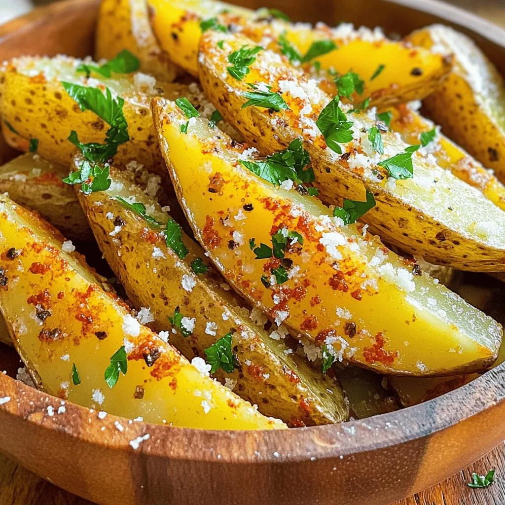 Gather these simple ingredients to make delicious Garlic Parmesan Potato Wedges: - 4 large russet potatoes, washed and cut into wedges - 4 tablespoons olive oil - 4 cloves garlic, minced - 1 teaspoon dried oregano - 1 teaspoon garlic powder - ½ teaspoon paprika - Salt and pepper to taste - ½ cup grated Parmesan cheese - Fresh parsley, chopped for garnish These ingredients come together to create a crunchy and flavorful snack. The russet potatoes give you the perfect texture, while the garlic and Parmesan add amazing taste. You can find the full recipe and detailed steps below. 1. Start by preheating your oven to 425°F (220°C). This high heat helps create crispy wedges. Next, line a baking sheet with parchment paper. This makes cleanup easy and keeps the wedges from sticking. 2. In a large mixing bowl, combine the cut potato wedges with 4 tablespoons of olive oil. Add 4 minced garlic cloves, 1 teaspoon of dried oregano, 1 teaspoon of garlic powder, and ½ teaspoon of paprika. Season with salt and pepper. Toss everything together until the wedges are fully coated. 3. Spread the potato wedges in a single layer on the prepared baking sheet. Make sure they have space. This helps them cook evenly and become crispy. 1. Bake the potato wedges for 25 minutes. This initial baking time cooks them through. 2. After 25 minutes, take out the baking sheet and sprinkle ½ cup of grated Parmesan cheese evenly over the wedges. 3. Return the baking sheet to the oven and bake for an additional 10-15 minutes. Look for the wedges to turn golden brown. This final baking time adds extra crispiness. 1. Once cooked, remove the wedges from the oven. Let them cool for a couple of minutes. This step helps them firm up. 2. Garnish the wedges with fresh chopped parsley. This adds color and flavor. 3. For serving, I suggest using a rustic wooden bowl or a platter. Drizzle some extra olive oil on top and sprinkle with sea salt for an appealing touch. Serve with a side of marinara or garlic aioli for dipping. Enjoy your Garlic Parmesan Potato Wedges! For the complete list of steps, check out the Full Recipe. To get crispy potato wedges, you need to space them out. When you place them too close together, they steam instead of bake. This can make them soft, not crunchy. Aim for a single layer on your baking sheet. Choosing the right potato is key, too. I love using russet potatoes. They have a high starch content, which helps create that perfect crispy texture. Sweet potatoes can work well, too. Just keep in mind they cook differently. Spice it up! You can add a pinch of cayenne for heat. Try smoked paprika for a rich flavor. Experimenting with these spices can make your wedges even more exciting. Fresh herbs can add depth. I recommend using rosemary or thyme. Just chop them finely and mix into the oil before tossing the potatoes. This adds a fresh, vibrant taste. For serving, I like a rustic wooden bowl. It gives a nice, homey feel. You can also use a platter, spreading the wedges out for a beautiful display. Pair your wedges with dips for extra flavor. Marinara sauce is a classic choice. Garlic aioli adds creaminess and tang. Both make your meal even more enjoyable. For the full recipe, check out the details above! {{image_2}} You can spice up your garlic parmesan potato wedges in fun ways. First, try making spicy garlic parmesan wedges. Add some cayenne pepper or crushed red pepper to the mix. This gives your wedges a warm kick that many love. Another option is to use an Italian herb blend. Mix in dried basil, thyme, or rosemary for a fresh taste. This variation brings out a lovely aroma and a unique flavor that complements the garlic and cheese. You can switch up the cheese to change the flavor. Try using cheddar or a blend of cheeses for a different taste. These cheeses melt well and create a gooey texture. For those who prefer plant-based options, vegan cheese alternatives work great. Look for brands that melt well and have good flavor. They can give you a tasty vegan version of these garlic parmesan potato wedges. You can cook these potato wedges in different ways. If you want a quicker option, use an air fryer. Set it to 400°F (200°C) and cook for about 20 minutes. Shake the basket halfway through for even cooking. Grilling is another fun method. Toss the seasoned wedges in a grill basket and cook them on medium heat. Grill for about 15-20 minutes, turning often. This adds a smoky flavor that makes them even more delicious. You can find the full recipe for garlic parmesan potato wedges to get started! To keep your garlic Parmesan potato wedges fresh, store them in an airtight container. Place them in the refrigerator within two hours of cooking. This helps avoid bacteria growth. If you want to freeze them, let the wedges cool completely first. Then, wrap them tightly in plastic wrap and foil. This prevents freezer burn. To reheat your wedges and keep them crispy, use the oven. Preheat your oven to 400°F (200°C). Spread the wedges out on a baking sheet. Heat them for about 10 to 15 minutes. Check them often to avoid burning. You can also use an air fryer for a quicker option. Set it to 350°F (175°C) and heat for about 5 to 8 minutes. In the refrigerator, your garlic Parmesan potato wedges last about 3 to 5 days. If you freeze them, they can last up to 2 months. Always check for any signs of spoilage before eating. If they smell off or look strange, it’s best to throw them away. Enjoy your delicious wedges while they’re fresh! For the full recipe, refer to the earlier section. Yes, you can prep these potato wedges ahead of time. Cut the russet potatoes into wedges. After cutting, soak them in cold water for 30 minutes. This helps remove extra starch and keeps them crisp. Drain and dry the wedges well before adding oil and spices. You can also mix the oil and seasonings in advance. Store the potatoes in the fridge until you're ready to bake. This way, you save time on busy days. I recommend using russet potatoes. They have a high starch content and produce a fluffy inside. Their skin also crisps up well when baked. Yukon gold potatoes are another good option. They have a creamy texture and a slightly buttery flavor. Avoid waxy potatoes like red or new potatoes. These do not work as well for wedges because they hold too much moisture. To ensure your wedges are gluten-free, check all your ingredients. The olive oil, garlic, oregano, and paprika are gluten-free. Always use gluten-free Parmesan cheese. Make sure to avoid cross-contamination. Keep your cooking tools and surfaces clean. If you’re serving with a dipping sauce, confirm that it is also gluten-free. This way, everyone can enjoy these tasty wedges without worry. These potato wedges pair well with many dishes. Try serving them with grilled chicken or burgers for a filling meal. They also go great with fish and seafood. For a lighter option, serve them with a fresh salad. Don’t forget dipping sauces! Marinara or garlic aioli adds extra flavor. For drinks, I suggest a cold soda or a refreshing iced tea. Garlic Parmesan potato wedges can fit into a balanced diet. They provide fiber and vitamins from the potatoes. The olive oil offers healthy fats, while garlic has many health benefits. To make them healthier, use less cheese or swap for a lighter cheese. You can also bake them instead of frying. This way, you reduce calories and fat. Enjoy them as a side dish or snack without guilt. For the full recipe, check out the main section above. These garlic Parmesan potato wedges are easy and fun to make. We covered the key ingredients, steps, and cooking tips. You learned how to add tasty variations and ways to store leftovers. Remember, the right potatoes and cooking methods make a big difference. You can enjoy them with many meals or as a tasty snack. Try these tips to make your wedges crispy and flavorful. Happy cooking!