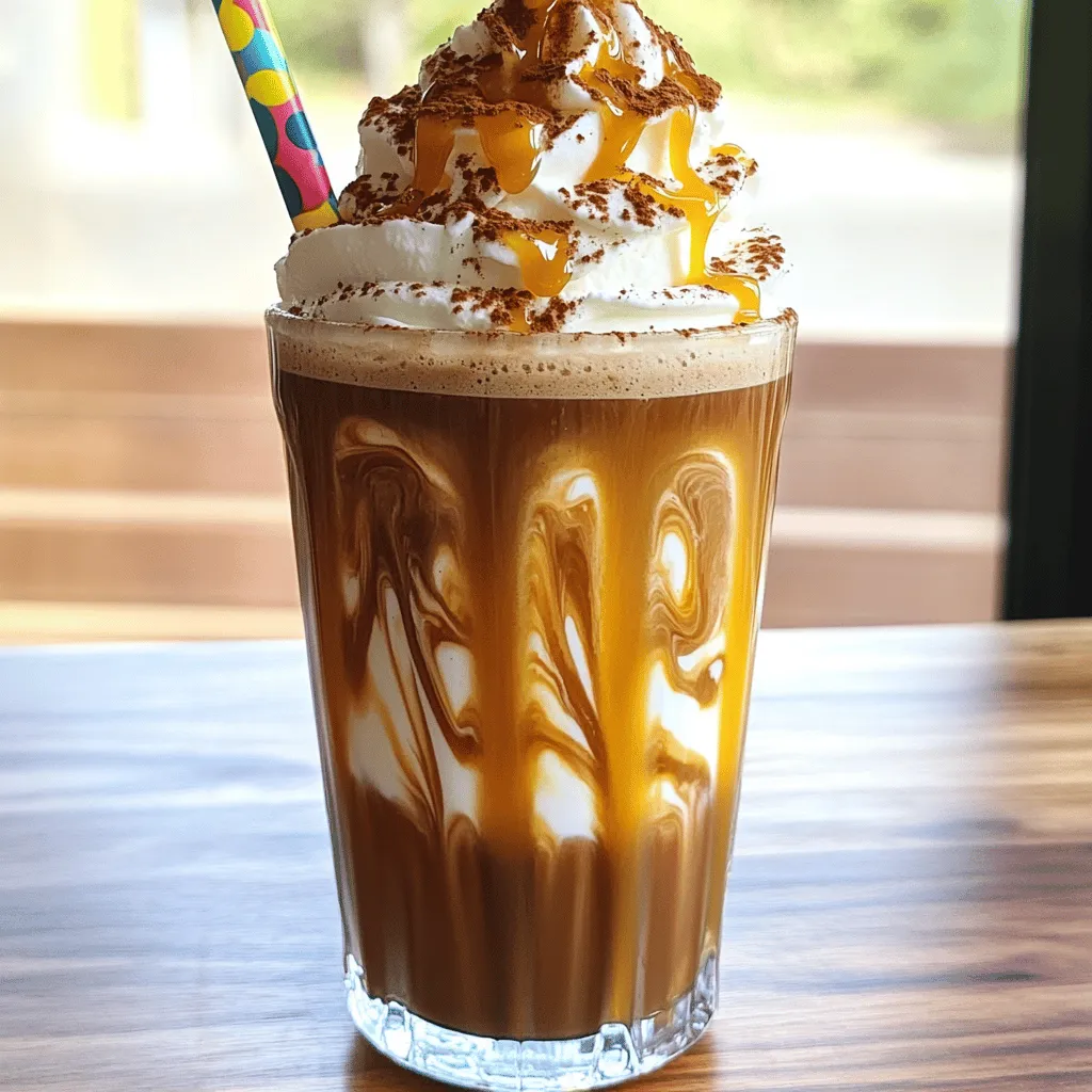 To make a Mocha Caramel Frappuccino, you need these main ingredients: - 1 cup brewed coffee, cooled - 1 cup milk (dairy or non-dairy) - 1/4 cup caramel sauce, plus extra for drizzling - 2 tablespoons cocoa powder - 2 tablespoons sugar (adjust to taste) - 2 cups ice - Whipped cream for topping - A pinch of sea salt (optional) These ingredients blend together to create a rich and creamy drink. The coffee gives you a caffeine boost. The cocoa powder adds chocolate flavor, and the caramel sauce brings sweetness. You can mix and match these to make the drink just right for you. You can also add a few optional ingredients to make your drink unique: - Flavored syrups like vanilla or hazelnut - Extra chocolate chips for a richer taste - A sprinkle of cinnamon for warmth - Different types of milk like almond or oat Feel free to get creative! Each option changes the taste and makes it your own. Selecting the right coffee is key. Use a strong brew for the best flavor. Cold brew works great, but any strong coffee will do. For milk, you can use whole, skim, or any non-dairy type. Almond milk adds a nutty flavor, while oat milk is creamy. Experiment with different types to find your favorite combination. For the full recipe, make sure to check the instructions. Enjoy crafting your own Mocha Caramel Frappuccino! To start, gather your ingredients. You will need brewed coffee, milk, caramel sauce, cocoa powder, sugar, and ice. Pour one cup of cooled brewed coffee into a blender. Add one cup of milk. You can use dairy or non-dairy milk based on your taste. Next, add 1/4 cup of caramel sauce for sweetness. Then, include 2 tablespoons of cocoa powder for that rich chocolate flavor. Adjust the sugar to your liking; usually, 2 tablespoons works well. Finally, toss in 2 cups of ice. This mix will create a nice cold drink. Now, it’s time to blend! Start the blender on high speed. Watch as the mixture turns smooth and frothy. Make sure the ice is finely crushed. This step is key for a creamy frappuccino. If it seems too thick, add a splash more milk. If you want it sweeter, add more sugar. Blend again briefly to mix it well. Taste it and see if it’s perfect for you. Once blended, it’s time to serve! First, drizzle some caramel sauce inside your serving glasses. Rotate the glass to create nice swirls. This adds a lovely touch. Pour the creamy frappuccino into the glasses. Top with a generous amount of whipped cream. Drizzle more caramel sauce on top. For a fun twist, sprinkle a pinch of sea salt over the whipped cream. This enhances the flavor beautifully. Serve with a straw in a tall glass and enjoy your mocha caramel frappuccino! To get that light and airy froth, you need to blend well. Start with ice and liquid. Add the ice first, then pour in the milk and coffee. This helps break down the ice faster. Blend on high speed until you see a thick foam form. If it's too thin, blend a bit longer. You want a creamy texture, like a milkshake. Sweetness is key to this drink. Start with the sugar in the recipe. Blend, then taste. If you want it sweeter, add more sugar, but do it slowly. You can also try flavored syrups. Caramel and vanilla work great. Just remember to blend after each addition. This helps mix flavors well and gives you the best result. One mistake is not blending long enough. If the ice is chunky, your drink won't be smooth. Another mistake is adding too much caramel at once. It can make your drink too sweet. Mix in small amounts. Lastly, forget the sea salt at your own risk! It adds a nice contrast to sweetness. Just a pinch can elevate the flavor. For more tips, check out the [Full Recipe]. {{image_2}} You can easily make a dairy-free or vegan Mocha Caramel Frappuccino. Just swap regular milk for a non-dairy option. Almond milk, coconut milk, or oat milk work great. These milks keep the flavor smooth and creamy. Also, check the caramel sauce. Some brands use milk, so look for vegan options. This change ensures everyone can enjoy your delicious drink. Want to make your frappuccino even more exciting? Add flavors like mint or hazelnut! A few drops of mint extract can give it a fresh twist. For a nutty flavor, add hazelnut syrup. These additions make your drink unique and fun. You can try other flavors too, like vanilla or coffee. Just remember to balance the flavors, so they don’t overpower the mocha and caramel. Iced or blended? It’s all about preference! An iced version keeps it refreshing and simple. Just pour the coffee and milk over ice, then add syrup. Stir it well, and you’re ready to go. A blended frappuccino is thicker and creamier. The ice blends to a smooth texture, making it a treat. Choose what suits your mood. Both options taste amazing and are easy to make. If you have any frappuccino left, store it in the fridge. Use a covered container. The frappuccino tastes best fresh, but it can stay good for about two days. Shake it well before drinking. If it seems thick, you may want to add a splash of milk or coffee. For the ingredients, keep them in the right spots. Store milk in the fridge, and make sure it is sealed. Coffee should stay in a cool, dark place. Caramel sauce can go in the pantry or fridge. Just keep it tightly closed. Cocoa powder lasts well in a jar in the pantry. Reheat any leftover frappuccino gently. Use a microwave-safe cup and heat for 30 seconds. Stir well after heating. If you want it cold again, add ice to a blender and blend. You can make it smooth again by mixing it for a short time. This way, your frappuccino stays tasty and refreshing. For more details, check the Full Recipe. You can find Mocha Caramel Frappuccino at many coffee shops. Popular chains like Starbucks serve it. You might also see it in local cafes. Some stores sell pre-made versions in bottles. Check the refrigerated section for ready-to-drink options. The Mocha Caramel Frappuccino offers some benefits. Coffee can boost your energy and focus. Cocoa contains antioxidants, which are good for your health. Milk adds calcium for strong bones. Caramel gives you a quick energy boost. However, enjoy it in moderation, as it's sweet. Yes, you can prepare the Mocha Caramel Frappuccino ahead of time. Blend the drink and store it in the fridge. Stir well before serving. Keep in mind that it may separate a bit. You can also prep the ingredients in advance for quick blending later. This recipe makes two servings. You can easily double it for a party. Just blend more ingredients together for extra fun. Serve it in tall glasses for a nice touch. Absolutely! You can use any milk you like. Dairy, almond, oat, or coconut milk all work well. Choose what fits your taste or dietary needs. Each type will add a unique flavor to your frappuccino. Yes, you can adjust the sweetness. Start with less sugar and taste it. Add more if needed. You can also skip the caramel drizzle to cut back on sugar. This way, you keep the coffee flavor strong. Of course! Get creative with toppings. You can add chocolate shavings, nuts, or extra whipped cream. A sprinkle of cinnamon or nutmeg can add warmth too. Make it your own and have fun with it! You only need a blender for this recipe. A tall glass for serving is also great. If you want to drizzle caramel perfectly, a squeeze bottle helps. This makes it easy to create beautiful designs. This drink is quick to make. You’ll spend about ten minutes total. This includes prep and blend time. It’s perfect for a quick treat or a special occasion. Yes, you can easily make a smaller batch. Just cut the ingredients in half. This way, you can enjoy a single serving without waste. You learned about making a Mocha Caramel Frappuccino, from ingredients to storage. I shared tips for the best flavor and consistency. You can customize it to fit your taste or diet. Remember to avoid common mistakes for a perfect drink. Enjoy experimenting with flavors and making this treat your own. Get creative and have fun in the kitchen! The world of Frappuccinos is yours to explore.