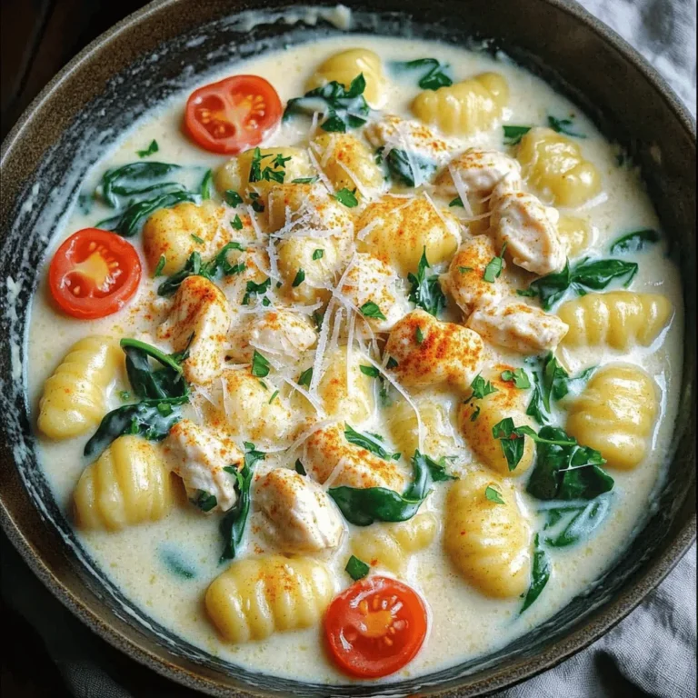 In this dish, we use simple, fresh ingredients that come together to create a flavorful meal. Here's a detailed breakdown of each ingredient and some tips for substitutions. - 1 pound gnocchi: You can use store-bought gnocchi for ease or make your own for a fun twist. If you want a gluten-free option, look for gluten-free gnocchi made from potatoes or rice. - 2 boneless, skinless chicken breasts, diced: Chicken thighs work well too, offering more flavor and moisture. For a vegetarian option, try using chickpeas or mushrooms. - 1 tablespoon Cajun seasoning: This spice mix gives the dish its signature kick. If you don’t have Cajun seasoning, you can make your own with paprika, cayenne pepper, garlic powder, and thyme. - 1 tablespoon olive oil: Olive oil adds a nice flavor and helps cook the chicken. You can substitute it with canola oil or butter if needed. - 1 cup heavy cream: Heavy cream makes the sauce rich and creamy. If you want a lighter version, you can use half-and-half or coconut milk. - 1 cup chicken broth: This adds depth to the sauce. Vegetable broth works well if you want a meat-free option. - 1 cup cherry tomatoes, halved: These provide a pop of sweetness and color. Regular tomatoes can be used, but cherry tomatoes are sweeter and juicier. - 1 cup spinach leaves: Spinach adds nutrients and color. Kale or Swiss chard can be good substitutes if you prefer. - 1/2 cup grated Parmesan cheese: This cheese adds a salty, nutty flavor. You can use Pecorino Romano for a sharper taste or nutritional yeast for a vegan option. - 2 cloves garlic, minced: Garlic boosts flavor. You can use garlic powder if you don’t have fresh garlic. - Salt and pepper to taste: Always season to your liking! You can add more Cajun seasoning for extra heat. - Fresh parsley, chopped (for garnish): Parsley adds freshness and color. If you don’t have parsley, try basil or cilantro. These ingredients come together to make a delicious meal that is both satisfying and full of flavor. For the full recipe, check out the link to see how to prepare this dish step-by-step. To start, take a large pot and fill it with salted water. Bring the water to a boil. Once it bubbles, add the gnocchi. If you use store-bought gnocchi, follow the package instructions. It usually takes about 2-3 minutes for them to float to the top. This means they are ready! Drain them and set aside. If you choose homemade gnocchi, ensure it's rolled and cut evenly. This helps them cook evenly and taste great. Next, grab a large skillet and heat some olive oil over medium heat. Dice your chicken breast into bite-sized pieces. Sprinkle Cajun seasoning over the chicken. This adds a lot of flavor. Cook the chicken for about 5-7 minutes. Look for a golden brown color. This browning adds depth to the dish. Once cooked, take the chicken out of the skillet and set it aside. In the same skillet, add minced garlic and halved cherry tomatoes. Sauté them for about 2 minutes until the tomatoes soften. This step makes the sauce vibrant. Now, pour in the heavy cream and chicken broth. Stir well. Let this simmer for 3-4 minutes. It should thicken a bit. This creamy sauce is the heart of your dish. Now it’s time to combine everything. Add the cooked gnocchi and chicken back into the skillet. Toss in fresh spinach as well. Stir everything together until the spinach wilts. This should take just a minute. Make sure every piece of gnocchi and chicken gets covered in the sauce. Finally, stir in grated Parmesan cheese. Season with salt and pepper to taste. Cook for another 2 minutes to blend all the flavors. If you want the full recipe, check out the section above. To get that perfect creamy texture, use heavy cream. It adds richness and smoothness. When you heat the cream, stir it gently. This helps it blend well with the chicken broth. Avoid boiling the sauce. A gentle simmer is best for thickening without curdling. To avoid clumping of gnocchi, cook it in boiling, salted water. Once the gnocchi floats, it’s ready. Quickly drain and rinse it with cold water. This keeps it from sticking together. Toss the gnocchi with a bit of olive oil before adding it to the sauce. One common pitfall is overcooking the chicken. It can become dry and tough. Cook until it's golden brown, about 5-7 minutes. Always check that it's cooked through by cutting it open. If it's no longer pink, it's ready! When adjusting seasonings, taste as you go. If the dish is too spicy, add more cream or broth to cool it down. If it's bland, add more Cajun seasoning or salt. Remember, you can always add more, but you can't take it away. For side dishes, a simple green salad works well. It adds freshness and crunch. Garlic bread also complements the creamy sauce nicely. As for drinks, a chilled white wine pairs great with this dish. A Sauvignon Blanc or a light Chardonnay will balance the flavors. For a non-alcoholic option, try sparkling water with a slice of lemon. It refreshes the palate after each rich bite. For the full recipe, check out the main article. {{image_2}} You can easily make this dish vegetarian. Simply swap the chicken for diced mushrooms or tofu. Both options add a nice texture. If you choose mushrooms, use a mix of cremini and shiitake for a rich flavor. For tofu, press it to remove excess moisture before cooking. Adjust the cooking process slightly. Sauté the mushrooms or tofu until golden brown. After that, continue with the sauce and gnocchi as usual. For spices, try smoked paprika or Italian herbs. These will give depth without the meat. You can even add some nutritional yeast for a cheesy flavor. To make this dish gluten-free, look for gluten-free gnocchi. These are often made from potato or rice flour. They cook just like regular gnocchi. Check the package for cooking times. You may also want to use gluten-free chicken broth. This keeps the dish safe for those with gluten sensitivities. Watch out for sauces and seasonings. Some may contain gluten. Always read the labels to be sure. Want more heat? You can add extra Cajun seasoning. A teaspoon or two should do the trick. If you love spice, consider adding diced jalapeños or a splash of hot sauce. For a twist on the Cajun flavor, try adding cayenne pepper or crushed red pepper flakes. These spices enhance the heat and give a different flavor profile. Feel free to experiment with these options. Each variation brings a new taste to this creamy delight. For the complete recipe, check the [Full Recipe]. To keep your Creamy Cajun Chicken Gnocchi fresh, use airtight containers. Store the dish in the fridge. Make sure it cools down first. This helps keep the flavors intact. I recommend using glass containers. They are safe for both storage and reheating. When you reheat, aim for gentle warmth. Use a skillet over low heat for best results. Stir often to avoid burning. If it seems dry, add a splash of chicken broth. This will help bring back that creamy texture. Microwaving is quick, but be cautious. Use a covered dish to trap moisture. Can you freeze Creamy Cajun Chicken Gnocchi? Yes, you can! To freeze, let it cool completely first. Place it in a freezer-safe container. It will last up to three months. When ready to eat, thaw it overnight in the fridge. Reheat gently, adding a bit of liquid for creaminess. Enjoy your delicious meal anytime! Yes, you can prepare this dish ahead. Cook the chicken and sauce first. Store them separately in the fridge. When ready, reheat the sauce and add gnocchi just before serving. This keeps the gnocchi fresh and fluffy. If you need a lighter option, use half-and-half or whole milk. For dairy-free choices, try coconut cream or cashew cream. Each option will change the flavor slightly, but they work well. The chicken is done when it reaches an internal temperature of 165°F. It should look golden brown and no longer pink inside. If in doubt, cut into a piece to check. Gnocchi floats when it is cooked. This happens when the dough expands and creates air pockets. Cooking them in boiling water for 2-3 minutes is enough to see them rise. Absolutely! Frozen gnocchi is a time-saver. Just add them directly to boiling water. Cook them until they float, just like fresh gnocchi. This keeps your meal quick and easy. For the full recipe, check out the complete cooking guide. This blog post covered how to make a delicious creamy Cajun chicken gnocchi. We explored key ingredients, step-by-step instructions, and helpful tips to perfect your dish. I shared ways to tweak the recipe for different diets and storage information for leftovers. In summary, you now have all the tools to create this tasty meal. With a bit of practice and creativity, you can make it your own. Enjoy cooking and sharing this dish with friends and family!